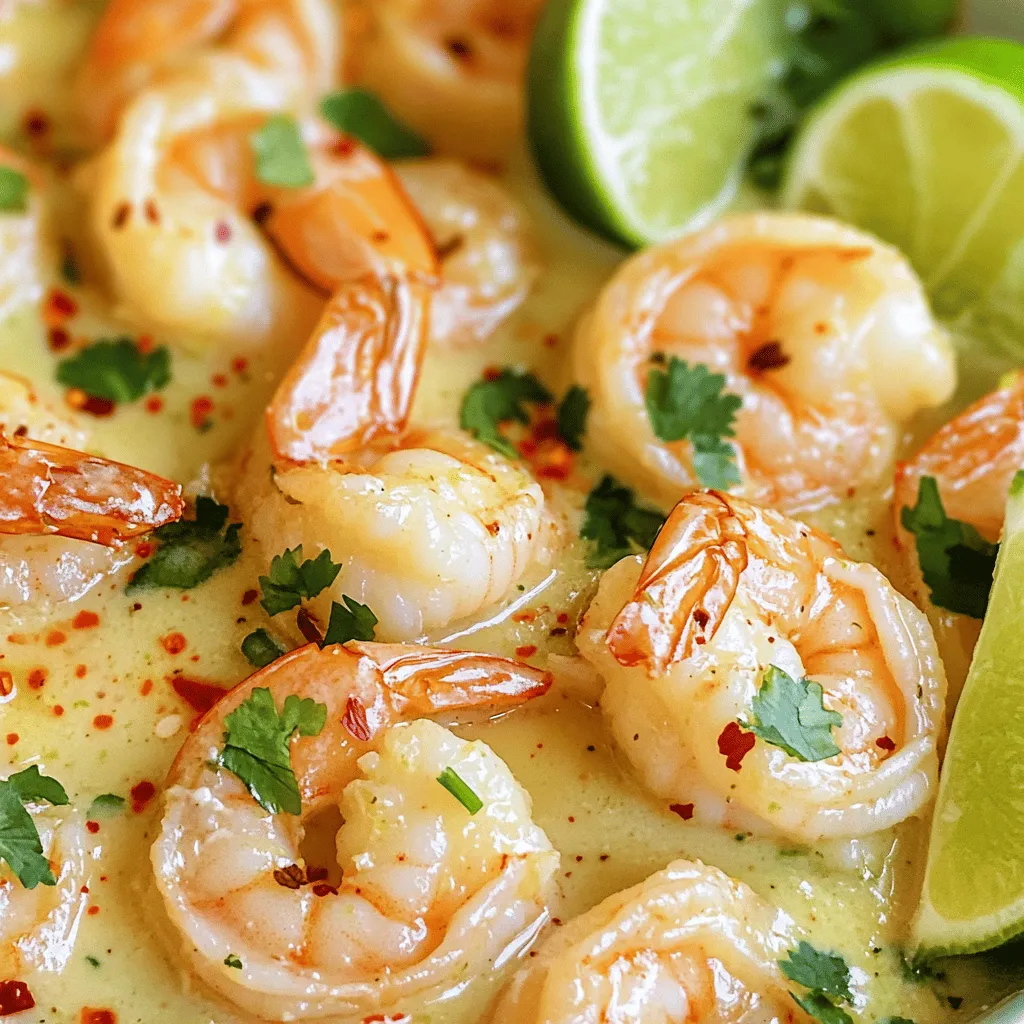 - 1 lb large shrimp, peeled and deveined - 1 cup coconut milk - 2 tablespoons fresh lime juice - 1 tablespoon lime zest - 2 cloves garlic, minced - 1 tablespoon ginger, grated - 1 tablespoon honey - 1 teaspoon red pepper flakes - Salt and pepper, to taste - 2 tablespoons fresh cilantro, chopped (for garnish) - Lime wedges (for serving) To make Coconut Lime Shrimp, gather these ingredients. Fresh shrimp makes a big difference. Look for shrimp that is firm and smells fresh, not fishy. Coconut milk adds a creamy texture and rich flavor. Use fresh limes to get the best juice and zest. Garlic and ginger bring in warm, aromatic notes. Honey adds a touch of sweetness and balances the lime's acidity. Adjust the red pepper flakes based on your taste. Salt and pepper help enhance all the flavors. Garnish with fresh cilantro for a pop of color and fresh taste. Lime wedges make a great addition for those who want more zest. This combination of ingredients makes a dish that is vibrant and full of flavor. For the full recipe, check out the details above. - Combine coconut milk, lime juice, lime zest, garlic, ginger, honey, and red pepper flakes in a bowl. - Whisk until well blended. First, grab a bowl and add your coconut milk. The creamy texture will form a great base. Next, squeeze in fresh lime juice. This adds a bright, zesty taste. Don’t forget the lime zest; it gives extra flavor and aroma. Then, add minced garlic and grated ginger for depth. A drizzle of honey sweetens the mix, while red pepper flakes give it a spicy kick. Whisk everything together until it’s smooth and well mixed. - Heat the sauce mixture in a large skillet over medium heat until it simmers. - Season shrimp with salt and pepper, then add to the skillet. Now, take a large skillet and pour in your sauce. Heat it over medium heat until you see bubbles forming. This means it is simmering and ready for the shrimp. While waiting, season your shrimp with salt and pepper. This simple step boosts the flavor. Once the sauce is hot, add the shrimp to the skillet. Make sure they’re in a single layer for even cooking. - Cook shrimp for 3-4 minutes until pink and opaque. - Adjust seasoning before serving. Cook the shrimp for about 3-4 minutes. You’ll know they’re done when they turn pink and opaque. Be careful not to overcook them, or they can get tough. After cooking, take the skillet off the heat. Let it rest for a couple of minutes to let the flavors meld. Taste the sauce and adjust the seasoning if needed. You can add more lime juice, salt, or red pepper flakes to suit your taste. For the full recipe, be sure to check the details above! To keep shrimp tender, monitor your cooking time closely. Cook shrimp for just 3-4 minutes. Look for them to turn pink and opaque. If they cook too long, they will become tough. Keep an eye on them while they sizzle in the skillet. You can adjust the lime juice and red pepper flakes to suit your taste. If you want a sharper tang, add more lime juice. For extra heat, increase the red pepper flakes. Taste the sauce as you go, and tweak it until it sings. This dish is all about balancing the flavors. Garnish your Coconut Lime Shrimp with fresh cilantro for a pop of color. Place lime wedges on the side for a fresh burst of flavor. This simple touch makes your dish look great. It also invites guests to add more lime if they like. Remember, we eat with our eyes first! {{image_2}} To give your Coconut Lime Shrimp a spicy twist, add more heat! You can toss in extra red pepper flakes, or use fresh chili peppers. Try slicing jalapeños or serranos for a fresh bite. You can also use hot sauce to amp up the flavor even more. Just remember, start small. You can always add more spice, but you can't take it out! Want to turn your shrimp dish into a pasta delight? Cook your favorite pasta while you prepare the shrimp. Once the shrimp is ready, mix it with the cooked pasta. Add a splash of coconut milk for creaminess. Top it off with lime zest and some fresh herbs. The creamy sauce will coat the pasta perfectly, making it a satisfying meal. For a light and fresh option, serve the shrimp over a salad. Use mixed greens, tomatoes, and cucumbers. Drizzle some of the coconut lime sauce on top for extra flavor. You can also add avocado slices and mango chunks for sweetness. This salad is not only tasty but also colorful and healthy. You can find the full recipe for Coconut Lime Shrimp at the beginning of this article. Enjoy experimenting with these variations! After enjoying your Coconut Lime Shrimp, store any leftovers in the fridge. Place the shrimp in an airtight container. This keeps them fresh for up to three days. Before storing, let the shrimp cool to room temperature. This helps prevent condensation and sogginess. To freeze Coconut Lime Shrimp, start by letting it cool completely. Then, transfer the shrimp into a freezer-safe bag or container. Press out as much air as possible to prevent freezer burn. You can freeze them for up to three months. When you’re ready to enjoy, thaw the shrimp in the fridge overnight. This keeps the texture nice. To keep your Coconut Lime Shrimp tasty, reheat them gently. Use a skillet over low heat. Add a splash of coconut milk or water to maintain moisture. Stir often until the shrimp are warm, but not overcooked. This way, they stay juicy and flavorful. Enjoy your meal with fresh lime wedges for a zesty touch. For the complete recipe, check the Full Recipe. Yes, you can use frozen shrimp. Just thaw them before cooking. Place the shrimp in cold water for about 15-20 minutes. This helps them defrost evenly. Once thawed, pat the shrimp dry with paper towels. This step keeps your dish from becoming watery. Coconut Lime Shrimp pairs well with many sides. Here are a few ideas: - Jasmine rice - Quinoa - Fresh green salad - Grilled vegetables - Garlic bread These sides balance the flavors of the shrimp. They also add a nice texture to the meal. This recipe is dairy-free already! The coconut milk serves as a creamy base, giving you that rich flavor without dairy. If you want more creaminess, add more coconut milk. You can also use unsweetened almond milk for a lighter option. The best way to know if shrimp are cooked is by checking their color. When shrimp turn pink and opaque, they are done. Each shrimp should curl slightly as it cooks. Avoid overcooking, as this makes them tough. Aim for about 3-4 minutes in the pan. Enjoy your Coconut Lime Shrimp 🥥! This blog post gave you a simple shrimp dish with a tropical twist. You found the key ingredients and easy steps to create a delicious meal. Remember to watch the cooking time to keep your shrimp tender. You can tweak the flavors to suit your taste, like adding more lime or spice. Finally, enjoy your leftovers by storing them correctly for later. With these tips, you can impress your family and friends with your cooking skills!