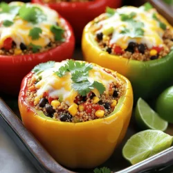- 4 medium bell peppers (any color) - 1 cup quinoa - 1 can (15 oz) black beans, rinsed and drained For stuffed bell peppers, the bell peppers are the stars. They provide a sweet crunch and bright color. You can use any color—red, yellow, or green. Each adds a unique taste. Quinoa is a great base. It is packed with protein and fiber. Black beans add heartiness and depth. They also bring a rich flavor. - 1 teaspoon cumin - 1 teaspoon smoked paprika - 1 teaspoon chili powder Spices bring your dish to life. Cumin adds warmth and earthiness. Smoked paprika gives a nice smoky flavor. Chili powder adds a bit of heat. Adjust these spices to match your taste. You can make them mild or spicy. - 1 cup shredded cheese (cheddar or your choice) - Fresh cilantro, for garnish (optional) - Lime wedges, for serving (optional) Cheese is a great topping. It melts beautifully and adds richness. You can choose cheddar or any cheese you love. Fresh herbs like cilantro add a pop of flavor. Lime wedges brighten the dish. They add a zesty touch when squeezed over the peppers. For the full recipe, see the section above. 1. Rinse the quinoa under cold water. This removes any bitter taste. 2. In a medium saucepan, combine 1 cup of quinoa and 2 cups of vegetable broth. 3. Bring this mix to a boil over high heat. 4. Once boiling, reduce heat to low. Cover and simmer for about 15 minutes. 5. The quinoa is done when it is fluffy and the liquid is absorbed. 1. Take 4 medium bell peppers and slice the tops off. 2. Remove the seeds and ribs inside the peppers. 3. Position the peppers upright in a baking dish. This helps them hold the filling. 1. In a large skillet, add a drizzle of olive oil and heat over medium. 2. Sauté 1 medium onion until it turns translucent, about 5 minutes. 3. Add 2 minced garlic cloves and cook for 1 more minute until fragrant. 4. Stir in 1 can of black beans, 1 cup of corn, and 1 cup of diced tomatoes. 5. Mix in 1 teaspoon of cumin, 1 teaspoon of smoked paprika, and 1 teaspoon of chili powder. 6. Season with salt and pepper to taste. Cook for 5 minutes to blend the flavors. 1. Combine the cooked quinoa with the filling in the skillet. Stir until mixed well. 2. Stuff each bell pepper tightly with the quinoa mixture. 3. Sprinkle 1 cup of shredded cheese on top of each stuffed pepper. 4. Cover the baking dish with aluminum foil. Bake at 375°F (190°C) for 25 minutes. 5. Remove the foil for the last 10 minutes. This lets the cheese melt and brown. 6. After baking, let the peppers cool for a few minutes. Enjoy your tasty meal! Adjusting Seasoning to Taste Finding the right taste is key. After mixing in your spices, taste the filling. Add salt or pepper as needed. You can also add a splash of lime juice for a fresh twist. This gives your dish a nice kick. Adding Extra Veggies Feel free to get creative! Chopped zucchini, diced carrots, or spinach can boost nutrition. Just sauté these veggies with the onions and garlic. This adds color and flavor to your stuffed peppers. Checking Quinoa Doneness When cooking quinoa, look for fluffy grains. The water should fully absorb after about 15 minutes. If it seems wet, let it cook a bit longer. Perfect quinoa makes for a better filling. Baking Techniques Cover your stuffed peppers with foil at first. This keeps them moist. Remove the foil in the last 10 minutes to crisp the cheese. Baking at 375°F (190°C) works best for evenly cooked peppers. Garnishes Fresh cilantro adds a nice touch. Sprinkle it on top right before serving. Lime wedges on the side give a zesty flavor that brightens each bite. Pairing Ideas Serve these stuffed peppers with a simple salad or rice. They go well with tortilla chips and salsa, too. You can enjoy them as a hearty main dish or a tasty side. Check out the Full Recipe for more ideas! {{image_2}} Ground Meat Options You can use ground meat in your stuffed bell peppers. Ground beef, turkey, or chicken work well. Cook the meat in the skillet before mixing it with the quinoa and veggies. This adds flavor and protein. Just be sure to drain any excess fat before combining. Tofu or Tempeh Substitutes If you prefer a plant-based option, tofu or tempeh is great. Crumble tofu or chop tempeh into small pieces. Sauté them with the onions and garlic for added taste. This keeps the dish healthy and full of protein. Vegan Cheese Alternatives For a dairy-free version, try vegan cheese. There are many options available now. Nutritional yeast is a tasty substitute too. Sprinkle it on top before baking for a cheesy flavor without dairy. Gluten-Free Options This recipe is naturally gluten-free with quinoa and veggies. Always check labels on canned goods to ensure they are gluten-free. You can use gluten-free grains like brown rice or millet in place of quinoa if you want a different texture. Different Grains You can switch up the grains in your stuffed peppers. Try brown rice, farro, or even barley. Each grain brings its own flavor and texture. Adjust the cooking times as needed to ensure they are fully cooked. Assorted Vegetables Feel free to add other vegetables to your filling. Chopped zucchini, spinach, or mushrooms are great choices. They add nutrients and flavor to your dish. Just make sure to cook them down a bit before mixing with the quinoa. This keeps your filling moist and tasty. For the full recipe, visit the [Full Recipe] section above. To store leftover stuffed bell peppers, place them in a sealed container. Make sure the peppers cool down first. You can keep them in the fridge for about 3 to 5 days. When you want to eat them, just take them out. It’s best to reheat in the oven or microwave. For keeping them fresh, wrap each pepper in plastic wrap or foil. This will help prevent them from drying out. If you notice any moisture, it’s good to let them breathe a bit before sealing them. If you want to save stuffed bell peppers for later, freezing is a great option. First, let them cool completely. Then, wrap each one tightly in plastic wrap. After that, place them in a freezer-safe bag or container. They can last in the freezer for up to 3 months. When you’re ready to eat them, thaw in the fridge overnight. For reheating, put them in the oven at 350°F (175°C) for about 30 minutes. You can also microwave them, but the oven keeps the peppers nice and firm. Follow the Full Recipe to make sure they come out just right! Yes, you can make stuffed bell peppers ahead of time. Prepare the filling and stuff the peppers. Then, cover them and keep them in the fridge for up to two days. When you're ready to eat, just bake them. This saves time on busy days. To prevent soggy peppers, cook the quinoa with less broth. Also, bake the peppers uncovered for part of the time. You can also pre-bake the empty peppers for about 10 minutes before filling them. This helps them hold their shape and stay firm. Stuffed bell peppers pair well with a side salad or rice. You can also add a dollop of sour cream or yogurt on top. Fresh salsa or guacamole adds a nice touch too. These options enhance the meal and provide more flavor. Yes, you can use different types of peppers. Green, yellow, or red bell peppers all work well. You can even try poblano or banana peppers for a twist. Just make sure they are large enough to hold the filling. Leftovers of stuffed bell peppers last about three to four days in the fridge. Store them in an airtight container to keep them fresh. You can reheat them in the oven or microwave. Enjoy them again with the same great flavor! Stuffed bell peppers are tasty, healthy, and easy to make. We covered key ingredients like quinoa, black beans, and spices. You learned how to prep, cook, and store your stuffed peppers. Don’t hesitate to try different flavors or add-ons to match your taste. The beauty of this dish lies in its flexibility. Enjoy experimenting and share your creations with friends. Delicious meals can nourish both body and spirit.