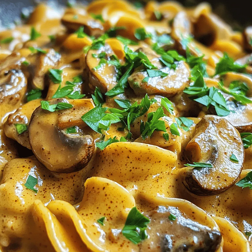 - Pasta Options: You can use 12 oz of wide whole wheat noodles or gluten-free pasta. - Aromatics: Use 1 medium onion, finely chopped, and 3 cloves of minced garlic for great flavor. - Mushroom Varieties: Choose 16 oz of mixed mushrooms like button, shiitake, and cremini. - Creamy Elements: You’ll need 1 cup of coconut milk or any unsweetened plant-based cream. - Soy sauce: Use 1 tablespoon of soy sauce or tamari for a gluten-free option. - Herbs and spices: Add 1 teaspoon of smoked paprika and 1 teaspoon of dried thyme. - Salt and pepper: Adjust these to taste for the perfect seasoning. - Fresh parsley: Chop some fresh parsley for a bright garnish. - Optional toppings for serving: Consider adding toasted nuts or nutritional yeast for extra flavor. This dish is rich in flavor and keeps you full. The mix of mushrooms adds depth, while the creamy sauce makes every bite special. If you want to make this meal, check out the Full Recipe for all the details! Start by boiling a large pot of water. Add a good pinch of salt. This step is key for flavor. Once boiling, add your pasta. Cook for about 8-10 minutes for wide noodles. Stir occasionally to prevent sticking. You want it al dente, which means firm to the bite. Drain the pasta and set it aside. In a large skillet, heat one tablespoon of olive oil over medium heat. Add the chopped onion and stir. Cook until it turns translucent, which takes about 5 minutes. Then, add the minced garlic. Cook for another 1-2 minutes until it smells great. This mix adds a strong base for your dish. Next, add your sliced mushrooms to the skillet. Cook them for about 7-8 minutes. Stir often until they turn golden brown and release their moisture. This step enhances their flavor. Now, stir in soy sauce, smoked paprika, and dried thyme. Cook for another 2 minutes to blend the flavors. Pour in the vegetable broth and bring it to a gentle simmer. Then, add the coconut milk and heat through for about 3-4 minutes. To thicken the sauce, mix one tablespoon of cornstarch with two tablespoons of water. Add this mix to the skillet. Stir quickly, and the sauce will thicken in about 2-3 minutes. Don’t forget to season with salt and pepper to taste. Now it’s time to bring everything together. Add the cooked pasta to the mushroom sauce. Gently mix it so every noodle gets dressed in that creamy goodness. Allow it to heat through for another minute. When ready to serve, plate the stroganoff hot. Garnish with fresh chopped parsley for a colorful touch. This dish is not just tasty; it looks good too! For the full recipe, check the earlier section. To make your stroganoff shine, avoid a watery sauce. Start by cooking the mushrooms over medium heat until they brown. This helps release moisture. The goal is to let their juices evaporate. The result is a rich and creamy sauce. Next, achieve the best flavor balance. Use fresh ingredients. A mix of button, shiitake, and cremini mushrooms gives depth. Add smoked paprika and thyme for a warm, earthy taste. Taste as you go. Adjust seasoning with salt and pepper to match your palate. For sautéing, a large non-stick skillet works best. It makes cooking easier and helps prevent sticking. A good skillet heats evenly and allows you to brown the mushrooms well. Essential utensils for this recipe include a wooden spoon for stirring and a whisk for mixing the cornstarch. A large pot is also needed for boiling the pasta. Having these tools ready will make cooking smooth and fun. One common mistake is overcooking the pasta. Follow the package instructions closely. Aim for al dente, as the pasta will continue to cook when mixed with the sauce. Another mistake is under-seasoning the sauce. Flavor is key to a great stroganoff. Don’t be shy with the salt and pepper. Taste often to ensure the sauce is rich and tasty. {{image_2}} You can try different mushrooms for your vegan mushroom stroganoff. Button mushrooms are common, but shiitake and cremini add unique flavors. For a meaty texture, consider using oyster mushrooms. They have a chewy bite that mimics meat. You can also mix various types to create depth in flavor. If you want more protein, try adding tempeh or seitan. These options give a hearty feel to the dish. If you need a gluten-free option, many pasta varieties are available. Look for gluten-free noodles made from rice or lentils. They work well in this recipe and cook nicely. For thickening, use cornstarch or arrowroot powder instead of regular flour. Mix it with water to create a slurry before adding it to your sauce. This will help keep your stroganoff creamy and thick. Adding veggies boosts nutrition and flavor. Consider spinach, kale, or peas for color and health benefits. Broccoli or bell peppers can also add crunch and sweetness. When adding veggies, adjust the cooking time. If you add quick-cooking vegetables like spinach, toss them in during the last minute. For firmer veggies like carrots, add them earlier to ensure they cook through. Check out the Full Recipe to see how these variations can fit into your dish! Store your vegan mushroom stroganoff in an airtight container. Glass or plastic containers work well. Make sure to let it cool before sealing. This helps keep it fresh. You can keep it in the fridge for up to five days. If you want to store it longer, freeze it. It can last in the freezer for about three months. To reheat, use a skillet on low heat. Stir gently to avoid burning. You can also use a microwave. If using a microwave, heat in short bursts. Check and stir often to keep it moist. If the sauce looks thick, add a splash of vegetable broth or water. This helps refresh the sauce consistency. In the fridge, your stroganoff stays fresh for about five days. Signs that it has spoiled include a sour smell or strange texture. If it looks off or you see mold, toss it out. Always trust your nose and eyes! Vegan Mushroom Stroganoff is a creamy, savory dish that replaces meat with delicious mushrooms. It features wide noodles coated in a rich sauce made from coconut milk, vegetable broth, and spices. The dish is hearty and satisfying, perfect for any meal. You will taste the umami from the mushrooms, which adds depth to each bite. Plus, it’s easy to make and great for gatherings or weeknight dinners. Yes, you can use various types of pasta for this dish. Consider these options: - Whole wheat noodles for added fiber. - Gluten-free pasta if needed. - Zucchini noodles for a low-carb choice. Each option brings a unique texture and taste to the meal. The total time for Vegan Mushroom Stroganoff is about 30 minutes. Here is the breakdown: - Prep time: 10 minutes. - Cook time: 20 minutes. This recipe serves four people, making it great for a family or meal prep. Yes, Vegan Mushroom Stroganoff is a healthier choice than traditional stroganoff. It has fewer calories and less fat. Mushrooms are high in vitamins and minerals. You can make it even healthier by: - Reducing the amount of coconut milk. - Adding more vegetables like spinach or bell peppers. These changes can boost the nutrition while still keeping the taste delicious. In this blog post, we covered how to make a delicious vegan mushroom stroganoff. We explored essential ingredients like pasta, mushrooms, and creamy elements. The step-by-step instructions helped you prepare the dish easily. We also shared tips, variations, and storage information to enhance your cooking experience. By following these guidelines, you can create a flavorful meal that satisfies your cravings. Enjoy experimenting with different ingredients and make this dish your own!