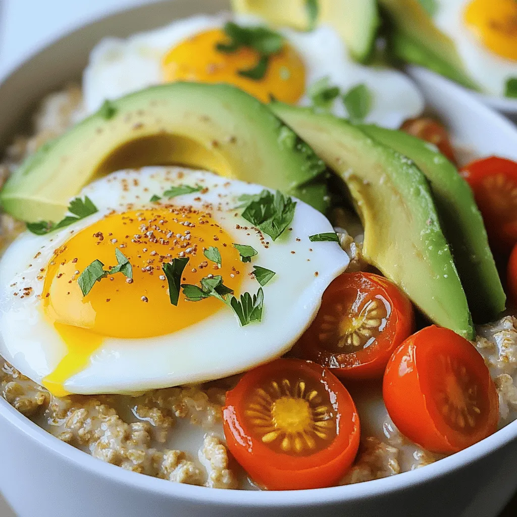 - 1 cup rolled oats - 2 cups vegetable broth (or water) - 2 large eggs Savory oatmeal is simple and healthy. The rolled oats form the base. They cook up creamy and rich. The vegetable broth adds flavor and warmth. You can use water if you prefer. The eggs provide protein and texture. - 1 avocado, sliced - 1 cup cherry tomatoes, halved - Fresh parsley, chopped Toppings make the dish special. Sliced avocado adds creaminess. Cherry tomatoes bring a pop of color and flavor. Fresh parsley gives a bright finish. Feel free to get creative with your toppings! - 2 tablespoons nutritional yeast - 1 tablespoon olive oil - 1 teaspoon garlic powder - 1 teaspoon smoked paprika - Salt and pepper to taste Seasonings are key to savory oatmeal. Nutritional yeast gives a cheesy taste without dairy. Olive oil adds richness. Garlic powder and smoked paprika offer depth. Salt and pepper enhance all flavors. For the full recipe, check out the recipe section. This dish is great for breakfast or any meal! 1. In a medium saucepan, bring 2 cups of vegetable broth (or water) to a boil. 2. Add 1 cup of rolled oats, 1 teaspoon of garlic powder, 1 teaspoon of smoked paprika, and salt and pepper. Stir well. 3. Reduce the heat to a simmer. Cook for 5-7 minutes, stirring often to avoid sticking. The oats should be soft and creamy. 1. Heat 1 tablespoon of olive oil in a non-stick skillet over medium heat. 2. Crack 2 large eggs into the skillet. Cook sunny-side up for about 3-4 minutes. Season with salt and pepper. 1. Divide the cooked oatmeal into two bowls. 2. Top each bowl with one fried egg, sliced avocado, and halved cherry tomatoes. 3. Sprinkle 2 tablespoons of nutritional yeast on top. Finish by garnishing with fresh parsley. You can find the full recipe above. Enjoy your hearty breakfast! To cook great oatmeal, you can adjust the cooking time. If you like it creamy, cook it longer. If you prefer it firmer, cook it less. Stir the oats often as they cook. This helps them from sticking to the pan. You can cook the eggs in many styles. Try poaching them for a soft center. Scrambled eggs add a fluffy texture. Season your eggs well. A pinch of salt and pepper can make a big difference. You can also add herbs or cheese for more flavor. When serving, use a deep bowl for a nice look. Place the oatmeal at the bottom. Top it with a sunny-side-up egg for a pop of color. Add slices of avocado and halved cherry tomatoes on the side. This not only looks good but tastes great too. Pair your meal with a slice of whole-grain toast for a complete breakfast. For a twist, add a sprinkle of hot sauce or a drizzle of olive oil. Don't forget to check the Full Recipe for more tips! {{image_2}} You can boost your savory oatmeal with protein. Try adding crispy bacon for a salty crunch. If you prefer plant-based options, tofu works well too. Simply cube it and sauté until golden. Cheese lovers can sprinkle feta or goat cheese on top for a creamy finish. For a vegetarian meal, this adds great flavor and texture. If you want a vegan option, use nutritional yeast for a cheesy taste without dairy. To enhance the flavor of your dish, consider adding more seasonings. A dash of hot sauce can bring heat and excitement. Fresh herbs like basil or cilantro can brighten up the meal. You can also mix in chopped spinach or bell peppers for extra nutrition. These veggies not only add color but also make the dish heartier. Get creative with your toppings! Beyond avocado and tomatoes, try roasted mushrooms or sautéed kale. You can also explore international flavors. For an Asian twist, add soy sauce, sesame oil, and scallions. Mediterranean flair can come from olives, sun-dried tomatoes, or a drizzle of balsamic glaze. Mixing these elements can make your savory oatmeal an exciting meal every time. For the full recipe, check out the detailed instructions above. To store leftovers, let your savory oatmeal cool first. Transfer it to an airtight container. This keeps moisture in and air out. I prefer glass containers, as they do not stain. Label your container with the date. It will stay fresh for about three days in the fridge. When reheating oatmeal, add a splash of water or broth. This helps restore creaminess. Use a microwave or a saucepan on low heat. If using the microwave, heat for 1-2 minutes. Stir halfway through to ensure even heating. For the stovetop, warm it gently, stirring often until hot. Eggs should be reheated on low to avoid rubberiness. Heat for about 1-2 minutes, just until warm. Yes, you can freeze savory oatmeal! Start by letting it cool. Spoon it into freezer-safe bags or containers. Flatten bags for easier stacking. Make sure to remove as much air as possible. To thaw, place it in the fridge overnight. Reheat gently as described before. Enjoy your meal anytime! Eating oatmeal and eggs together packs a powerful punch. Oatmeal gives you fiber. It keeps you full and helps digestion. Eggs offer protein, which builds muscles and repairs tissues. Together, they create a balanced meal. This combo also provides essential vitamins and minerals. You get B vitamins from oats and vitamin D from eggs. Eating them boosts energy and supports your mood. It is a great start to your day. You can make savory oatmeal your own in many ways. Start by changing the broth. Use chicken broth for a richer flavor. Add spices you love, like chili flakes or cumin. You can also mix in vegetables. Spinach, mushrooms, and bell peppers work well. If you want more protein, try adding bacon or tofu. For a crunchy top, sprinkle seeds or nuts. Experiment with different toppings to find your favorite. Yes, you can make savory oatmeal ahead of time! Cook a big batch and store it in the fridge. Use an airtight container for the best results. It stays good for about three to five days. For meals, just reheat it in the microwave. Add a splash of water to keep it moist. If you want eggs, cook them fresh to keep them tasty. Meal prepping makes breakfast easy and quick. For the complete recipe, check the Full Recipe section. This blog post showed you how to create a savory oatmeal dish. We covered the main ingredients, like oats and eggs, and explored various toppings and seasonings. You learned step-by-step instructions for cooking and assembling your meal. We also shared tips for perfect oatmeal and eggs, along with storage and reheating advice. Now, it's time to experiment with flavors and toppings. Customize this dish to make it your own. Enjoy your tasty and healthy meal!
