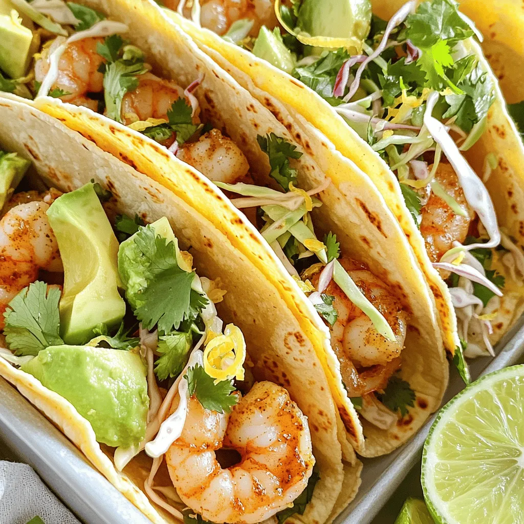 To make Zesty Lemon Garlic Shrimp Tacos, you need fresh, simple ingredients. Here’s what you will need: - 1 lb large shrimp, peeled and deveined - 3 tablespoons olive oil - 4 cloves garlic, minced - Zest and juice of 2 lemons - 1 teaspoon smoked paprika - 1 teaspoon cumin - Salt and pepper to taste - 8 small corn tortillas - 1 cup shredded cabbage - 1 avocado, sliced - Fresh cilantro, for garnish - Lime wedges, for serving For the shrimp, I recommend using large shrimp. They cook well and have a great texture. If you can find wild-caught shrimp, that’s even better. It supports sustainable sourcing and adds more flavor. When it comes to garnishes, feel free to get creative. You can add sliced radishes, diced tomatoes, or even a drizzle of spicy sauce. Each of these will add a unique touch to your tacos. Check out the full recipe for more details on preparation and cooking. Enjoy crafting a dish that brings bold flavors to your table! To start, grab a medium bowl. Combine the shrimp with olive oil, minced garlic, lemon zest, lemon juice, smoked paprika, cumin, salt, and pepper. Mix well to coat the shrimp evenly. This marinade brings out great flavors. For best results, let the shrimp marinate for 15 to 20 minutes. This time allows the shrimp to soak up all the tasty goodness. Next, heat a large skillet over medium-high heat. Make sure it's hot before adding the shrimp. Lay the marinated shrimp in a single layer. Cook them for about 2 to 3 minutes on each side. Look for the shrimp to turn pink and opaque. This means they are done. Remove them from the heat to avoid overcooking. Now, it’s time to put your tacos together! Warm the corn tortillas in a separate skillet or microwave until they are soft and flexible. Start by placing a handful of shredded cabbage on each tortilla. Then, add a few shrimp on top. Finish with sliced avocado and fresh cilantro for a nice touch. Serve your tacos right away and don’t forget the lime wedges on the side for that zesty kick. For the full recipe, check the [Full Recipe]. Skillet temperature matters. A hot skillet helps the shrimp cook fast. This keeps them juicy. If your skillet is cold, shrimp will steam, not sear. You want a nice golden color. To avoid overcooking shrimp, watch them closely. Cook for just 2-3 minutes per side. When they turn pink and curl, they are done. Remove them right away. Overcooked shrimp become rubbery and lose flavor. Try adding spices like chili powder or cayenne for heat. Paprika gives a mild smokiness, while cumin adds depth. Fresh herbs like parsley or dill can brighten the dish. If you want a milder taste, skip the spices. You can add a touch of honey to balance the lemon's tartness. This gives a sweet flavor that works well with shrimp. Pair these tacos with fresh corn salad or black beans. A cold drink, like a limeade or light beer, complements the zesty flavors. For meal prep, stack the shrimp and tortillas separately. This keeps everything fresh. When serving, arrange tacos on a platter. Add lime wedges and cilantro for a colorful touch. For the full recipe, check out the complete instructions above. {{image_2}} You can switch shrimp with other seafood. Try fish like tilapia or cod. For meat lovers, chicken or pork works well too. If you want a vegetarian option, use grilled mushrooms or roasted cauliflower. Both add great texture and flavor. If you need gluten-free tacos, use corn tortillas. They taste great and hold the filling well. For a low-carb option, use lettuce wraps instead of tortillas. This keeps your meal light and fresh. Try different marinades for a twist. A honey soy sauce mix adds sweetness. You can also use a spicy chipotle marinade for heat. In summer, add seasonal ingredients like fresh corn or diced tomatoes. These make the dish even brighter and tastier. To store leftover shrimp tacos, place them in an airtight container. Refrigerate them right away. The tacos stay fresh for up to two days. After that, the shrimp may lose flavor and texture. If you want to freeze shrimp tacos, separate the shrimp from the tortillas and toppings. Place the shrimp in a freezer-safe bag. Seal it tightly, removing as much air as possible. You can freeze them for up to three months. For thawing, move the shrimp to the fridge overnight. This will keep them safe and tasty. Reheat shrimp in a skillet over low heat. This method helps keep them juicy. Avoid using a microwave, as it can make the shrimp rubbery. Warm the tortillas in a pan or microwave just until soft. This keeps the texture nice. Enjoy your tacos with fresh toppings for the best taste! For the full recipe, check out the detailed instructions above. Perfectly cooked shrimp turn pink and curl slightly. They should feel firm to the touch. If shrimp look gray or have a translucent color, they need more time. Common mistakes include cooking shrimp too long, making them tough. Always check for those signs to avoid overcooking. Yes, you can. Store the marinade in an airtight container in the fridge. It keeps well for up to two days. When ready, just add the shrimp and marinate. Aim for at least 15 minutes for best flavor. Longer marinating can intensify the taste but avoid overdoing it. Great options include rice, beans, or a fresh salad. You can also serve tortilla chips with salsa for crunch. Consider pairing with a refreshing drink like limeade or iced tea. These sides create a balanced and tasty meal. In summary, this guide covered everything you need for Zesty Lemon Garlic Shrimp Tacos. I detailed essential ingredients, marinating and cooking techniques, along with assembly tips. You learned how to enhance flavors, try variations, and store leftovers effectively. Making these tacos is easy and fun. Enjoy the fresh taste and share them with family. You’ll impress everyone with this dish! Cooking should be tasty and simple, so dive in and savor every bite.