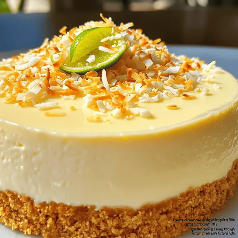To make a creamy coconut lime cheesecake, gather these key ingredients: - 1 ½ cups graham cracker crumbs - ⅓ cup unsweetened shredded coconut - ½ cup unsalted butter, melted - 2 cups cream cheese, softened - 1 cup sour cream - ¾ cup granulated sugar - 3 large eggs - Zest of 2 limes - ⅓ cup fresh lime juice - 1 teaspoon vanilla extract - Toasted coconut flakes for garnish These ingredients create the perfect blend of flavors. The cream cheese gives a rich base, while the lime adds a bright twist. The coconut enhances the flavor and gives great texture. You can easily swap ingredients to create new flavors. Here are some fun ideas: - Use chocolate cookie crumbs instead of graham cracker crumbs for a chocolate crust. - Replace lime with lemon or orange juice for a citrus twist. - Add fruit purees like raspberry or strawberry for a fruity cheesecake. - Use Greek yogurt instead of sour cream for a tangy twist. These changes let you experiment with tastes while keeping the creaminess. Sometimes you may not have all ingredients on hand. Here are some common substitutions: - If you lack unsalted butter, use margarine or coconut oil. - Cream cheese can be replaced with mascarpone cheese for a softer texture. - If you need a dairy-free option, use coconut cream instead of cream cheese. - Granulated sugar can be swapped with honey or maple syrup for a natural sweetener. These substitutions can help you create a delicious cheesecake even if you're missing a few items. Enjoy making this dessert with what you have! For the full recipe, check here: [Full Recipe]. To start, preheat your oven to 325°F (160°C). In a medium bowl, combine: - 1 ½ cups graham cracker crumbs - ⅓ cup unsweetened shredded coconut - ½ cup unsalted butter, melted Mix until everything is well combined. Press this mixture firmly into the bottom of a 9-inch springform pan. Make sure it is even. Bake the crust for 10 minutes. After that, take it out and let it cool while you prepare the filling. In a large mixing bowl, beat together: - 2 cups cream cheese, softened - 1 cup sour cream Mix until smooth. Gradually add in: - ¾ cup granulated sugar Keep mixing until fully combined. Next, add: - 3 large eggs, one at a time Make sure to mix well after each egg. Now stir in: - Zest of 2 limes - ⅓ cup fresh lime juice - 1 teaspoon vanilla extract Mix until everything is well blended. Pour this creamy filling over your cooled crust. Use a spatula to smooth the top. Place the cheesecake in the oven and bake for 45 to 50 minutes. The edges should be set, but the center will still jiggle a bit. After baking, turn off the oven. Crack the door open and let the cheesecake cool in there for 1 hour. Once cooled, refrigerate it for at least 4 hours, or best overnight. Before serving, top with toasted coconut flakes for extra flavor. You can find the Full Recipe to follow these steps perfectly. To make a great cheesecake, follow these key tips: - Use room-temperature ingredients. This helps create a smooth filling. - Don’t overmix your batter. Mix just until smooth to avoid air bubbles. - Bake in a water bath. This keeps the cheesecake moist and prevents cracks. - Cool slowly. Let it cool in the oven to avoid sudden temperature changes. Common mistakes can ruin a cheesecake. Here are ways to avoid them: - Skip the crust shortcuts. Always make your own crust for best flavor. - Don’t open the oven door. This lets heat out and can cause cracks. - Use a toothpick. Check for doneness by inserting it into the center. - Forget the chilling time. Refrigerate at least four hours for a good set. Presentation makes a cheesecake shine. Try these ideas: - Garnish with fresh fruit. Berries or citrus slices add color and flavor. - Drizzle with sauce. Use chocolate or caramel sauce for added flair. - Serve with whipped cream. This adds creaminess and looks beautiful. - Slice neatly. Use a hot knife to get clean edges for each slice. For a delicious twist, try the full recipe for Creamy Coconut Lime Cheesecake. {{image_2}} No-bake cheesecakes are quick and easy to make. You can skip the oven and still enjoy a creamy treat. To start, you mix cream cheese with whipped cream and sugar. Pour this mixture over a crust made from crushed cookies or graham crackers. Chill it in the fridge for a few hours. Try adding flavors like chocolate, fruit, or coffee. You can even swirl in some jam for fun. These cheesecakes are great for hot days when you want a cool dessert. Vegan cheesecakes are perfect for plant-based diets. Use soaked cashews or silken tofu as the base. Blend them with maple syrup and your favorite flavors. Coconut cream can add richness and creaminess. You can use almond or coconut milk instead of dairy. For a crust, use nuts and dates for a sweet touch. These cheesecakes are just as tasty. You can make a chocolate version by adding cocoa powder or melted dark chocolate. Experimenting with flavors can make your cheesecake stand out. You can mix fresh fruits like berries or peaches into the filling. Try adding spices like cinnamon or nutmeg for warmth. For a tropical twist, use mango or passion fruit. You can also blend in melted chocolate or matcha for a unique taste. Consider layering flavors, like using a chocolate base with a vanilla swirl. The options are endless. Each variation allows you to customize the cheesecake to your liking. For a refreshing take, try the creamy coconut lime cheesecake [Full Recipe]. To keep your cheesecake fresh, store it in the fridge. Use an airtight container. If you don’t have one, wrap it tightly with plastic wrap. This keeps out air and moisture. Cheesecake can last about five days in the fridge. If you notice any changes in smell or texture, toss it out. Freezing cheesecake is great for longer storage. Wrap it tightly in plastic wrap. Then place it in a freezer-safe bag or container. This helps prevent freezer burn. Cheesecake can stay good for up to three months in the freezer. When ready to eat, thaw it in the fridge overnight. This keeps it creamy and tasty. Reheating cheesecake is simple. I recommend serving it cold. If you prefer it warm, heat a slice in the microwave for 10-15 seconds. Just be careful not to overheat it. Overheating can change the texture. Always garnish with your favorite toppings before serving. This adds flavor and looks great! For a fun twist, try the creamy coconut lime cheesecake from the Full Recipe above. You can use a regular cake pan instead. Just line the pan with parchment paper. This makes it easy to remove the cheesecake later. After baking, let it cool completely. Carefully run a knife around the edge. Then, lift the cheesecake out using the parchment. This method works well for any cheesecake, including the creamy coconut lime cheesecake. Baked cheesecakes are cooked in the oven. They have a rich, dense texture. These often use eggs, which add structure. No-bake cheesecakes are mixed and chilled. They are lighter and creamier. They usually use gelatin or whipped cream to set. Both types can be delicious and fun to make! Yes, you can use low-fat cream cheese. It will make your cheesecake lighter in calories. However, the texture may change slightly. The cheesecake might be less creamy and a bit firmer. For the best results, try using a mix of low-fat and full-fat cream cheese. This way, you get a great taste and texture. You can still enjoy a rich dessert while being mindful of your diet! This blog post covered how to make a delicious cheesecake with creamy coconut and lime. We explored essential ingredients, step-by-step instructions, and tips to get it just right. I shared fun variations like no-bake and vegan options, plus how to store your cheesecake well. Now, you can enjoy this treat and impress others with your skills. Cheesecake is versatile, so don't be afraid to mix and match flavors. With the right tips, anyone can create a cheesecake that tastes amazing!