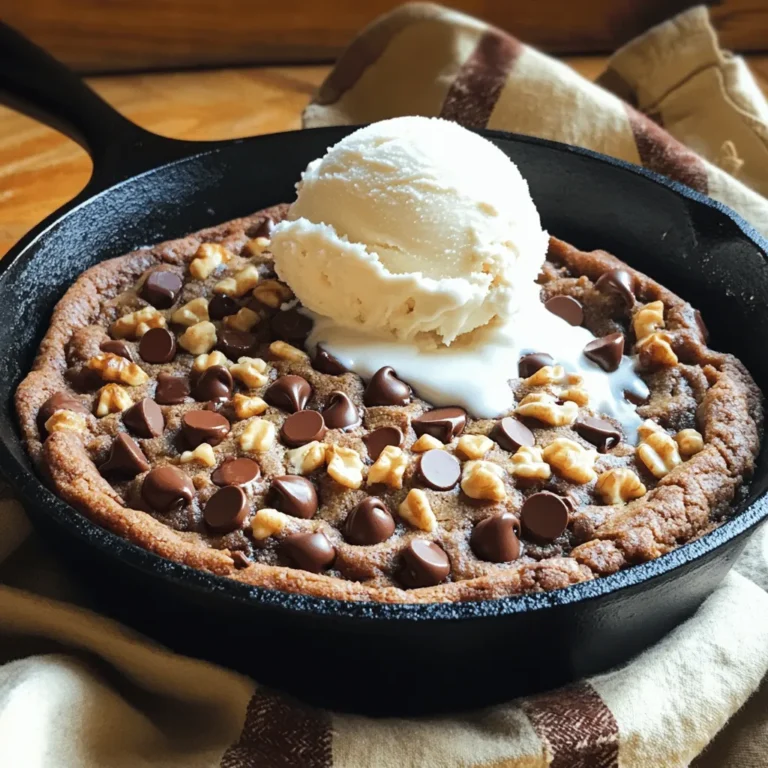 To make the best chocolate chip cookie skillet, you need: - 1 cup all-purpose flour - 1/2 teaspoon baking soda - 1/4 teaspoon salt - 1/2 cup unsalted butter, melted - 1/3 cup brown sugar, packed - 1/3 cup granulated sugar - 1 teaspoon vanilla extract - 1 large egg - 1 cup semi-sweet chocolate chips - 1/2 cup chopped nuts (optional) - Vanilla ice cream (optional) These ingredients come together to create a warm, gooey treat that everyone loves. If you need gluten-free options, swap the all-purpose flour for a gluten-free blend. This works well in most recipes. For a vegan version, use a flax egg and coconut oil instead of butter and egg. Just mix one tablespoon of ground flaxseed with three tablespoons of water and let it sit for a few minutes. For the best flavor, I recommend using Ghirardelli or Guittard chocolate chips. They melt beautifully and taste great. When it comes to butter, choose a high-quality brand like Kerrygold for rich flavor. Use organic sugars for a cleaner taste. 1. Preheat your oven to 350°F (175°C). This step is key. A hot oven makes sure your cookie cooks evenly. 2. Prep your skillet. Use a 10-inch cast-iron skillet. Grease it well with non-stick spray or butter. This keeps the cookie from sticking. 3. Mix your dry ingredients. In a medium bowl, whisk together 1 cup flour, 1/2 teaspoon baking soda, and 1/4 teaspoon salt. Set this bowl aside. 4. Mix your wet ingredients. In a large bowl, combine 1/2 cup melted butter, 1/3 cup brown sugar, and 1/3 cup granulated sugar. Stir until it looks smooth. 5. Add the egg and 1 teaspoon vanilla extract to the wet mix. Stir until it is well combined. 6. Combine dry and wet. Gradually add the dry mix to the wet mix. Stir gently until just combined. Do not overmix or your cookie will be tough. 7. Fold in chocolate chips. Add 1 cup semi-sweet chocolate chips and 1/2 cup chopped nuts if you like. Mix gently to keep the chips intact. 1. Pour the dough into your greased skillet. Spread it evenly. Use a spatula to smooth the top. 2. Bake your cookie in the preheated oven. Set your timer for 20-25 minutes. Look for golden edges and a firm center. 1. Cool your cookie. Remove the skillet from the oven. Let it cool for a few minutes. This helps it set. 2. Serve warm. For a treat, top your cookie with a scoop of vanilla ice cream. It melts slightly and adds a creamy touch. 3. Get creative with toppings. Consider adding whipped cream, chocolate sauce, or nuts for extra flavor. Enjoy your delicious cookie skillet! For the full recipe, check out the details above. To get the right texture, you need to know the difference between chewy and crispy cookies. If you want chewy cookies, use more brown sugar. This sugar adds moisture. For crispy cookies, use more white sugar. It helps create a crunch. Do not overmix your dough. When you mix too much, the cookies become tough. Mix just until the flour disappears. This keeps your cookies soft and delicious. For the best results, use a cast-iron skillet. It heats evenly and gives a nice crust. An oven-safe non-stick skillet works too. Both options help prevent sticking. Also, have a good rubber spatula and measuring cups. A rubber spatula helps you mix without overdoing it. Accurate measuring cups ensure all ingredients are perfect. Avoid underbaking and overbaking. Underbaking makes the center gooey. Overbaking dries them out. A golden brown edge and set center mean they are done. Pay attention to measuring ingredients. Too much flour can make cookies dry. Use a spoon to scoop flour, then level it off. This method gives you the right amount every time. {{image_2}} You can make your chocolate chip cookie skillet truly special with flavor add-ins. Try different types of chocolate to create unique tastes. Here are some options: - Dark chocolate chips for a rich flavor - Milk chocolate chips for a sweet touch - White chocolate chips for a creamy twist You can also add other mix-ins to boost flavor and texture: - Toffee bits for a sweet crunch - Dried fruit like cranberries or cherries for a fruity kick You can cook your skillet cookie using various methods. If you want a smoky flavor, try grilling it. Just place your skillet on the grill and cook it the same way as in the oven. For those with dietary needs, make vegan or gluten-free variations. Use coconut oil instead of butter and a flax egg in place of the regular egg. For gluten-free, swap regular flour with a gluten-free blend. Seasonal and holiday-themed cookies can add fun to your dessert table. For fall, try pumpkin spice in the batter. You can add pumpkin puree and spices like cinnamon and nutmeg. During the holidays, decorate your skillet cookie with festive toppings. Use peppermint candy or colored sprinkles for a cheerful look. These variations make your dessert more exciting and perfect for any occasion. For the complete recipe, check the [Full Recipe]. To keep your chocolate chip cookie skillet fresh, store it properly. First, let the skillet cool completely. Then, cover it tightly with plastic wrap or aluminum foil. If you have a lid for your skillet, that works too. I recommend using an airtight container for best results. This helps keep it moist and tasty. Store it in the fridge for up to five days. When you want to enjoy your leftover cookie skillet, reheating is key. Preheat your oven to 350°F (175°C). Place the skillet in the oven for about 10-15 minutes. This brings back its warm, gooey texture. If you prefer, you can use the microwave. Heat it in 15-second bursts. Keep an eye on it to avoid sogginess. If you want to keep it crispy, the oven is the best choice. Yes, you can freeze cookie skillets! To freeze, first let it cool completely. Cut it into slices for easy portions. Wrap each slice in plastic wrap, then place them in a freezer-safe bag. Press out any air before sealing. You can freeze for up to three months. To defrost, simply place a slice in the fridge overnight. When you're ready to eat, reheat it using the tips above for a delicious treat. Baking a chocolate chip cookie skillet takes about 20 to 25 minutes. The time can change based on skillet size. A larger skillet may need a few extra minutes, while a smaller one may bake quicker. Check for golden edges and a set center for the best result. Yes, you can prepare chocolate chip cookie skillets in advance. Store the dough in the fridge for up to 24 hours. You can also bake it ahead and keep it in the fridge for up to three days. Just warm it up before serving for the best taste. You can serve chocolate chip cookie skillets with a scoop of vanilla ice cream. Whipped cream and chocolate sauce add extra flavor. Fresh fruit like strawberries or bananas also pairs well. Try adding nuts for some crunch. These choices make your dessert even more delightful! In summary, making a delicious chocolate chip cookie skillet is simple and fun. Start with essential ingredients and prepare your dough correctly. Remember to choose the right baking equipment and avoid common mistakes. Your variations can make each skillet unique, and proper storage keeps leftovers fresh. Enjoy this tasty treat with friends or family. Keep experimenting with flavors and techniques to find your favorite. Happy baking!