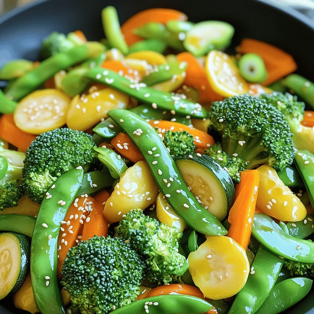 When making an easy vegetable stir-fry, gather these fresh ingredients for the best flavor and texture. - 1 cup broccoli florets - 1 bell pepper (any color), sliced - 1 cup snap peas - 1 carrot, julienned - 1 zucchini, sliced into half-moons These vegetables add color and crunch to your dish. You can mix and match based on what you have. - 2 cloves garlic, minced - 1-inch piece of ginger, grated Garlic and ginger bring a bold flavor. They create a fragrant base for your stir-fry. - 2 tablespoons soy sauce (low-sodium) - 1 tablespoon sesame oil - 1 tablespoon vegetable oil - 1 tablespoon sesame seeds (for garnish) - Salt and pepper to taste These oils and seasonings enhance the taste. Soy sauce adds umami, while sesame oil gives a nutty finish. For the full recipe, click [Full Recipe]. Rinsing your vegetables is key. Start by washing all the veggies under cold water. This clears off dirt and bacteria. For cutting, use a sharp knife. Cut the broccoli into small florets. Slice the bell pepper into strips. Julienning the carrot means cutting it into thin, matchstick pieces. Slice the zucchini into half-moons. Once done, set all the veggies aside. Next, heat the oil in a large non-stick skillet or wok. Use medium-high heat until the oil shimmers. This shows it is hot enough for cooking. Add the minced garlic and grated ginger. Sauté them for about 30 seconds. You want to smell their fragrant aroma. Now it’s time to add the prepared vegetables. Toss in the broccoli, bell pepper, snap peas, carrot, and zucchini. Stir-fry them for about 5 to 7 minutes. The goal is to cook them until they are tender-crisp. They should still have some bite to them. Pour in the low-sodium soy sauce and sesame oil. Stir well to coat the vegetables evenly. This adds amazing flavor. Cook for an additional 1 to 2 minutes. Finally, season with salt and pepper to taste. Adjust to your liking. You can find the full recipe [here](#). To get a great stir-fry, you need high heat. Use a non-stick skillet or a wok for best results. Heat the pan until it shimmers. This lets the vegetables cook quickly and evenly. Cut your vegetables into similar sizes. This helps them cook at the same rate. For example, slice bell peppers thinly and chop broccoli into small florets. Consistent sizes mean even cooking and delicious bites. Watch the time closely. Stir-fry the veggies for about 5 to 7 minutes. Look for a bright color and a slight crunch. If they look soft or brown, you may have overcooked them. Aim for that tender-crisp texture for the best flavor and bite. For more details, check out the Full Recipe. {{image_2}} You can make your stir-fry heartier with protein. Tofu is a great choice. Firm tofu absorbs flavors well. First, press it to remove excess water. Then, cut it into cubes and sauté it until golden. Chicken is another option. Cut it into bite-sized pieces and cook it until no longer pink. Shrimp cooks fast and adds a sweet flavor. Toss in shrimp just before the vegetables finish cooking. Want to spice up your dish? Try adding sauces or spices. Sriracha gives a nice heat. Hoisin sauce adds a sweet touch. You can also mix in some oyster sauce for depth. For a fresh twist, add a squeeze of lime juice or sprinkle some fresh herbs like cilantro or basil right before serving. Using seasonal vegetables can make your stir-fry even better. In spring, try asparagus and green beans. In summer, bell peppers and corn add sweetness. Autumn brings squash and Brussels sprouts, while winter is perfect for root vegetables like carrots and parsnips. Feel free to mix and match based on what you find fresh. Check the [Full Recipe] for more ideas! To keep your easy vegetable stir-fry fresh, store leftovers in an airtight container. Allow the stir-fry to cool first. This helps prevent condensation, which can make your veggies soggy. Place it in the fridge within two hours of cooking. Use the leftovers within three to four days for the best taste. You can freeze vegetable stir-fry for future meals. Start by letting it cool completely. Then, place the stir-fry in freezer-safe bags or containers. Squeeze out as much air as you can. This helps prevent freezer burn. When you're ready to eat, thaw it overnight in the fridge. Reheat in a pan over medium heat until hot. Stir in a splash of soy sauce to refresh the flavors. For the best flavor and texture, eat your stored stir-fry within a week. If you freeze it, it can last up to three months. After that, the taste and quality may fade. Always check for off smells or colors before eating. Enjoy your colorful easy vegetable stir-fry! For the full recipe, check the section above. Yes, you can use frozen vegetables for stir-fry. They are convenient and often pre-cut. Just remember, they may release more water. To avoid sogginess, cook them a bit longer. I recommend adding them straight from the freezer into a hot pan. This helps keep them crisp. The best oils for stir-frying have a high smoke point. Good options include vegetable oil, canola oil, or peanut oil. These oils heat well without burning. I often use a mix of vegetable oil and sesame oil for flavor. This combo brings out the taste of the dish while keeping it healthy. To spice up your stir-fry, add fresh chilies or red pepper flakes. You can also use spicy sauces like sriracha or chili garlic sauce. Start with a little, then taste and adjust. Adding ginger also gives a nice kick. Experiment to find your perfect heat level. Yes, there are several alternatives to soy sauce. You can try tamari, which is gluten-free. Coconut aminos is another great option, with a sweeter flavor. If you want a low-sodium choice, look for low-sodium soy sauce. Each option can add a unique taste to your stir-fry. Making an easy vegetable stir-fry takes about 20 minutes. You will spend about 10 minutes prepping the vegetables. Cooking usually takes around 10 minutes. This quick time makes it perfect for busy days. For the full recipe, check out the details above. Making a delicious vegetable stir-fry is easy and fun. We covered the key ingredients, cooking steps, and tips for perfect results. Remember to choose fresh veggies and control your heat. You can also mix in proteins or different sauces for variety. Follow proper storage for leftovers to keep them fresh. Enjoy your cooking journey, and don't hesitate to try new flavors! Your next meal will be both tasty and healthy.