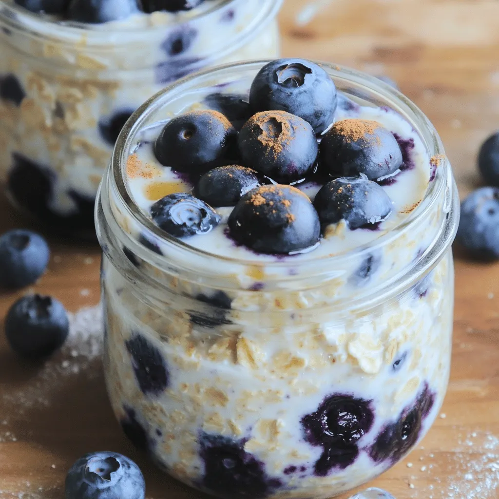 To make Blueberry Muffin Overnight Oats, you'll need a few key items: - 1 cup rolled oats - 1 cup milk (dairy or plant-based) - 1/2 cup Greek yogurt (or a dairy-free alternative) These ingredients form the base of your oats. The rolled oats absorb the milk and yogurt, making them soft and creamy. Next, we add flavor to our oats. Here are the essential flavors: - 1 tablespoon maple syrup - 1 teaspoon vanilla extract - 1/2 teaspoon ground cinnamon - 1/4 teaspoon nutmeg Maple syrup adds sweetness, while vanilla gives a warm aroma. Cinnamon and nutmeg bring out the cozy muffin taste. For extra texture and fun, consider these add-ins: - 1 tablespoon chia seeds - Extra toppings (fresh blueberries, etc.) Chia seeds add a nice crunch and boost nutrition. Fresh blueberries on top make each bite delightful. Now that you know the ingredients needed for this recipe, check out the Full Recipe to get started! To make Blueberry Muffin Overnight Oats, start by mixing the base ingredients. In a medium bowl, add 1 cup of rolled oats, 1 cup of milk, and 1/2 cup of Greek yogurt. Stir these together well until they’re smooth. This mix forms the heart of your oats. Next, it's time to incorporate flavorings and spices. Add 1 tablespoon of maple syrup, 1 teaspoon of vanilla extract, 1/2 teaspoon of ground cinnamon, and 1/4 teaspoon of nutmeg. If you want a bit more texture, toss in 1 tablespoon of chia seeds. Don’t forget a pinch of salt to enhance the flavors. Mix everything thoroughly, then gently fold in 1/2 cup of fresh blueberries. This step adds a burst of fruity goodness. Now, let’s get ready to chill. Divide the mixture evenly into two jars or airtight containers. This makes it easy for you to grab one in the morning. Seal the jars tightly and refrigerate them overnight. If you’re short on time, let them chill for at least 4 hours. The oats will soak up the liquid and soften, making them creamy and delicious. When morning comes, take the jars out of the fridge. Give the oats a good stir before serving. This helps mix everything up again. For added flavor, top with more blueberries, a sprinkle of cinnamon, or a drizzle of maple syrup. These toppings enhance the taste and make your breakfast look pretty. Enjoy your tasty Blueberry Muffin Overnight Oats! You can find the full recipe [here]. To make the best blueberry muffin overnight oats, I suggest a good oat-to-liquid ratio. Use 1 cup of rolled oats to 1 cup of milk. This mix gives you a creamy base. You can adjust the liquid slightly for a thicker or thinner texture. For a great flavor, mix in Greek yogurt. It adds creaminess and protein. Sweetness is key for overnight oats. Start with 1 tablespoon of maple syrup. You can add more if you like it sweeter. You can also mix in other fruits. Try bananas or strawberries for a new twist. Each fruit brings a different taste and texture. Making multiple servings is easy. Just double or triple the recipe. Store them in jars for quick breakfasts. Use airtight containers to keep them fresh. They can last in the fridge for up to five days. This way, you have tasty meals ready to go! {{image_2}} You can mix things up with blueberry muffin overnight oats. Try chocolate blueberry muffin oats. Just add cocoa powder to the base mix. This gives you a rich, sweet flavor. You can also add chocolate chips for extra fun. For a tropical twist, go with pineapple and coconut. Use crushed pineapple and unsweetened coconut flakes. This combo brightens the dish and adds a burst of sunshine. If you follow a vegan diet, I have great news! You can use plant-based yogurt instead of Greek yogurt. Almond or coconut yogurt works well. This keeps the creamy texture without dairy. For those who need gluten-free options, choose gluten-free oats. They are widely available and work just as well. This small change helps everyone enjoy this tasty meal. Want to add some crunch? Try nuts and seeds. Chopped almonds, walnuts, or sunflower seeds make great choices. They add texture and healthy fats. For a creamy touch, add yogurt or whipped cream on top. A dollop of coconut cream is also a nice addition. These toppings elevate the dish and make it feel special. You can find the full recipe to guide you through this delicious breakfast. For the best storage, use airtight containers or mason jars. They keep your overnight oats fresh and prevent spills. A good rule is to store them in the fridge for up to five days. This way, you can enjoy a quick meal throughout the week. Yes, you can freeze overnight oats! Just make sure to use freezer-safe containers. When you want to eat them, move them to the fridge to thaw overnight. For reheating, microwave them for about 30 seconds or until warm. Stir well before eating. Check for any off smells or mold. If your oats smell sour or look strange, it's time to toss them. You can keep blueberry muffin overnight oats for about five days in the fridge. Always check before eating to ensure they are still fresh. How overnight oats benefit your health? Overnight oats are packed with fiber, which helps digestion. They keep you full longer. Oats can lower cholesterol and provide steady energy. You also get protein from yogurt and milk. This makes them a smart breakfast choice. Can I make this recipe gluten-free? Yes, you can use gluten-free oats. Just check the label to ensure they are certified. Most brands offer gluten-free rolled oats now. This way, you can enjoy your blueberry muffin overnight oats without worries. Can you prep them for the whole week? You can prep these oats for the whole week! Just make sure to store them in airtight jars. This keeps them fresh and tasty. You can grab a jar each morning for a quick breakfast. What should you avoid adding before refrigeration? Avoid adding toppings like nuts or yogurt before refrigeration. These can get soggy overnight. Instead, add them just before you eat. This keeps the texture nice and crunchy. What to serve with blueberry muffin overnight oats? You can pair them with fresh fruit, like sliced bananas or strawberries. A handful of nuts adds a nice crunch. You might also enjoy a side of scrambled eggs for extra protein. How can I incorporate protein into the meal? To add more protein, use Greek yogurt in the oats. You can also top your oats with nuts or seeds. Another option is to add a scoop of protein powder to the mix. This boosts the protein while keeping it tasty. In this post, we explored how to make delicious overnight oats, starting from key ingredients to customizations and storage tips. You learned how to mix rolled oats and milk, add spices, and enhance flavors. Remember, perfecting your overnight oats means finding the right texture and flavors for you. With simple adjustments, you can enjoy a healthy meal every day. Experiment with variations and enjoy the process. Now, go ahead, create your perfect bowl of overnight oats!