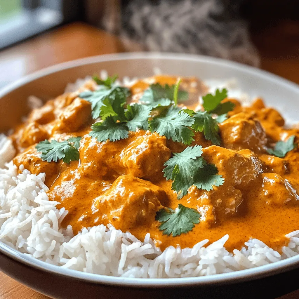 For this tasty dish, you need: - 1.5 lbs boneless, skinless chicken thighs, cut into bite-sized pieces - 1 cup plain Greek yogurt - 2 tablespoons garam masala - 1 tablespoon turmeric - 1 tablespoon ground cumin - 1 teaspoon chili powder - 2 tablespoons vegetable oil - 1 medium onion, finely chopped - 4 cloves garlic, minced - 1 inch ginger, grated - 1 can (14 oz) diced tomatoes - 1 cup coconut milk - Salt and pepper to taste - Fresh cilantro for garnish - Cooked basmati rice for serving These ingredients blend to make a rich and flavorful meal. The marinade is key in this recipe. It uses Greek yogurt and spices to tenderize the chicken. Here’s why each ingredient helps: - Greek yogurt: Adds creaminess and tenderizes the chicken. - Garam masala: Adds warmth and depth. - Turmeric: Gives a lovely color and has anti-inflammatory benefits. - Cumin and chili powder: Bring warmth and spice. Marinating for at least 30 minutes, or overnight, boosts flavor and tenderness. Garnishing your dish makes it special. Here are some options: - Fresh cilantro: Adds a burst of color and flavor. - Cooked basmati rice: Serves as a base and soaks up the sauce. - Naan or pita bread: Perfect for scooping up the tikka masala. These simple additions enhance your meal and create a complete dining experience. For the full recipe, check out the details above. To start, mix the Greek yogurt, garam masala, turmeric, cumin, chili powder, and salt in a bowl. This mixture makes a great marinade. Next, add the chicken pieces and coat them well. Let this sit for at least 30 minutes. For a deeper flavor, marinate overnight. Now, set your Instant Pot to Sauté mode. Heat the vegetable oil until it shimmers. Add the chopped onion and cook until it turns soft and clear. This may take about 3 to 5 minutes. Then, stir in the minced garlic and grated ginger. Cook these for one more minute. After that, turn off the sauté function. Pour in the diced tomatoes, along with their juice. Add the marinated chicken and any leftover marinade. Stir everything together to blend the flavors. Next, lock the Instant Pot lid and set it to Manual or Pressure Cook on high for 10 minutes. Once the cooking time is up, let the pressure release naturally for 5 minutes. Then, do a quick release for any remaining pressure. Finally, stir in the coconut milk. Taste and adjust the seasoning with salt and pepper if needed. Serve the chicken tikka masala over basmati rice and sprinkle with fresh cilantro. To ensure a successful cooking experience, make sure your Instant Pot is clean and assembled correctly. Check that the sealing ring is in place. This prevents steam from escaping. Always use enough liquid to avoid a burn notice. In this recipe, the tomatoes and coconut milk provide the needed moisture. Plan your time wisely for a smooth cooking process. Start by marinating the chicken. While it sits, chop the onion and get the garlic and ginger ready. This helps you stay organized. Aim for a total prep time of about 30 minutes. After marinating, the cooking time in the Instant Pot takes just 10 minutes. With some extra time for pressure release, you can have dinner ready in under an hour. For the full recipe, check the details provided earlier. When making Instant Pot Chicken Tikka Masala, avoid overcooking the chicken. If you cook it too long, it can become dry. Also, don't skip marinating the chicken. This step adds depth to the flavor. Lastly, ensure you seal the lid properly before cooking. If not sealed, the dish won’t cook right. To get the best flavor, use fresh spices. Ground spices lose their potency over time. Also, let the chicken marinate for at least 30 minutes. Overnight marination works wonders for taste. Don't forget to adjust the salt and pepper after you add the coconut milk. This helps balance the creaminess. You can enhance the dish by adding more spices. Try adding a pinch of cinnamon or cardamom. These spices give a warm, sweet note. You can also add crushed red pepper for extra heat. If you like it smoky, add a bit of smoked paprika. Just remember to keep the balance right so one spice doesn’t overpower the others. For a complete guide on making this dish, check the Full Recipe. {{image_2}} You can make chicken tikka masala with other proteins. For example, try using shrimp, beef, or lamb. Each protein brings its unique flavor. Shrimp cooks quickly, while beef and lamb add depth. Adjust the cooking time in your Instant Pot. Shrimp needs just a few minutes, while beef may need more. If you want a vegetarian option, use paneer, tofu, or chickpeas. Paneer gives a rich taste and texture. Tofu absorbs the spices well and adds protein. Chickpeas provide a hearty feel and are very filling. Just follow the same steps in the recipe. Cook them for less time than chicken. Serve chicken tikka masala with basmati rice or naan bread. Both absorb the sauce well. You can also pair it with a fresh salad or yogurt. Adding a side of roasted veggies can enhance the meal. For a fun twist, try serving it in a wrap. It’s a great way to enjoy leftovers! For more on preparing this dish, check out the Full Recipe. To store your Chicken Tikka Masala, let it cool first. Use an airtight container. This will keep the flavors fresh. Make sure to refrigerate it within two hours of cooking. Leftovers stay good for about three to four days in the fridge. When you reheat your Chicken Tikka Masala, do it gently. Use a stove or microwave. If using the stove, add a splash of coconut milk for moisture. Heat on low until warm. Stir often to avoid burning. The microwave works too! Heat for one to two minutes, stirring halfway through. You can freeze Chicken Tikka Masala for longer storage. Use a freezer-safe container. Leave some space for the sauce to expand. It’s best to freeze it in single servings. This way, you can thaw just what you need. Chicken Tikka Masala stays good for up to three months in the freezer. When ready to eat, thaw it overnight in the fridge before reheating. Yes, you can make chicken tikka masala on the stove. Just use a heavy pot. Start by marinating the chicken as in the recipe. Heat oil in the pot and sauté the onions, garlic, and ginger until soft. Add the tomatoes and marinated chicken. Cover and cook on low heat for about 30-40 minutes. Stir occasionally until the chicken is tender. I recommend using boneless, skinless chicken thighs. They stay juicy and tender during cooking. Thighs also soak up the spices well, giving you more flavor. You can use chicken breasts, but they may dry out faster. To adjust spice levels, start with less chili powder. You can always add more later. If you want it milder, use more coconut milk. For extra heat, try adding cayenne pepper or fresh chili. Taste as you go to find your perfect level. You now have a complete guide to making delicious Instant Pot Chicken Tikka Masala. We covered the key ingredients, marinade benefits, and even tips for perfect cooking. Remember to avoid common mistakes and consider variations to fit your taste. Storing and reheating leftovers properly will keep your meal fresh. Whether you use chicken or try a vegetarian option, this dish is versatile. Follow these steps, and you're set for great meals. Enjoy this flavorful journey in your kitchen!