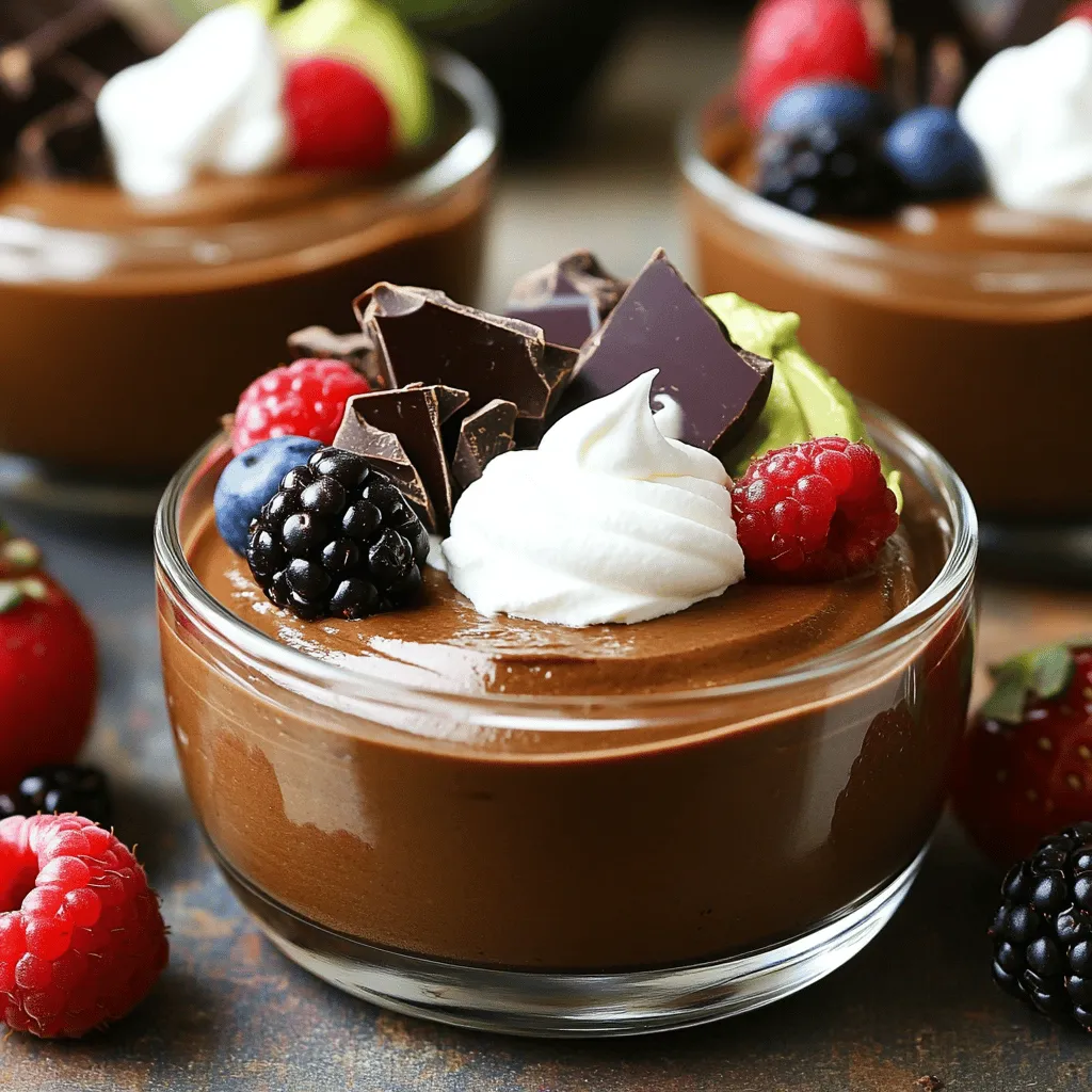 - 2 ripe avocados, peeled and pitted - 1/2 cup unsweetened cocoa powder - 1/2 cup maple syrup - 1/4 cup almond milk (or any plant-based milk) - 1 teaspoon vanilla extract - 1/4 teaspoon sea salt - Optional toppings: dairy-free whipped cream, fresh berries, shaved dark chocolate To make this vegan chocolate avocado mousse, you need simple, fresh ingredients. The ripe avocados form the base, giving the mousse its creamy texture. Cocoa powder provides the rich chocolate flavor that we all love. Maple syrup sweetens the mousse naturally, while almond milk adds a smooth consistency. The vanilla extract and sea salt enhance the flavors, making each bite delightful. - Alternative sweeteners: If you prefer, you can use agave syrup or mashed dates. - Different plant-based milk options: Soy milk or coconut milk work well, too. - Cocoa powder vs. dark chocolate: You can swap cocoa powder for melted dark chocolate for a different texture. These substitutions let you customize the mousse to your taste. Use what you have in your kitchen. The key is to keep the texture creamy and the flavor rich, no matter the choice. To make vegan chocolate avocado mousse, start by gathering your ingredients. You need ripe avocados, cocoa powder, maple syrup, almond milk, vanilla extract, and sea salt. Next, put all these ingredients in a food processor. Blend them until smooth and creamy. You want a thick, airy texture. If it seems too thick, add a bit more almond milk. Taste the mousse. If you want it sweeter, add more maple syrup. Blend it again until everything mixes well. While blending, you may need to stop and scrape down the bowl. This helps mix all the ingredients evenly. If you skip this step, some parts may stay chunky. Keep an eye on the blending time. Blend until your mousse is light and fluffy. It should take about 2 to 3 minutes. A smooth texture makes the mousse taste better. Once you have your perfect mousse, it’s time to serve. Spoon the mousse into small serving bowls or cups. This dessert looks great in clear dishes. After transferring, cover the bowls with plastic wrap. Place them in the refrigerator for at least 30 minutes. Chilling helps the flavors blend and makes the mousse even creamier. When ready to serve, you can add optional toppings. Dairy-free whipped cream, fresh berries, or shaved dark chocolate make it extra special. Enjoy your rich and creamy delight! To make a great mousse, start with ripe avocados. They should feel soft when you press them. If your avocados are hard, let them sit at room temperature for a few days. Ripe avocados give the mousse a creamy texture, which is key. Adjusting the sweetness is also important. Taste your mousse after blending. If it is not sweet enough, add more maple syrup. Blend again until it's just right. You can prepare this mousse a day before your event. Store it in an airtight container in the fridge. This keeps it fresh and ready to serve. Aim for at least 30 minutes of chilling time before serving. This allows the flavors to mix well. If you can chill it longer, that’s even better! Garnishing makes your mousse look fancy. You can top it with dairy-free whipped cream, fresh berries, or shaved dark chocolate. These toppings add color and texture. For parties, serve the mousse in small cups. This way, guests can grab their own. You can also layer it with fresh fruit or granola for a fun twist. {{image_2}} You can make this mousse even tastier by adding nut butter. Try peanut or almond butter. Both will give a rich flavor and creaminess. You can also mix in extracts like mint or almond. A little goes a long way to change the taste. Just remember to blend well after adding. If you need nut-free options, swap nut butter for sunflower seed butter. This keeps the mousse creamy without nuts. For sugar-free choices, you can use stevia or monk fruit sweetener. These options still taste great and keep it healthy. Serve your mousse in parfaits for a fun twist. Layer it with granola or fruit for extra texture. You can also stack it with other desserts like cakes or puddings. These ideas make your dessert look fancy and inviting. To keep your mousse fresh, store it in an airtight container. Place the mousse in the fridge right after serving. This helps preserve its rich flavor and creamy texture. If you want to keep it longer, you can freeze the mousse. Use a freezer-safe container and leave some space at the top. This allows the mousse to expand as it freezes. In the fridge, your vegan chocolate avocado mousse lasts about 3 to 5 days. Always check for signs of spoilage. If you see any discoloration or an off smell, it's best to toss it. Freshness is key for the best taste. If you froze the mousse, thaw it in the fridge overnight. Avoid using a microwave, as it can affect the texture. After thawing, stir gently to restore creaminess. If it feels too thick, mix in a splash of almond milk to regain that smooth, light texture. Can I use different types of chocolate? Yes, you can! Dark chocolate adds a rich flavor, while milk chocolate offers sweetness. Try using cocoa powder for a strong chocolate taste. Just ensure it's vegan! Is this mousse suitable for kids? Absolutely! Kids love the creamy texture and chocolate flavor. It's a fun and healthy treat for them. How many servings does the recipe make? This recipe makes four servings. Feel free to double it if you're hosting friends or family. What are the health benefits of avocados? Avocados are packed with healthy fats, fiber, and vitamins. They help keep your heart healthy and boost skin health. Plus, they make this mousse creamy without dairy! Is this dessert low in calories? Yes, this mousse is lower in calories than many traditional desserts. It uses avocados instead of cream, making it a lighter option. What if my mousse is too thick? If your mousse is too thick, add a bit more almond milk. Blend again until smooth. This helps achieve the right creamy texture. How to fix an overly sweet mousse? If your mousse tastes too sweet, add a pinch of sea salt. This balances the flavors. You can also blend in more cocoa powder to reduce sweetness. For the full recipe, check the earlier section. This vegan chocolate avocado mousse is easy and fun to make. You learned about the key ingredients, how to blend them, and tips for perfect texture. Remember to store any leftovers properly. Feel free to try different flavors and toppings to make it your own. This dessert is not only tasty but also healthy! I'm excited for you to enjoy it. Happy cooking!