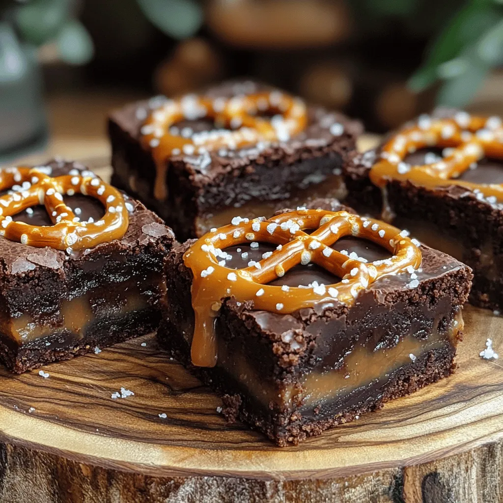 To make salted caramel pretzel brownies, gather these ingredients: - 1 cup unsalted butter, melted - 2 cups granulated sugar - 4 large eggs - 1 teaspoon vanilla extract - 1 ½ cups all-purpose flour - 1 cup cocoa powder - ½ teaspoon salt - 1 cup chocolate chips - 1 cup pretzel pieces - 1 cup salted caramel sauce (store-bought or homemade) - Coarse sea salt for topping These ingredients work together to create a rich, sweet, and salty treat. The butter and sugar give the brownies a moist base. The eggs add structure and create a fudgy texture. Vanilla extract enhances the flavor, while flour and cocoa powder provide the classic brownie taste. The chocolate chips add extra chocolatey goodness. Pretzel pieces bring that delightful crunch and salty bite. The salted caramel sauce drizzled on top ties the whole dessert together with a sweet, gooey finish. Finally, coarse sea salt sprinkled on top gives a satisfying contrast to the sweetness. If you need alternatives, here are some options: - Butter: You can use coconut oil or vegan butter. - Sugar: Try brown sugar or a sugar substitute like coconut sugar. - Flour: For a gluten-free version, use almond flour or a gluten-free blend. - Caramel Sauce: Use a dairy-free caramel for a vegan option or homemade sauce for freshness. These substitutes can help you adjust the recipe based on your dietary needs or preferences. Always remember that these changes might alter the final taste and texture, so experiment with care. For the full recipe, check the earlier sections. 1. Preheat your oven to 350°F (175°C). Grease a 9x13-inch baking pan. 2. In a large bowl, whisk the melted butter and granulated sugar together. Mix until smooth. 3. Add the eggs one at a time. Mix well after each egg. Then stir in the vanilla extract. 4. In another bowl, sift together the flour, cocoa powder, and salt. Slowly add this to the wet mix. Stir until just combined. Don't overmix! 5. Fold in the chocolate chips and pretzel pieces. Make sure they spread evenly in the batter. 1. Pour half of the brownie batter into the greased pan. Spread it evenly across the bottom. 2. Drizzle half of the salted caramel sauce over the brownie layer. 3. Carefully spread the rest of the brownie batter over the caramel. Then drizzle the remaining caramel on top. 4. Use a knife to swirl the caramel into the brownie batter gently. 5. Sprinkle coarse sea salt on top for a sweet and salty kick. 6. Bake for 30-35 minutes. Check with a toothpick. It should come out mostly clean, with a few moist crumbs. 1. Once baked, remove the brownies from the oven. Let them cool completely in the pan. 2. Cut them into squares when cool. Serve them on a nice platter. 3. Drizzle with more salted caramel and sprinkle sea salt on top for extra flavor. 4. Pair with vanilla ice cream for a sweet treat! For the complete process, check the Full Recipe. How to prevent overmixing Overmixing can ruin the texture of your brownies. Mix your wet and dry ingredients just until they come together. A few lumps are okay. This helps keep your brownies fudgy and tender. Ensuring brownies are fudgy To get that rich, fudgy texture, be careful with your baking time. Check your brownies a few minutes before the timer goes off. When a toothpick comes out with a few moist crumbs, they are done. Presentation techniques Serve your brownies on a pretty platter. Drizzle extra salted caramel on top. A sprinkle of coarse sea salt makes them look fancy. This adds a nice touch to the sweet and salty mix. Pairing ideas for beverages or ice cream These brownies pair well with cold milk or coffee. A scoop of vanilla ice cream adds creaminess. You can also try serving them with whipped cream for extra delight. Overbaking brownies It's easy to overbake brownies. If you bake them too long, they turn dry. Always check them a little early to ensure they stay moist. Skipping crucial ingredients Each ingredient plays a big role. Skipping the salted caramel sauce can change the taste. Make sure to include all the ingredients for the best flavor. For the full recipe, you can find it above. {{image_2}} You can make your salted caramel pretzel brownies even more fun. Adding nuts like walnuts or pecans gives them a nice crunch. You can also toss in other candies, like M&M's or Reese's Pieces, for a sweet surprise. Want a twist? Use flavored chocolate chips. Mint or orange chocolate chips can add a fun new taste to the brownies. The mix of flavors will make each bite unique and exciting. If you want a vegan version of these brownies, swap the eggs with applesauce or flax eggs. This keeps the brownies moist and tasty. Use vegan butter instead of regular butter, and pick a dairy-free caramel sauce. For those with nut allergies, simply skip any added nuts. The pretzels still give a nice crunch, making these brownies safe yet delicious. You can turn these brownies into dessert bars. Cut them into smaller pieces and layer them with ice cream and whipped cream. This makes a fun treat for parties. You can also create brownie sundaes. Start with a warm brownie, add a scoop of ice cream, and drizzle more caramel on top. Finish with whipped cream and a cherry. It’s a great way to impress guests and enjoy a rich dessert. For the full recipe, check out the complete guide above. To keep your salted caramel pretzel brownies fresh, store them in an airtight container. You can leave them at room temperature for up to three days. Make sure to place parchment paper between layers to prevent sticking. If your home is warm, refrigerating is a good idea. Just cover the container with a lid or plastic wrap. You can freeze these brownies for up to three months. Start by cutting them into squares. Wrap each square tightly in plastic wrap. Then, place them in a freezer bag or container. When you want to enjoy them, take out the desired amount. Thaw them in the fridge overnight for the best texture. You can also leave them at room temperature for a few hours. These brownies last about three days at room temperature. If you refrigerate them, they can stay fresh for up to a week. In the freezer, they can last for three months. Watch for signs of spoilage, like a dry texture or strange smells. If they become hard or lose flavor, it’s time to toss them. Enjoy your delicious brownies while they are fresh! Can I use dark chocolate instead of cocoa powder? No, you cannot use dark chocolate in place of cocoa powder. Cocoa powder gives brownies their rich taste. Dark chocolate has more fat and can change the brownie texture. Stick with cocoa powder for best results. How can I make my brownies chewier? To get chewier brownies, reduce the flour a bit. You can also add an extra egg yolk. Another tip is to bake them for a shorter time. This helps keep them soft and gooey. What is the best way to cut brownies after baking? Use a sharp knife to cut brownies. For clean cuts, dip the knife in warm water and wipe it dry after each cut. This stops the edges from crumbling and keeps your brownies looking nice. Is salted caramel sauce necessary for this recipe? Yes, salted caramel sauce is key for these brownies. It adds that sweet and salty flavor. You can use store-bought or homemade. Either way, it makes the brownies extra special. Can I use a different type of flour? You can use gluten-free flour if you need a gluten-free option. Just make sure it’s a 1:1 blend. This keeps the texture close to regular flour. How can I make this recipe into a cake? To turn these brownies into a cake, use a round cake pan instead of a square one. Adjust the baking time to about 25-30 minutes. Keep an eye on it, and check with a toothpick. What’s the best way to measure ingredients accurately? For dry ingredients, use a spoon to fill your measuring cup, then level it off with a knife. For liquids, use a clear liquid measuring cup. Both methods help ensure you use the right amounts for your brownies. For the full recipe, check out the details above! In this post, I covered how to make salted caramel pretzel brownies, from ingredients to baking tips. I shared details on the best ingredients, substitutes, and fun variations. You now have all the tools to make tasty brownies while avoiding common mistakes. Remember, the right balance of flavors and careful baking gives you the perfect treat. Enjoy your baking journey, and share your creations with others!