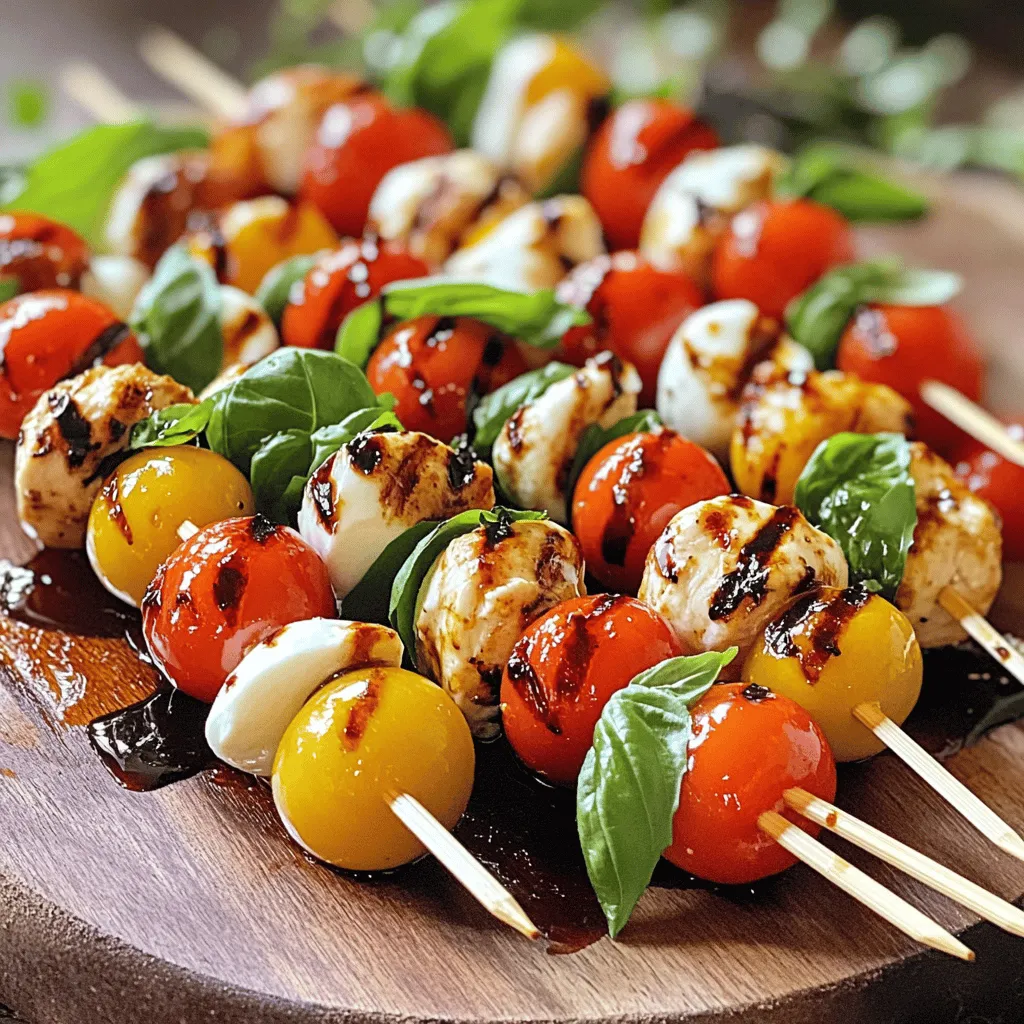 - 1 lb chicken breast, cut into 1-inch cubes - 1 cup cherry tomatoes - 1 cup fresh mozzarella balls (bocconcini) - 2 cups fresh basil leaves - 3 tablespoons olive oil - 1 teaspoon garlic powder - Salt and pepper to taste - Skewers (bamboo or metal) - 2 tablespoons balsamic glaze The main ingredients for Caprese chicken skewers are simple yet flavorful. Chicken breast forms the base of the dish. It absorbs the marinade well, adding great taste. Cherry tomatoes bring a sweet burst to each bite. Fresh mozzarella balls add creaminess and richness. The basil leaves not only taste fresh but also add a lovely aroma. The marinade is key to making the chicken tasty. Olive oil keeps the chicken moist and helps the spices stick. Garlic powder gives a hint of warmth and savory notes. Don’t forget to use salt and pepper to enhance all those flavors. You’ll need skewers to assemble the dish. Bamboo skewers are easy to use, but metal ones are reusable. Finally, a drizzle of balsamic glaze adds a tangy finish. It ties all the flavors together and makes the dish shine. You can find the full recipe for Caprese chicken skewers to guide you through the steps. First, we need to marinate the chicken. In a bowl, mix the chicken cubes with olive oil, garlic powder, salt, and pepper. This mix helps to add flavor. Make sure every piece is coated well. Let the chicken marinate for about 15 to 20 minutes. This time lets the flavors soak in. If you use bamboo skewers, soak them in water for 30 minutes. This step helps prevent burning when cooking. Now, it’s time to assemble the skewers. Start by threading the chicken, cherry tomatoes, mozzarella balls, and basil leaves onto the skewers. Alternate the ingredients for a fun look. Repeat until all the items are used up. Before cooking, preheat your grill or grill pan over medium-high heat. Cook the skewers for about 12 to 15 minutes. Turn them occasionally. This way, the chicken cooks evenly. The chicken should reach a safe internal temperature of 165°F. This step is key to making sure your meal is safe to eat. For the full recipe, check the complete instructions above. To get perfect grill marks, preheat your grill to medium-high heat. Place the skewers on the grill without moving them for a few minutes. This helps create those nice charred lines. For juicy chicken, marinate it well. Letting it soak in olive oil and spices keeps it moist while cooking. For a great presentation, arrange the skewers on a large platter. You can garnish with fresh basil leaves for a pop of color. Pair these skewers with a fresh salad or crusty bread. They also go well with a light pasta dish or some grilled veggies. Feel free to swap out ingredients. You can use bell peppers or zucchini instead of tomatoes. Add spices like smoked paprika for a different flavor. Experimenting with different types of cheese can also enhance the taste. Try adding pesto for an extra kick or a sprinkle of red pepper flakes for some heat. For the complete recipe, check out the [Full Recipe]. {{image_2}} If you want a vegetarian twist, swap chicken for tofu or mushrooms. Tofu absorbs flavors well and gives a nice texture. You can also use eggplant or zucchini for a different taste. Both options work great with the same ingredients. Get creative with marinades! Try lemon juice, soy sauce, or even pesto. Each adds a unique flavor that makes the dish pop. You can also add spices like paprika or cumin. Fresh herbs such as rosemary or thyme can enhance the taste too. For summer, add zucchini slices to your skewers. They grill beautifully and add a fresh taste. In fall, try adding butternut squash or sweet potatoes. These ingredients bring warmth and sweetness to the dish. Seasonal changes keep your meal exciting and fresh. You can find the full recipe for more ideas! You can store leftovers in the fridge or freezer. In the fridge, your Caprese chicken skewers last about 3 days. Use an airtight container to keep them fresh. If you want to freeze them, wrap each skewer in plastic wrap. Then, place them in a freezer bag. They can last for up to 3 months in the freezer. Reheat your skewers in a few ways. The oven gives the best results. Preheat to 350°F and place skewers on a baking sheet. Heat for about 10-15 minutes. If you use a microwave, heat in short bursts of 30 seconds. This avoids soggy chicken. Always check the internal temp. It should reach 165°F to be safe. Preparing skewers in advance is easy. Marinate the chicken the night before and store it in the fridge. You can also assemble skewers ahead of time. Just keep them covered in the fridge until you’re ready to cook. Portioning them into meal prep containers makes future meals easy. You can enjoy these skewers with salads or veggies for a quick meal. For the full recipe, check out the Caprese Chicken Skewers section above! Caprese Chicken Skewers stay fresh for about three days in the fridge. Store them in an airtight container. After three days, the chicken may dry out. The flavors can also fade, making them less tasty. Yes, you can prepare these skewers ahead of time. Assemble them and cover them tightly. You can store them in the fridge for up to 24 hours before cooking. Just remember to take them out about 15 minutes before grilling. This helps them cook evenly. These skewers pair well with a variety of sides. Here are some great options: - Garlic bread - Mixed green salad - Couscous or quinoa salad - Grilled vegetables You can also serve them with a side of marinara sauce for dipping. Enjoy! For the full recipe, check out [Full Recipe]. You now have all the steps to make delicious Caprese Chicken Skewers. We covered the main ingredients, marinade, and extra items needed. I also shared tips for cooking and serving, plus fun variations. Remember to store leftovers properly and try meal prep to save time. These skewers are tasty, easy, and great for gatherings. Enjoy making them and impressing your guests with your skills. Happy grilling!