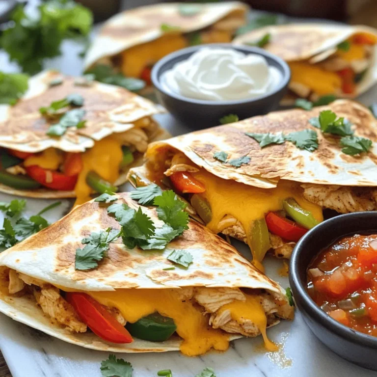 - 2 boneless, skinless chicken breasts, sliced - 1 bell pepper (red, yellow, or green), sliced - 1 medium onion, sliced - 2 tablespoons olive oil - 1 tablespoon fajita seasoning (homemade or store-bought) - 4 large flour tortillas - 2 cups shredded cheddar cheese The main star of our dish is the chicken. Use fresh chicken breasts for the best flavor. Slice them thin so they cook fast and stay juicy. Next, we have the bell peppers and onion. These veggies add great color and taste. Feel free to mix and match colors for a vibrant look. The tortillas are essential for holding everything together. Large flour tortillas work best for easy folding. Finally, cheese brings it all to life. Shredded cheddar melts perfectly and adds a rich flavor. - Salsa - Sour cream Salsa adds a fun kick to the quesadillas. You can choose mild or spicy, based on your taste. Sour cream brings a creamy texture. It balances the heat from the salsa and adds a nice touch. - Homemade - Store-bought You can use homemade fajita seasoning if you want more control over flavors. It's easy to make with spices you likely already have. Store-bought seasoning is quick and convenient. Just grab a packet and sprinkle it on. Both options work great in this recipe. For the full recipe, check [Full Recipe]. Cooking the Chicken Start by heating two tablespoons of olive oil in a large skillet over medium-high heat. Once the oil is hot, add the sliced chicken breasts. Cook them for about 5-7 minutes. You want them to be golden brown and cooked all the way through. Use a spatula to stir the chicken to ensure even cooking. Adding Seasoning and Vegetables Next, sprinkle one tablespoon of fajita seasoning over the chicken. Stir it well to coat the meat. Now, add one sliced bell pepper and one sliced onion to the skillet. Cook everything together for another 5 minutes. This step makes the veggies tender and infuses the chicken with flavor. After this, remove the skillet from heat and let the mixture cool slightly. Layering Ingredients Grab a large flour tortilla and place it in a separate skillet or on a griddle over medium heat. Sprinkle a generous amount of shredded cheddar cheese over half of the tortilla. Then, add a portion of your chicken and veggie mixture on top of the cheese. Folding Techniques Now, fold the tortilla in half. Make sure the cheese and filling stay inside. This will help to keep everything together while cooking. Press down gently to seal it. Heating the Quesadillas Cook the quesadilla for about 3-4 minutes. Check the bottom; it should be golden brown and crispy. Carefully flip the quesadilla using a spatula. Achieving the Perfect Crisp Cook the other side for another 3-4 minutes. You want the cheese to melt and the tortilla to be crispy. Once done, remove it from the pan. Repeat this process with the remaining tortillas and filling. After all quesadillas are cooked, cut them into wedges. Serve them warm with salsa and sour cream. For a fresh touch, garnish with chopped cilantro. Enjoy your homemade Chicken Fajita Quesadillas! For more details, check the Full Recipe. - Cooking Temperature: Keep your skillet or griddle at medium heat. This helps the quesadillas cook evenly. If the heat is too high, the tortillas may burn before the cheese melts. - Flipping Techniques: When it’s time to flip, use a spatula. Slide it under half of the quesadilla, then gently lift and turn. This keeps all the filling inside. - Cheese Types: Cheddar is a great choice for flavor. You can also try Monterey Jack for creaminess or Pepper Jack for a spicy kick. Mixing cheeses adds depth to your quesadilla. - Additional Spices: Sprinkle extra spices like cumin or chili powder for more flavor. A pinch of garlic powder can also boost the taste. Experiment with what you like best! - Tools to Use: Use non-stick pans to reduce mess. A spatula with a wide blade helps in lifting quesadillas without tearing them. Keep paper towels handy for quick spills. - Food Prep Tips: Clean as you go. Chop all veggies and chicken before cooking. This makes the cooking process smoother and keeps your kitchen tidy. For the full recipe on Chicken Fajita Quesadillas, check out the detailed instructions above! {{image_2}} You can make this dish vegetarian by using tofu or more veggies. Tofu adds a nice texture. Make sure to press it first to remove water. Then, cut it into small cubes and cook it like the chicken. You can also add mushrooms, zucchini, or corn. These add color and flavor to your quesadillas. The cheese you use can change the taste. You can try mozzarella for a stretchy texture. It melts well and balances the spices. Pepper jack adds a bit of heat. It gives a nice kick to the quesadillas. Mixing different cheeses can also be fun. Feel free to get creative! You can make barbecue chicken quesadillas. Just mix some barbecue sauce with your chicken. It adds a sweet and smoky flavor. For a spicy twist, add salsa to the filling. Fresh salsa with tomatoes and jalapeños can make it pop. These twists keep the meal exciting and new. For the full recipe, check out the details above. Best Storage Practices To keep your chicken fajita quesadillas fresh, let them cool down. Wrap each quesadilla in plastic wrap or foil. Place them in an airtight container. This will help keep them safe and tasty. Shelf Life When stored correctly, your quesadillas will last about 3 to 4 days in the fridge. Check for any signs of spoilage before eating. If they smell funky or look off, it’s best to throw them out. How to Freeze Quesadillas To freeze your quesadillas, follow these steps. First, let them cool completely. Wrap each one in plastic wrap, then in aluminum foil. Place them in a freezer-safe bag. This helps protect them from freezer burn. Thawing and Reheating Instructions To reheat, take a quesadilla out of the freezer. Let it thaw in the fridge overnight. You can also thaw it in the microwave for a quick option. Then, heat it in a skillet over medium heat until warm and crispy. Pairing Suggestions Chicken fajita quesadillas go great with salsa and sour cream. You can also add guacamole or a fresh salad for a nice touch. A side of rice or beans works well too. Meal Prep Ideas These quesadillas are a fantastic meal prep option. You can make a big batch at once. Cut them into wedges and store them in containers. They are perfect for quick lunches or snacks throughout the week. Check the Full Recipe for tips on making them! To make your quesadillas crispy, you need to focus on heat and timing. Here are my tips: - Use enough oil: Coat your pan lightly with olive oil. This helps create a golden crust. - Preheat the pan: Make sure your skillet is hot before adding the quesadilla. This ensures a quick crisp. - Don't overcrowd the pan: Cook only one or two quesadillas at a time. This helps them cook evenly. - Cook longer: Allow each side to cook for 3-4 minutes. Look for a golden color before flipping. Follow these steps, and you’ll have crispy, delicious quesadillas. Yes, you can use corn tortillas. Both types have their own unique qualities: - Flavor: Corn tortillas have a distinct taste. They lend a more authentic Mexican flavor. - Texture: Corn tortillas are thinner and may not hold as much filling. They can break easier if overloaded. - Cooking time: Corn tortillas need less time to cook. Be careful not to overheat them, or they may become hard. If you enjoy the flavor of corn, give them a try! You can serve a variety of sides with your quesadillas. Here are some ideas: - Salsa: A fresh salsa adds a zesty kick. - Sour cream: This cools down the spice and adds creaminess. - Guacamole: Creamy avocado pairs well with the chicken. - Mexican rice: A flavorful side that balances the meal. - Refried beans: These add protein and keep you full. Mix and match these sides to create a full meal! For the complete recipe, check out the Full Recipe section. Chicken fajita quesadillas are tasty, fun, and easy to make. You need chicken, peppers, onions, tortillas, and cheese. Adding garnishes like salsa or sour cream boosts flavor. Remember to choose your fajita seasoning wisely, either homemade or store-bought. Follow the steps to cook your chicken and veggies, assemble, and crisp them up. Use tips for perfect results and explore variations to make them your own. Lastly, proper storage keeps leftovers fresh. With these insights, you’re ready to create delicious quesadillas that everyone will love. Enjoy your cooking!
