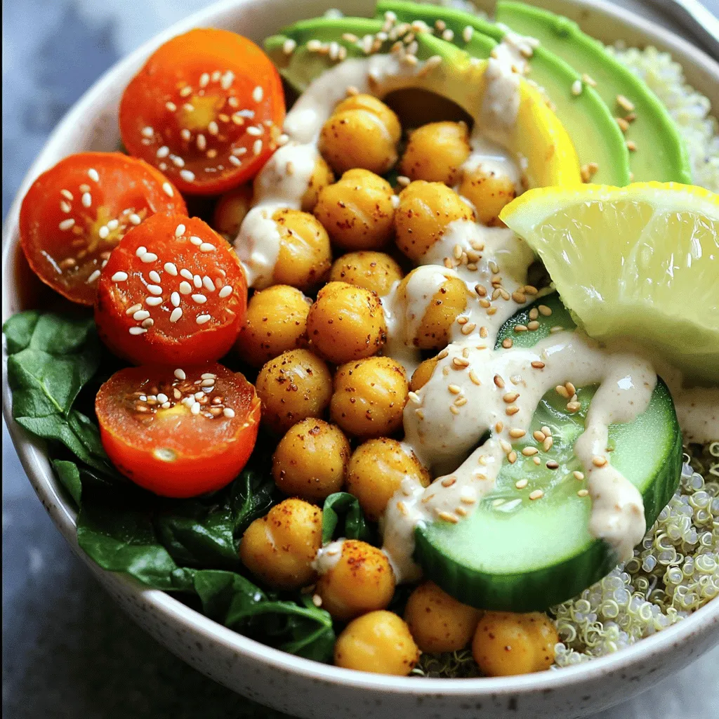 - 1 can (15 oz) chickpeas, drained and rinsed - 2 tablespoons olive oil - 1 teaspoon smoked paprika - 1 teaspoon ground cumin - 1/2 teaspoon cayenne pepper (adjust for spice preference) - Salt and pepper to taste - 1 cup quinoa, rinsed - 2 cups vegetable broth (or water) - 1 cup cherry tomatoes, halved - 1 avocado, sliced - 1 cup spinach or mixed greens - 1/2 cucumber, diced - 1/4 cup tahini - 2 tablespoons lemon juice - 1 garlic clove, minced - Water to thin tahini dressing if needed You can change this bowl to suit your taste. Here are some ideas: - Add roasted sweet potatoes for extra sweetness. - Toss in some feta cheese for a creamy bite. - Use kale or arugula instead of spinach. - Try different beans like black beans or kidney beans. - Sprinkle sesame seeds or nuts for crunch. Chickpeas are a great source of protein and fiber. They help keep you full and satisfied. Quinoa is packed with all nine essential amino acids. It is also gluten-free. Spinach is rich in vitamins A and K, great for your skin and bones. Avocado has healthy fats that are good for your heart. The tahini dressing adds calcium and a nutty flavor. Using fresh veggies like cucumber and tomatoes boosts vitamins and hydration. This meal is not just tasty; it's good for your body too! You can find the full recipe above to guide you through making this bowl. Enjoy! Start by preheating your oven to 400°F (200°C). In a large bowl, combine the drained chickpeas, olive oil, smoked paprika, ground cumin, cayenne pepper, salt, and pepper. Mix well until the chickpeas are evenly coated. Spread them out on a baking sheet in a single layer. Roast for 25 to 30 minutes. Shake the pan halfway through to ensure even cooking. The chickpeas should turn golden and crunchy. While the chickpeas are roasting, rinse one cup of quinoa under cold water. In a medium saucepan, combine the rinsed quinoa and two cups of vegetable broth or water. Bring this mixture to a boil. Once boiling, reduce the heat to low, cover, and let it simmer for about 15 minutes. The quinoa will absorb all the liquid and become fluffy. After cooking, let it sit covered for five minutes, then fluff it with a fork. For the tahini dressing, take a small bowl. Whisk together the tahini, lemon juice, minced garlic, and a pinch of salt. If the dressing is too thick, slowly add water until you reach a drizzling consistency. This dressing will add a creamy, tangy flavor to your bowl. To assemble your bowl, start with a base of fluffy quinoa. Top it with your roasted chickpeas, halved cherry tomatoes, sliced avocado, fresh spinach or mixed greens, and diced cucumber. Feel free to arrange the toppings in sections for a colorful look. Drizzle the tahini dressing generously over the assembled ingredients. Add extra salt and pepper to taste if needed. For a beautiful presentation, consider garnishing with sesame seeds and placing a lemon wedge on the side. This adds a fresh touch and makes the dish even more inviting. For the complete recipe, refer to the Full Recipe section. Roasting chickpeas is simple. First, make sure they are dry. Use a clean towel to pat them. This helps them get crispy. Toss the chickpeas with olive oil and spices. Spread them in a single layer on a baking sheet. This allows them to cook evenly. Roast them at 400°F (200°C) for 25-30 minutes. Shake the pan halfway through. This helps them roast well on all sides. Keep an eye on them to avoid burning. You want them golden and crunchy. Cooking quinoa can be easy. Start with rinsing it well. This removes any bitter taste. Use a pot with a lid. Add one cup of rinsed quinoa to two cups of vegetable broth. Bring it to a boil. Then, reduce the heat to low. Cover the pot and let it simmer for 15 minutes. After that, turn off the heat and let it sit for 5 minutes. Fluff it with a fork before serving. This will make it light and fluffy. You control the spice in this dish. If you want a milder flavor, cut back on the cayenne pepper. Start with half of what the recipe suggests. Taste it before adding more. You can always add more spice later, but you can't take it away. For those who love heat, add more cayenne. You can also try adding hot sauce. Just remember to taste as you go. This way, you create a dish that suits your taste. Storing leftovers is easy. Keep them in an airtight container in the fridge. This will help keep them fresh for up to three days. If you want to store the tahini dressing, keep it separate. It can last a week in the fridge. When ready to eat, reheat the quinoa and chickpeas. Use the microwave or a pan. Add a splash of water if it gets dry. Enjoy your meal again without losing flavor! If you want the full recipe, check out the Spicy Chickpea Buddha Bowl. {{image_2}} You can make this bowl fit any diet. For vegetarians, the recipe is already great. To keep it vegan, just ensure your tahini is pure. You can add cheese for extra flavor. Feta crumbles or goat cheese work well. They add a nice salty kick. Quinoa is tasty, but you can switch it up. Try brown rice, farro, or barley. Each grain has a unique flavor and texture. Brown rice offers a chewy bite. Farro adds a nutty taste. Barley is hearty and filling. Choose what you like best! Make your bowl even better with extras. Add roasted sweet potatoes for sweetness. You could include pickled red onions for a zing. Nuts or seeds give a crunchy texture. Try pumpkin seeds or slivered almonds. Fresh herbs like cilantro or parsley brighten the dish. Mix and match to find your favorite combo! For the full recipe, check out the Spicy Chickpea Buddha Bowl . To keep your Spicy Chickpea Buddha Bowl fresh, store each component separately. Place the roasted chickpeas, quinoa, and veggies in airtight containers. This helps maintain their texture and flavor. You can store them in the fridge for up to four days. If you mix everything together, the veggies may get soggy. If you want to save some for later, freezing is a good choice. The chickpeas freeze well. Just spread them on a baking sheet to freeze individually before putting them in a freezer bag. You can freeze cooked quinoa too. It stays good for about three months. Avoid freezing fresh veggies like avocado and cucumber, as they don’t thaw well. To reheat, start with the chickpeas. Warm them in the oven at 350°F (175°C) for about 10 minutes. This keeps them crunchy. You can reheat quinoa in the microwave. Add a splash of water to keep it moist. Heat in short bursts, stirring in between. For the tahini dressing, you can whisk it with a little water to restore its creamy texture. Enjoy your meal just as tasty as when you made it! To make this dish gluten-free, use gluten-free grains. Quinoa is a great choice. Ensure that all sauces and dressings are gluten-free. Check labels on canned chickpeas and tahini for any hidden gluten. Yes, you can prepare parts of this meal in advance. Cook the quinoa and roast the chickpeas ahead of time. Store them in separate containers in the fridge for up to three days. Assemble the bowl right before serving for best flavor. - Cook a larger batch of quinoa for multiple meals. - Roast extra chickpeas for snacks. - Chop veggies like cucumber and tomatoes and store them in airtight containers. - Make tahini dressing and keep it in the fridge. If you need a tahini substitute, try peanut butter or almond butter. You can also use Greek yogurt for a creamy texture. Adjust the lemon juice and garlic to keep the flavor balanced. To boost flavor, add fresh herbs like cilantro or parsley. A sprinkle of feta cheese or olives can add a salty kick. Consider using lime juice instead of lemon for a different zing. Experiment with spices in the chickpeas to find your favorite mix. For the full recipe, see above. You can create a tasty Spicy Chickpea Buddha Bowl by using simple ingredients. Roasting chickpeas and cooking quinoa brings great flavor. Add a tasty tahini dressing, and your meal is complete. Remember the tips for roasting and cooking to make it perfect every time. Customize your bowl with your favorite toppings. Store leftovers well for another meal. Enjoy this healthy dish with ease!