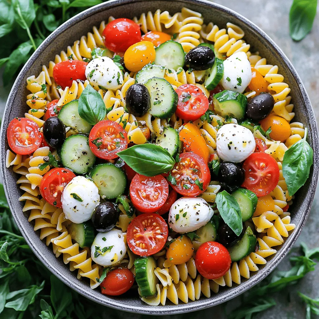 To make a tasty Zesty Italian Pasta Salad, you need these key ingredients: - 8 oz rotini pasta - 1 cup cherry tomatoes, halved - 1/2 cup cucumber, diced - 1/2 cup black olives, sliced - 1/2 cup red bell pepper, diced - 1/2 cup mozzarella balls, halved - 1/4 cup red onion, finely chopped - 1/4 cup fresh basil, chopped - 1/4 cup olive oil - 2 tablespoons red wine vinegar (or lemon juice for an alcohol-free option) - 1 teaspoon garlic powder - 1 teaspoon Italian seasoning - Salt and pepper to taste These ingredients mix well to create a bright, fresh flavor. The rotini pasta holds the dressing and other toppings nicely. Feel free to boost the taste with these optional add-ins: - 1/4 cup artichoke hearts, chopped - 1/4 cup pepperoncini, sliced - 1/4 cup sun-dried tomatoes, chopped - 1/4 cup grated Parmesan cheese Adding these extras can make your salad exciting and unique. Each option brings a new layer of flavor. To prepare this salad, gather these tools: - Large pot for boiling pasta - Mixing bowl for salad - Smaller bowl for dressing - Whisk for mixing dressing - Cutting board and knife for chopping Using the right tools helps make cooking easier and more fun. With these items, you’ll be ready to create a delicious Zesty Italian Pasta Salad. For the full recipe, you can refer back to the detailed instructions provided. Start by boiling water in a large pot. Add salt to the water for flavor. Once it boils, add 8 oz of rotini pasta. Cook it according to the package directions until it is al dente. This usually takes about 8-10 minutes. When done, drain the pasta and rinse it under cold water. This helps cool it down and stops the cooking. While the pasta cools, grab a large mixing bowl. Chop 1 cup of cherry tomatoes in half. Dice 1/2 cup of cucumber. Slice 1/2 cup of black olives. Dice 1/2 cup of red bell pepper. Halve 1/2 cup of mozzarella balls. Finely chop 1/4 cup of red onion and 1/4 cup of fresh basil. Add all these fresh ingredients to the mixing bowl. In a smaller bowl, mix together 1/4 cup of olive oil and 2 tablespoons of red wine vinegar. You can use lemon juice if you prefer. Add 1 teaspoon of garlic powder and 1 teaspoon of Italian seasoning. Season with salt and pepper. Whisk everything together until it blends well. Now, pour this dressing over the pasta and veggie mix. Toss gently so everything gets coated. Check the taste and adjust salt and pepper if needed. Let it chill in the fridge for at least 30 minutes. This helps the flavors mix well. For the full recipe, check the earlier section. To make great pasta, start with good water. Use a large pot and fill it with water. Add a generous amount of salt; it should taste like the sea. Bring the water to a rolling boil before adding the rotini pasta. Stir right away to avoid sticking. Check the pasta a minute before the package time. It should be al dente, meaning firm but not hard. After cooking, drain the pasta and rinse it with cold water. This stops the cooking process and cools it down quickly. To take your salad to the next level, think about flavor boosters. Fresh herbs like basil add bright notes. Mix in some fresh lemon juice for a zesty kick. You can also sprinkle in some Parmesan cheese for a rich taste. Don't forget to season well with salt and pepper. Taste as you go. If it feels flat, add more olive oil or vinegar. Garlic powder and Italian seasoning enhance the flavors even more. Presentation matters! Serve your pasta salad in a large, colorful bowl. You can also use individual cups for a nice touch. Garnish with extra basil leaves or a sprinkle of Italian seasoning. This adds a pop of color and looks inviting. For a fun twist, add a few slices of lemon on top. It makes the dish look fresh and bright. Enjoy it chilled for the best taste. This is a perfect dish for parties or picnics. For the full recipe, check out the earlier section! {{image_2}} You can easily make this pasta salad vegetarian or vegan. For a vegetarian twist, simply remove the mozzarella balls. Instead, try adding avocado for creaminess. If you want a vegan option, skip the cheese and use a vegan dressing. You can blend olive oil with balsamic vinegar and a touch of maple syrup. This adds a nice sweet flavor. If you want a heartier dish, add protein. Grilled chicken works well and gives a nice flavor. You can also add chickpeas or black beans for a plant-based option. Simply mix them in with the other ingredients. This will make the salad more filling. To make this pasta salad gluten-free, swap the regular pasta for gluten-free rotini. Many brands offer tasty options made from rice or quinoa. These still give you the great texture you want! Always check the label to ensure it’s gluten-free. This way, everyone can enjoy the salad. To keep your Zesty Italian Pasta Salad fresh, store it in an airtight container. Make sure to press out as much air as possible before sealing. This helps prevent spoilage and keeps the flavors intact. Place the container in the fridge. This salad stays good for about 3 to 5 days. For the best taste, keep the salad and dressing separate until you’re ready to serve. This helps the pasta and veggies stay crisp. If you have leftover ingredients, store them in their own containers. For example, cherry tomatoes and cucumbers can lose their crunch if mixed too soon. Usually, you don’t need to reheat pasta salad. It tastes great cold. If you prefer warm pasta salad, gently heat it in a pan on low. Stir it often to avoid burning. If you want a fresh touch, add a bit more olive oil or vinegar after warming. For the full recipe, check the section above. You can keep Zesty Italian Pasta Salad in the fridge for up to five days. Just make sure to store it in an airtight container. The flavors will deepen over time, making it taste even better! Yes, you can make this salad a day ahead of serving. This allows the ingredients to blend well. Just remember to keep it in the fridge until you are ready to serve. The best dressing for this salad is a mix of olive oil and red wine vinegar. This combo brings a tangy flavor that pairs well with the fresh veggies. You can also use lemon juice if you prefer a lighter taste. For the full recipe, follow the detailed steps to make this delicious salad! You now have all the tools to make a great Zesty Italian Pasta Salad. We covered the key ingredients, steps to cook and mix, and tips for extra flavor. You can also try fun variations like vegan or gluten-free options. Remember, proper storage keeps leftovers fresh and tasty. I hope this helps you create a delicious dish for any gathering. Enjoy making your salad and sharing it with others!