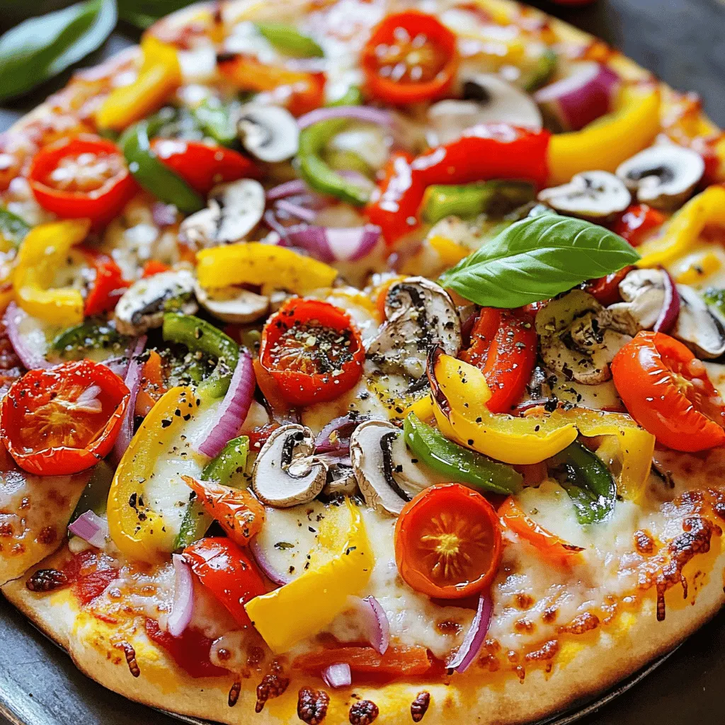 For a tasty veggie pizza, you need these simple ingredients: - 1 pre-made pizza crust - 1/2 cup pizza sauce - 1 cup shredded mozzarella cheese - 1/2 cup bell peppers (red, yellow, and green), thinly sliced - 1/2 cup mushrooms, sliced - 1/2 cup red onion, thinly sliced - 1/2 cup cherry tomatoes, halved - 1/4 cup black olives, sliced - 1 teaspoon dried oregano - 1/2 teaspoon red pepper flakes (optional for spice) - Fresh basil leaves for garnish These ingredients create a colorful and fresh veggie delight. The pre-made crust saves time. You can find it in most grocery stores. I love using fresh veggies for their taste and crunch. The mozzarella cheese melts perfectly, adding creaminess. You can mix and match the veggies based on your favorites. For more ideas, you can check the full recipe. Enjoy making this easy veggie pizza! 1. Preheat your oven to 475°F (245°C). This high heat helps the crust crisp. 2. Roll out your pre-made pizza crust on a flat surface. Make it as thick as you like. Then, place it on a baking sheet or pizza stone. 3. Spread 1/2 cup of pizza sauce evenly over the crust. Leave a small edge for the crust. 4. Add 1 cup of shredded mozzarella cheese on top of the sauce. Make it nice and cheesy. 1. Distribute 1/2 cup each of bell peppers, mushrooms, red onion, cherry tomatoes, and black olives over the cheese. Spread them out so every bite has veggies. 2. Sprinkle 1 teaspoon of dried oregano and 1/2 teaspoon of red pepper flakes if you like some heat. This adds extra flavor. 1. Bake the pizza in your preheated oven for 12-15 minutes. Look for a golden crust and melted cheese. 2. Once done, take it out and cool for a minute. Garnish with fresh basil leaves for a pop of color and taste before slicing. 3. Serve hot and enjoy your colorful veggie delight! Check out the Full Recipe for more tips. To make a great crust, start with a pre-made dough. Roll it out on a lightly floured surface. Use a rolling pin to get it even. Thin crust gives a crispy bite, while thick crust feels soft. Try to keep the edges a bit thicker for a nice crunch. For crispy edges, preheat your oven well. Aim for 475°F (245°C). A hot oven helps make those edges golden brown. Bake your pizza on a pizza stone if you have one. It holds heat and crisps the crust evenly. Fresh veggies make a big difference. Bell peppers add color and sweetness. Mushrooms give a nice earthiness. Red onions bring a sharp taste. Cherry tomatoes add juiciness and freshness. Aim for a mix of colors for more flavor and nutrients. When picking cheese, look for quality. Fresh mozzarella melts beautifully. It creates that gooey texture we love. Check the label for fresh ingredients, and avoid additives. Good cheese makes your pizza special. Spices can elevate your pizza. Dried oregano adds warmth and a hint of earth. Sprinkle it evenly over the toppings. Red pepper flakes bring heat if you like things spicy. Use them sparingly, and add more to taste. If you want a cheese alternative, try goat cheese or dairy-free options. These can bring unique flavors and suit different diets. Goat cheese adds a tangy touch. Nutritional yeast gives a cheesy flavor without dairy. Explore these options to enhance your veggie pizza. For the Full Recipe, check the main section. {{image_2}} You can make your veggie pizza even better with extra toppings. Try adding protein like grilled chicken or sausage. These options add flavor and heartiness. If you prefer a veggie boost, try unique toppings. Artichokes and spinach work well. They give your pizza a fresh twist. Mix and match until you find your favorite combo. Don’t limit yourself to just pizza sauce. Experiment with different sauces for fun flavors. Pesto is a great option. It adds a herby taste that pairs well with veggies. You can also use barbecue sauce for a sweet and smoky flavor. Try these sauces and discover a new favorite! If you need dietary changes, there are options for you. Look for gluten-free pizza crusts at the store. Many brands offer tasty alternatives. If you want a dairy-free option, consider vegan cheese. It melts nicely and tastes great. These adjustments let everyone enjoy the pizza! For more details, check out the [Full Recipe]. To keep leftover pizza fresh, wrap it well. Use plastic wrap or aluminum foil. You can also place the slices in an airtight container. This keeps moisture in and air out. Store the pizza in the fridge. Make sure to eat it within 3 to 4 days for the best taste. To freeze pizza, let it cool completely first. Then cut it into slices. Wrap each slice in plastic wrap, then in aluminum foil. This protects the pizza from freezer burn. You can freeze it for up to 2 months. When you’re ready to eat, reheat it in the oven. Set the oven to 375°F (190°C) and bake for about 15-20 minutes. This brings back the crispy crust and melted cheese. Leftover pizza lasts about 3 to 4 days in the fridge. If it smells bad or looks different, it’s best not to eat it. Look for signs like mold or an off smell. When in doubt, throw it out! Enjoy your colorful veggie delight pizza while it’s fresh for full flavor. For the complete recipe, check out the Full Recipe section. It takes about 30 minutes to make easy veggie pizza. Here's the breakdown: - Prep time: 15 minutes - Cook time: 12-15 minutes In just half an hour, you can have a hot, tasty pizza ready to enjoy! Yes, you can use fresh vegetables on your pizza. Fresh veggies add great flavor and crunch. Some popular choices are bell peppers, onions, and tomatoes. They keep their bright colors and nutrients when cooked briefly. Cooked veggies may soften and blend better with cheese. Both options work well, so choose what you like best. A few quick side dishes go well with veggie pizza. Try these: - Garden salad: Crisp greens with a light dressing. - Garlic bread: Easy to make and always a hit. - Fruit platter: Fresh fruit adds a sweet touch. - Veggie sticks: Carrots and celery with dip for crunch. These sides complement the pizza and make your meal more fun. For more ideas, check out the Full Recipe! This blog post guides you through making a tasty veggie pizza. We covered ingredients, step-by-step instructions, and helpful tips. You can choose your favorite veggies and sauces for a personal touch. Don't forget to store leftovers properly to enjoy later. Remember, cooking is about exploration and fun. So, go ahead and create your perfect pizza masterpiece today!