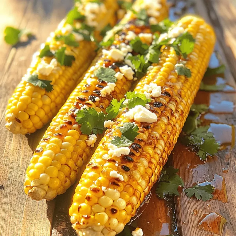 For Chili Lime Grilled Corn, you will need: - 4 ears of fresh corn, husked - 1/4 cup unsalted butter, melted - 2 tablespoons lime juice - 1 teaspoon chili powder - 1 teaspoon smoked paprika - 1/2 teaspoon garlic powder - 1/4 teaspoon salt - 1/4 teaspoon black pepper - 1/4 cup crumbled feta or cotija cheese (optional) - Fresh cilantro, chopped (for garnish) - Butter: You can use olive oil or coconut oil instead of unsalted butter. - Lime juice: Fresh lemon juice works as a good substitute for lime juice. - Cheese: For a dairy-free option, skip the cheese or use a non-dairy cheese. When choosing corn, look for these signs: - Husk: The husk should be bright green and tightly wrapped. - Silk: The silk should be golden and moist, not dry or brown. - Kernels: Press the kernels with your thumb. They should feel firm and juicy. - Shape: The ears should be plump and filled out, with no gaps. These tips will help you find the best corn for your grilled dish. For the full recipe, check out the detailed steps to create this tasty treat. Start by husking the corn. Remove all the silk and leaves. Rinse the corn under cool water to clean it. Next, melt your butter in a bowl. Add lime juice, chili powder, smoked paprika, garlic powder, salt, and black pepper. Mix these ingredients well. This mix will be your marinade. Brush it onto the corn, coating each ear generously. Save some marinade for basting while grilling. Heat your grill to medium-high. Place the corn directly on the grill grates. Cook for about 10 to 12 minutes. Turn the corn every few minutes. This will help it char nicely on all sides. In the last few minutes, use your reserved marinade to baste the corn. This will add even more flavor to each bite. Look for a golden-brown color on the corn. The kernels should be tender but still firm. You can pierce one with a fork to check. If the kernels feel soft and juicy, your corn is done. Remove it from the grill and let it cool slightly. If you want, sprinkle crumbled feta or cotija cheese on top for a creamy finish. Enjoy your zesty chili lime grilled corn! For the full recipe, check the details above. Grilling corn can be fun and easy. Start by soaking the corn in water for about 30 minutes. This helps keep it moist while grilling. You can also peel back the husks and remove the silk, then wrap the corn in foil. This method steams the corn as it cooks, giving it a juicy texture. Always preheat your grill to medium-high heat. This ensures even cooking and great char. To kick up the flavor, add spices like cayenne pepper or cumin. Both spices can bring an extra kick to your dish. Try mixing fresh herbs like oregano or parsley into your marinade. You can also use lime zest for that zesty kick. Remember, the more you experiment, the more fun you’ll have. Just be careful not to overdo it; you want the corn’s natural sweetness to shine. To get that perfect char, turn the corn every few minutes. Look for nice grill marks and a golden color on each side. If you want more char, you can leave it on a bit longer, but watch it closely. You don’t want it to burn. Brushing on more marinade during the last few minutes helps deepen the flavor and adds a nice glaze. Enjoy your delicious Chili Lime Grilled Corn following the Full Recipe! {{image_2}} You can mix things up with different spice blends. Instead of chili powder, try using cumin for a warm flavor. Paprika can add a sweet taste, while cayenne gives a nice heat. You can even make a taco-style corn by adding taco seasoning. Each blend gives a new twist to your grilled corn. If you want a dairy-free option, skip the cheese. Instead, use a drizzle of olive oil or a vegan butter. You can also add nutritional yeast for a cheesy flavor without dairy. This keeps your dish fresh and tasty while catering to different diets. Toppings can make your corn shine. Try adding diced tomatoes for a fresh bite. A squeeze of lime juice brightens up the flavor. You can sprinkle chopped green onions for a bit of crunch. Fresh herbs like parsley or basil also work well and add color. For a spicy kick, add sliced jalapeños. Get creative and enjoy your chili lime grilled corn in new ways! To keep leftover grilled corn fresh, wrap it in plastic wrap or foil. This method seals in moisture and flavor. Place the wrapped corn in an airtight container. Store it in the fridge for up to three days. If you want to keep it longer, consider freezing it. When reheating, I recommend using the grill or stovetop. This helps keep the corn's great taste and texture. Preheat your grill or skillet on medium heat. Place the corn on the grill for about five minutes. Turn it occasionally to heat evenly. You can also use the microwave. Just cover the corn with a damp paper towel. Heat for about 30 seconds to one minute. Freezing grilled corn is easy and keeps it tasty. First, let the corn cool completely. Then, cut the kernels off the cob if you prefer. Place the kernels or whole cobs in freezer bags. Squeeze out as much air as you can before sealing. Label the bags with the date. You can freeze them for up to six months. When you’re ready to enjoy, just thaw and reheat. Check out the Full Recipe for more delicious ideas! Yes, you can! To cook corn in the oven, preheat your oven to 400°F (200°C). Wrap each ear of corn in foil after brushing with the marinade. Place them on a baking sheet. Bake for 25 to 30 minutes. This method gives you tender corn with great flavor. You can tell the corn is done when it turns bright yellow. The kernels should feel firm and juicy when you bite into them. Check for charring on the outside, which adds a nice flavor. If you're unsure, you can cut one kernel to see if it’s tender. One common mistake is not soaking the corn before grilling. This can lead to dry, tough kernels. Another mistake is grilling corn over high heat without turning it. Make sure to turn the corn often for even cooking. Lastly, don’t skip the marinade; it adds great taste! For the full recipe, check the details above. Enjoy your cooking! We've covered everything you need for perfect grilled corn. I shared the key ingredients, helpful substitutes, and smart tips. You learned ideal grilling steps and how to check for the best flavor. Plus, we discussed fun variations and proper storage for leftovers. Grilling corn can be simple and rewarding. With these tips, you can enjoy tasty corn anytime. Now, fire up the grill and get creative with flavors!
