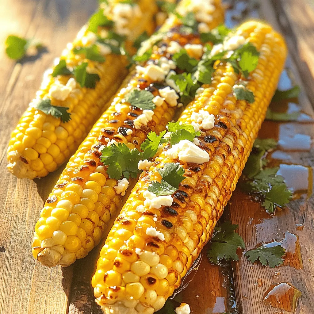 For Chili Lime Grilled Corn, you will need: - 4 ears of fresh corn, husked - 1/4 cup unsalted butter, melted - 2 tablespoons lime juice - 1 teaspoon chili powder - 1 teaspoon smoked paprika - 1/2 teaspoon garlic powder - 1/4 teaspoon salt - 1/4 teaspoon black pepper - 1/4 cup crumbled feta or cotija cheese (optional) - Fresh cilantro, chopped (for garnish) - Butter: You can use olive oil or coconut oil instead of unsalted butter. - Lime juice: Fresh lemon juice works as a good substitute for lime juice. - Cheese: For a dairy-free option, skip the cheese or use a non-dairy cheese. When choosing corn, look for these signs: - Husk: The husk should be bright green and tightly wrapped. - Silk: The silk should be golden and moist, not dry or brown. - Kernels: Press the kernels with your thumb. They should feel firm and juicy. - Shape: The ears should be plump and filled out, with no gaps. These tips will help you find the best corn for your grilled dish. For the full recipe, check out the detailed steps to create this tasty treat. Start by husking the corn. Remove all the silk and leaves. Rinse the corn under cool water to clean it. Next, melt your butter in a bowl. Add lime juice, chili powder, smoked paprika, garlic powder, salt, and black pepper. Mix these ingredients well. This mix will be your marinade. Brush it onto the corn, coating each ear generously. Save some marinade for basting while grilling. Heat your grill to medium-high. Place the corn directly on the grill grates. Cook for about 10 to 12 minutes. Turn the corn every few minutes. This will help it char nicely on all sides. In the last few minutes, use your reserved marinade to baste the corn. This will add even more flavor to each bite. Look for a golden-brown color on the corn. The kernels should be tender but still firm. You can pierce one with a fork to check. If the kernels feel soft and juicy, your corn is done. Remove it from the grill and let it cool slightly. If you want, sprinkle crumbled feta or cotija cheese on top for a creamy finish. Enjoy your zesty chili lime grilled corn! For the full recipe, check the details above. Grilling corn can be fun and easy. Start by soaking the corn in water for about 30 minutes. This helps keep it moist while grilling. You can also peel back the husks and remove the silk, then wrap the corn in foil. This method steams the corn as it cooks, giving it a juicy texture. Always preheat your grill to medium-high heat. This ensures even cooking and great char. To kick up the flavor, add spices like cayenne pepper or cumin. Both spices can bring an extra kick to your dish. Try mixing fresh herbs like oregano or parsley into your marinade. You can also use lime zest for that zesty kick. Remember, the more you experiment, the more fun you’ll have. Just be careful not to overdo it; you want the corn’s natural sweetness to shine. To get that perfect char, turn the corn every few minutes. Look for nice grill marks and a golden color on each side. If you want more char, you can leave it on a bit longer, but watch it closely. You don’t want it to burn. Brushing on more marinade during the last few minutes helps deepen the flavor and adds a nice glaze. Enjoy your delicious Chili Lime Grilled Corn following the Full Recipe! {{image_2}} You can mix things up with different spice blends. Instead of chili powder, try using cumin for a warm flavor. Paprika can add a sweet taste, while cayenne gives a nice heat. You can even make a taco-style corn by adding taco seasoning. Each blend gives a new twist to your grilled corn. If you want a dairy-free option, skip the cheese. Instead, use a drizzle of olive oil or a vegan butter. You can also add nutritional yeast for a cheesy flavor without dairy. This keeps your dish fresh and tasty while catering to different diets. Toppings can make your corn shine. Try adding diced tomatoes for a fresh bite. A squeeze of lime juice brightens up the flavor. You can sprinkle chopped green onions for a bit of crunch. Fresh herbs like parsley or basil also work well and add color. For a spicy kick, add sliced jalapeños. Get creative and enjoy your chili lime grilled corn in new ways! To keep leftover grilled corn fresh, wrap it in plastic wrap or foil. This method seals in moisture and flavor. Place the wrapped corn in an airtight container. Store it in the fridge for up to three days. If you want to keep it longer, consider freezing it. When reheating, I recommend using the grill or stovetop. This helps keep the corn's great taste and texture. Preheat your grill or skillet on medium heat. Place the corn on the grill for about five minutes. Turn it occasionally to heat evenly. You can also use the microwave. Just cover the corn with a damp paper towel. Heat for about 30 seconds to one minute. Freezing grilled corn is easy and keeps it tasty. First, let the corn cool completely. Then, cut the kernels off the cob if you prefer. Place the kernels or whole cobs in freezer bags. Squeeze out as much air as you can before sealing. Label the bags with the date. You can freeze them for up to six months. When you’re ready to enjoy, just thaw and reheat. Check out the Full Recipe for more delicious ideas! Yes, you can! To cook corn in the oven, preheat your oven to 400°F (200°C). Wrap each ear of corn in foil after brushing with the marinade. Place them on a baking sheet. Bake for 25 to 30 minutes. This method gives you tender corn with great flavor. You can tell the corn is done when it turns bright yellow. The kernels should feel firm and juicy when you bite into them. Check for charring on the outside, which adds a nice flavor. If you're unsure, you can cut one kernel to see if it’s tender. One common mistake is not soaking the corn before grilling. This can lead to dry, tough kernels. Another mistake is grilling corn over high heat without turning it. Make sure to turn the corn often for even cooking. Lastly, don’t skip the marinade; it adds great taste! For the full recipe, check the details above. Enjoy your cooking! We've covered everything you need for perfect grilled corn. I shared the key ingredients, helpful substitutes, and smart tips. You learned ideal grilling steps and how to check for the best flavor. Plus, we discussed fun variations and proper storage for leftovers. Grilling corn can be simple and rewarding. With these tips, you can enjoy tasty corn anytime. Now, fire up the grill and get creative with flavors!