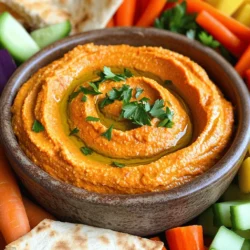 - 1 cup canned chickpeas, drained and rinsed - 1 large red bell pepper, roasted and peeled - 2 tablespoons tahini - 2 tablespoons olive oil - 2 tablespoons lemon juice - 1 garlic clove, minced - 1/2 teaspoon ground cumin - Salt to taste - Water as needed for desired consistency - Fresh parsley for garnish - Pita bread or vegetable sticks for serving To create creamy roasted red pepper hummus, you need simple yet flavorful ingredients. First, canned chickpeas are a must. They give the base a smooth texture. Next, the red bell pepper is the star. Roasting it brings out its natural sweetness. Then, tahini adds richness and depth. Olive oil helps to blend everything smoothly. Lemon juice adds a bright note. For the additional ingredients, minced garlic gives a kick. Ground cumin adds warmth. You can adjust salt to your taste. If your hummus is too thick, don’t worry! Just add water a little at a time until it’s creamy. Fresh parsley will add a pop of color on top. Finally, serve it with pita bread or crisp vegetable sticks for a tasty snack. Check out the full recipe for all the steps! To roast a bell pepper, place it under a broiler for about 15 minutes. You should turn it often. This will help the skin char evenly. Once charred, take it out and cover it with a towel for 10 minutes. This steaming helps loosen the skin. After that, peel off the skin, remove the seeds, and chop it up into small pieces. Now, it’s time to blend everything together. In a food processor, add the roasted red bell pepper, 1 cup of chickpeas, 2 tablespoons of tahini, 2 tablespoons of olive oil, 2 tablespoons of lemon juice, 1 minced garlic clove, and 1/2 teaspoon of ground cumin. Start the processor and mix everything until smooth. Remember to scrape down the sides if needed. If your hummus is too thick, add water slowly. Start with about a tablespoon at a time. Keep blending until you reach your desired creamy texture. After that, taste your hummus. Add salt as needed and blend again to mix it well. This step is crucial for the best flavor. For the full recipe, check the details above. To get that perfect creamy texture in your hummus, you must balance water and the other ingredients. Start with the right ratio of chickpeas and roasted red pepper. If it feels thick, don’t worry! Gradually add water, one tablespoon at a time, until it feels just right. Use a good food processor to blend everything well. Pulse the mixture a few times before blending continuously. This helps break down the ingredients evenly. Scrape the sides during blending to catch all the bits. If you want to change the flavor, you can swap out garlic or cumin. Try onion powder or smoked paprika instead. You could also add fresh herbs like basil or cilantro for a nice twist. Spices like chili powder can add some heat, while lemon zest can brighten up the flavor. For a fun presentation, serve your hummus on a large platter. Drizzle extra olive oil on top and sprinkle fresh parsley. You can also add colorful toppings like sliced olives or diced tomatoes. Pair your hummus with pita bread, but don’t stop there! Veggie sticks like carrots, cucumbers, and bell peppers work great too. For more ideas, check the full recipe and explore different dips and toppings that complement the hummus. {{image_2}} You can make hummus in many ways. Try adding roasted garlic for a rich taste. Just roast a few cloves alongside your red pepper. The sweet garlic will blend well. You can also mix in fresh herbs like basil or cilantro. They add a fresh twist and pop of color. Experiment with other roasted vegetables too. Zucchini or eggplant can create unique flavors. Just roast them like the bell pepper and blend them in. Each addition gives a new taste and experience. Some people have special diets. You can make this hummus nut-free by skipping the tahini. Instead, try using sunflower seed butter. It keeps the creamy texture without nuts. For low-sodium options, use low-salt chickpeas. You can also adjust the salt when blending. This recipe is naturally vegan. All the ingredients are plant-based. If you need a dairy-free option, you’re already set. Just ensure your tahini is free from any added dairy. Hummus works well as an appetizer or a party dip. Serve it in a small bowl with pita bread for an appetizer. For parties, use a large platter and surround it with veggies. This makes it easy for guests to grab a bite. You can get creative with your serving too. Consider using small jars for individual servings. This adds a fun touch to your table. You can also drizzle some olive oil on top or sprinkle paprika for style. For more details on making this dish, check out the Full Recipe. To store leftover creamy roasted red pepper hummus, place it in an airtight container. This helps keep it fresh. In the fridge, it lasts for about 4 to 5 days. Always check for any off smells or changes in texture before using it again. You can freeze hummus easily. Just scoop it into a freezer-safe container. Leave some space at the top for expansion. It stays good for about 3 months in the freezer. When you're ready to use it, thaw it overnight in the fridge. For the best texture, stir it well before serving. You can use leftover hummus in many ways. Spread it on sandwiches for a tasty twist. Mix it into pasta for a creamy sauce. You can even use it as a dip for fresh veggies or chips. The options are endless! To make creamy roasted red pepper hummus, follow these steps: 1. Roast a large red pepper until its skin is charred. 2. Let it steam for ten minutes, then peel off the skin. 3. In a food processor, add the roasted pepper, 1 cup of chickpeas, 2 tablespoons of tahini, 2 tablespoons of olive oil, 2 tablespoons of lemon juice, 1 minced garlic clove, and 1/2 teaspoon of ground cumin. 4. Blend until smooth, scraping down the sides. 5. If the mix is too thick, add water slowly until creamy. 6. Taste and add salt as needed, then blend again. 7. Serve in a bowl, drizzle with olive oil, and add fresh parsley. This recipe is quick and easy, taking just 15 minutes. You can find the full recipe above. Yes, you can use fresh peppers, but roasted peppers give a richer flavor. Roasting brings out the natural sweetness and adds smokiness. Fresh peppers will taste crisper and brighter, which might not give the same depth. If you choose fresh, consider sautéing them lightly to enhance their flavor before blending. Hummus pairs well with many foods. Some of the best options include: - Pita bread - Fresh vegetable sticks like carrots, cucumbers, and bell peppers - Crackers - Toasted baguette slices - Chips You can create a fun platter to share. This way, everyone can enjoy the creamy dip! In this blog post, I covered how to make creamy roasted red pepper hummus easily. We explored key ingredients, detailed steps, and valuable tips for the best flavor. Remember, you can adjust the recipe to suit your taste and needs. Experimenting with flavors and presentations can make your hummus shine at any gathering. Don’t forget to properly store your leftovers to enjoy later. With these techniques, you can create a delicious dip that everyone will love.