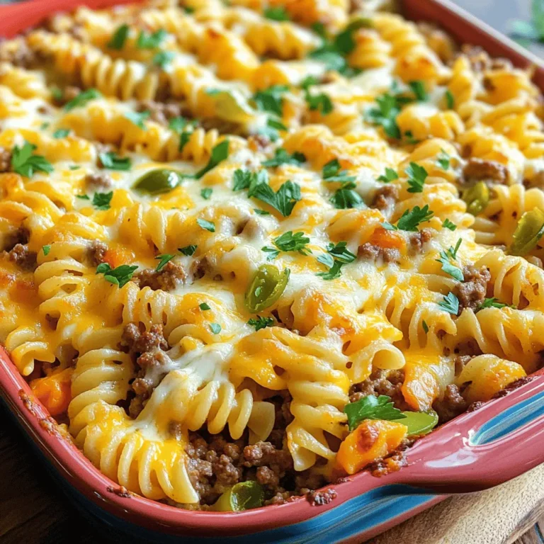 - 1 lb ground beef - 1 small onion, diced - 2 cloves garlic, minced - 1 cup frozen mixed vegetables (peas, carrots, corn) Ground beef is the heart of this dish. It gives the casserole its rich flavor and protein. I love using a small onion and minced garlic. They add sweetness and depth to the beef. Frozen mixed vegetables are a great time-saver. They bring color and nutrition without extra work. - 1 cup rotini or elbow macaroni, uncooked - 1 can (10.5 oz) cheddar cheese soup - 1/2 cup milk - 1 cup shredded cheddar cheese For the pasta, you can choose rotini or elbow macaroni. Both hold sauce well. The cheddar cheese soup is creamy and adds a cheesy flavor. Milk helps thin the soup and make it smooth. Shredded cheddar cheese on top creates a bubbly, golden crust. - 1/2 cup dill pickle relish - 2 tablespoons ketchup - 1 tablespoon mustard - Salt and pepper to taste - 1/2 teaspoon smoked paprika - 2 tablespoons chopped fresh parsley (for garnish) Dill pickle relish gives a tangy bite. Ketchup and mustard add classic burger flavor. Season with salt, pepper, and smoked paprika for extra taste. Fresh parsley adds a pop of color and freshness. For the full recipe, check out the details above. 1. Preheat your oven to 350°F (175°C). This helps cook the casserole evenly. 2. Grease a 9x13 inch baking dish. This will stop the food from sticking. 1. In a large skillet, brown 1 pound of ground beef over medium heat. Break it apart with a spatula. 2. Add 1 small diced onion and 2 minced garlic cloves to the skillet. Sauté for about 3-4 minutes until the onion looks clear. 1. Stir in 1 cup of frozen mixed vegetables. Cook for another 3 minutes until they warm up. 2. In a big bowl, mix the beef and veggie mix with 1 cup of uncooked rotini, 1 can of cheddar cheese soup, 1/2 cup of milk, 1 cup of shredded cheddar cheese, 1/2 cup of dill pickle relish, 2 tablespoons of ketchup, 1 tablespoon of mustard, 1/2 teaspoon of smoked paprika, and salt and pepper to taste. Make sure everything is mixed well. 3. Pour this mixture into your greased baking dish and spread it out evenly. 1. Cover the dish with aluminum foil and bake for 25 minutes. This keeps the heat in. 2. Remove the foil and bake for another 10-15 minutes. The top should be bubbly and golden. 1. After baking, let the casserole rest for 5 minutes. This helps the flavors settle. 2. Garnish with 2 tablespoons of chopped fresh parsley before serving. It adds color and flavor. For the full recipe, check the section above! You can swap ground beef for turkey or chicken. These options are leaner and still tasty. For a vegetarian twist, try using lentils or black beans instead of meat. They add protein and fiber. If you want a dairy-free meal, use a dairy-free cheese soup. You can find brands made with coconut milk or cashews. When browning meat, use high heat. This helps create a nice brown color and adds flavor. Break the meat into small pieces for even cooking. Stir often to avoid burning. For pasta, make sure to cook it until it's al dente. This means it should be firm but not hard. It will soften more during baking. Pair this casserole with a fresh salad. A simple green salad adds crunch and freshness. You can also serve it with garlic bread for a filling meal. For extra flavor, try toppings like diced tomatoes, crispy bacon, or sliced green onions. These make the dish fun and add a nice touch. For the full recipe, check out the detailed instructions above. {{image_2}} You can make a tasty vegetarian version of this dish. Start by swapping out the ground beef for a plant-based meat alternative. Options like lentils or chickpeas work well. They add protein and texture. You can also add extra vegetables. Try bell peppers, zucchini, or mushrooms for added flavor. This version is colorful and just as filling. If you like heat, this variation is perfect for you. Adding jalapeños or your favorite hot sauce gives the dish a spicy kick. I recommend using pepper jack cheese instead of cheddar. This cheese has a nice bite that complements the spice. This casserole is sure to please anyone who loves bold flavors. For those on a keto diet, you can easily adjust this recipe. Use low-carb pasta substitutes like zucchini noodles or spaghetti squash. This keeps the dish hearty without the carbs. You can also adjust the sauces. Opt for low-carb ketchup and check the cheese for hidden sugars. This way, you can enjoy a delicious meal that fits your diet. Check out the Full Recipe for more details! To store leftovers properly, let the casserole cool first. Then, place it in an airtight container. This helps keep the flavors fresh. I recommend using glass or plastic containers with tight lids. These work well to prevent spills and keep food safe. For freezing, cut the casserole into portions. Wrap each piece tightly in plastic wrap. Then, place them in a freezer-safe bag. Remember to label the bags with the date. When you're ready to eat, thaw it in the fridge overnight. For reheating, bake at 350°F until hot. You can also use the microwave for a quick meal. In the fridge, the Loaded Cheeseburger Casserole lasts about 3 to 4 days. Always check for signs of spoilage. Look for off smells or changes in texture. If it has any mold, toss it out. Keeping track of these signs helps you enjoy your leftovers safely. Yes, you can prep this casserole in advance. Just follow the recipe and stop before baking. Cover the dish and store it in the fridge for up to 24 hours. When ready to eat, bake it straight from the fridge. You might need to add a few extra minutes to the baking time. This makes meal planning easy and quick on busy nights. If you want a substitute for cheddar cheese soup, try using cream of mushroom soup. It gives a nice flavor, too. You can also make a simple cheese sauce with melted cheddar and cream. Mix it with a bit of milk to reach the right consistency. This way, you keep the creamy texture and cheesy flavor. To add heat, try mixing in jalapeños or hot sauce. You can also use pepper jack cheese instead of cheddar cheese. If you want a milder spice, try adding a pinch of cayenne pepper. Each of these options will make your casserole zesty and fun. Adjust the spice level to suit your family's taste. Yes, this casserole works great in a slow cooker. Just brown the beef and onions first, then mix all the ingredients in the slow cooker. Set it on low for about 4 to 6 hours. This method keeps the flavors rich and allows for a hands-off cooking experience. It's a great way to fill your home with delicious smells. Absolutely! Adding more veggies is a great idea. You can mix in bell peppers, spinach, or even zucchini. Just chop them small so they cook evenly. This not only boosts nutrition but also adds color and texture. Feel free to get creative with what you have on hand. Enjoy experimenting for a unique dish. For the full recipe, check out the details above. You’ve learned how to make a tasty Loaded Cheeseburger Casserole with simple steps. From preparing the ingredients to baking, it’s easy to follow. You can mix and match flavors and ingredients to fit your tastes. Remember, leftovers store well in the fridge or freezer, making this a smart choice for busy days. This recipe not only satisfies your hunger but also sparks creativity in the kitchen. Enjoy your time cooking and savor every bite of this delicious dish!