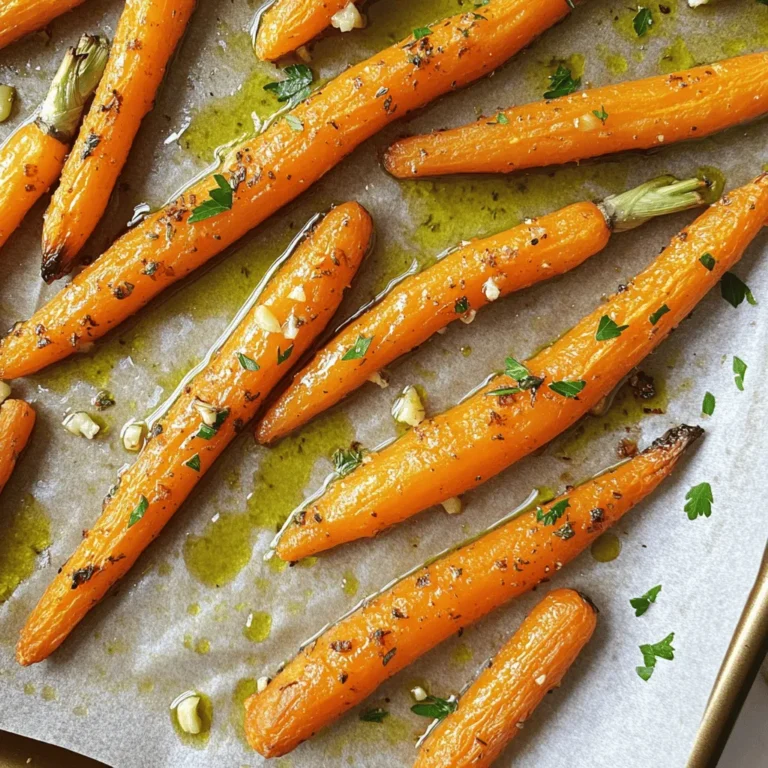 - 1 pound baby carrots - 3 tablespoons olive oil - 4 cloves garlic, minced - 1 teaspoon dried thyme - 1 teaspoon dried rosemary - 1 teaspoon honey (optional) - Salt and black pepper to taste - Fresh parsley for garnish The main ingredients in Garlic Herb Roasted Carrots are simple yet tasty. Baby carrots bring a natural sweetness and bright color. You can use whole carrots cut into sticks if you prefer. Olive oil adds richness and helps the carrots roast evenly. Garlic gives a bold flavor that pairs well with the herbs. Thyme and rosemary add depth to the dish. You can adjust these herbs to fit your taste. If you want a hint of sweetness, honey works nicely. Salt and pepper enhance all the flavors. Finally, fresh parsley adds a pop of color and freshness when serving. - Baking sheet - Parchment paper - Mixing bowl For this recipe, you need a few key tools. A baking sheet helps the carrots roast well. Lining it with parchment paper makes cleanup easy. Use a mixing bowl to combine all the ingredients before roasting. With these tools, you will create a great side dish that everyone will love. You can find the full recipe for Garlic Herb Roasted Carrots [here](#). - Preheat the oven: Start by preheating your oven to 425°F (220°C). This high heat helps the carrots caramelize. - Combine ingredients in a mixing bowl: In a large mixing bowl, add the baby carrots, olive oil, minced garlic, dried thyme, and dried rosemary. If you want a hint of sweetness, add the honey. Then, sprinkle in salt and pepper. - Toss to coat carrots: Mix all the ingredients together. Make sure every carrot is covered in the garlic herb mixture. This step is key for great flavor. - Spread carrots on the baking sheet: Line a baking sheet with parchment paper for easy cleanup. Spread the carrots out in a single layer. This helps them roast evenly. - Roast duration and temperature: Place the baking sheet in the oven. Roast for about 25-30 minutes. You want the carrots to become tender and caramelized. - Stir halfway through cooking: At the halfway mark, take the sheet out and stir the carrots. This ensures they cook evenly and get nice and brown. - Cooling instructions: Once the carrots are roasted, remove them from the oven. Let them cool for a few minutes. This lets the flavors settle. - Garnishing with parsley: Just before serving, sprinkle fresh chopped parsley on top. This adds a pop of color and freshness to the dish. For the complete guide, check out the Full Recipe. Enjoy your delicious garlic herb roasted carrots! To make your garlic herb roasted carrots shine, adjust the herbs to your taste. You can add more thyme or rosemary for a stronger flavor. Always use fresh garlic when you can. It gives a rich taste that dried garlic just can't match. For even cooking, cut the carrots into similar sizes. This way, they cook at the same rate. To know when the carrots are done, look for a nice golden color. You can also poke them with a fork; they should be tender but not mushy. Feel free to add spices like cumin or paprika for a kick. You can also toss in other vegetables like bell peppers or zucchini. They roast well and add color and flavor to the dish. If you want the full recipe, check out the detailed instructions for a perfect result. {{image_2}} You can spice things up by adding cayenne pepper or chili flakes. This gives the carrots a nice kick. Start with a small amount. You can always add more if you want more heat. This variation is great for those who love bold flavors. The sweetness of the carrots balances well with the spice. For a fresh twist, try using lemon juice or orange zest. Citrus adds brightness to the dish. Just squeeze some juice over the carrots before roasting. You can also sprinkle on zest for an extra zing. This variation makes the carrots taste even more vibrant and refreshing. Don’t be afraid to experiment with different herbs. You can try basil or oregano for a new flavor. Fresh herbs can also work well in this dish. They add a layer of taste that enhances the carrots. Mix and match your favorites for a unique twist each time you make them. Garlic Herb Roasted Carrots are simple to make and easy to customize. For the full recipe, check the earlier section! To keep Garlic Herb Roasted Carrots fresh, let them cool first. Place them in an airtight container. Store in the fridge for up to four days. This helps keep their flavor and texture. If you want to enjoy them later, make sure to keep them sealed tight. For the best taste, reheat the carrots in the oven. Preheat your oven to 350°F (175°C). Place the carrots on a baking sheet. Heat them for about 10-15 minutes. This warms them up without making them mushy. You can also use a microwave. Heat them for 1-2 minutes, but they may lose some texture. Yes, you can freeze roasted carrots! First, let them cool completely. Then, spread them out on a baking sheet. Freeze them for about 1-2 hours until firm. After that, transfer the carrots to a freezer bag. Remove as much air as you can. They can last for up to three months. When you’re ready to eat, thaw them in the fridge overnight before reheating. Roast carrots for about 25-30 minutes at 425°F (220°C). Check for tenderness. You want them soft and slightly caramelized. Stir them halfway for even cooking. This ensures they roast well on all sides. Yes, you can use regular carrots. Just cut them into equal pieces. Aim for 2 to 3 inches long. This helps them cook evenly like baby carrots. These carrots pair well with many main dishes. Try serving them with roasted chicken or grilled steak. They also go great with fish or a hearty veggie dish. The flavors complement each other nicely. For a full meal, add a grain like rice or quinoa. Check out the Full Recipe for more ideas. In this post, we explored making Garlic Herb Roasted Carrots. You learned about the key ingredients, necessary tools, and step-by-step instructions. I shared tips for flavor and perfect roasting. Variations let you experiment with herbs and spices. To sum up, this dish is simple, tasty, and versatile. You can quickly add your twist while enjoying healthy flavors. Happy cooking!