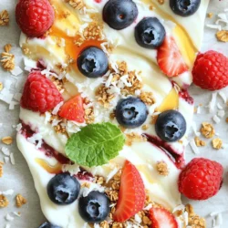 - Greek yogurt (plain or vanilla) - Mixed berries (blueberries, raspberries, strawberries) - Honey or maple syrup - Vanilla extract - Granola - Shredded coconut (optional) - Fresh mint leaves for garnish (optional) For this refreshing treat, I love using Greek yogurt. It adds creaminess and protein. You can choose plain or vanilla yogurt based on your taste. Next, mixed berries are key. I enjoy blueberries, raspberries, and strawberries. They provide sweet and tart flavors. Sweeteners enhance the taste. I often use honey or maple syrup. Both work well to balance the yogurt's tang. A splash of vanilla extract gives the yogurt a warm aroma. Granola adds a delightful crunch. It's excellent for texture. If you like, sprinkle some shredded coconut on top. It adds a tropical touch. For a pretty finish, fresh mint leaves make a great garnish. They add a pop of green color and a fresh taste. You can find the full recipe to guide your preparation. Creating this yogurt bark is simple and fun. Enjoy the process of mixing and layering these vibrant ingredients! To start, I combine Greek yogurt, honey, and vanilla extract in a mixing bowl. I mix them until they blend well. This creates a smooth and creamy base for our bark. Next, I line a baking sheet with parchment paper. I leave some paper hanging over the edges, making it easy to lift the bark later. Now, it’s time to layer! I spread half of the yogurt mixture evenly across the lined baking sheet. I make sure it’s smooth and covers the entire sheet. After that, I sprinkle half of the mixed berries over the yogurt layer. The berries add color and flavor. If you want, I drizzle a little more honey on top for extra sweetness. Then, I carefully spread the rest of the yogurt mixture over the first layer. I smooth it out gently to keep it neat. Finally, I top it with the remaining berries, granola, and shredded coconut. I press these lightly into the yogurt so they stick well. Once the layers are ready, I place the baking sheet in the freezer. I let it freeze for at least 4 hours, or until it’s completely solid. This step is key! When the bark is frozen, I lift it out using the parchment paper overhang. I break it into pieces, making them just right for serving. If I want to make it look fancy, I garnish with fresh mint leaves. This adds a pop of color and a fresh taste. Enjoy your Frozen Layered Berry Yogurt Bark for a delicious treat! For the full recipe, check out the details above. To make the best yogurt bark, you need the right texture. Start with thick Greek yogurt. This will help your bark hold its shape. If your yogurt is too runny, it will not freeze well. You can also strain it through a cheesecloth to remove excess liquid. For even layers, spread the yogurt mixture smoothly across the baking sheet. Use a spatula to help create a flat surface. After adding the berries, push them down gently. This will keep them from floating when you add the next layer. You can switch out honey or maple syrup for other sweeteners. Agave nectar or coconut sugar are great options. If you want no added sugar, try mashed bananas or pureed dates. These natural sweeteners will change the taste, so adjust to your liking. When using a different sweetener, remember to taste as you mix. This will help you find the right balance. Each sweetener has a unique flavor, so don’t be afraid to experiment based on your dietary needs. Serving yogurt bark can be fun and creative. You can cut it into fun shapes or break it into random pieces. For a more elegant touch, add fresh mint leaves on top. This adds a pop of color and flavor. Pair your yogurt bark with other desserts like granola or yogurt. You can even serve it alongside fresh fruit or a drizzle of chocolate sauce. This makes a great dessert platter for any get-together. For more details, check the Full Recipe. {{image_2}} You can play with yogurt flavors in this recipe. Try strawberry yogurt for a fruity twist. If you prefer, use plain yogurt and add spices like cinnamon or nutmeg. A drop of almond or coconut extract can also add a unique taste. If you want to switch up the berries, feel free to mix in other fruits. Sliced bananas, peaches, or kiwi can work great. Think about using seasonal fruits, like apples in fall or mangoes in summer. This keeps the treat fresh and exciting. For a fun crunch, consider different toppings. Chopped nuts like almonds or walnuts add a nice texture. You can also sprinkle seeds like chia or pumpkin seeds for added nutrition. These add-ins make the yogurt bark even more delightful and tasty. To keep your frozen layered berry yogurt bark fresh, store it in an airtight container. This protects it from air and moisture. You can also wrap it tightly in plastic wrap before placing it in the container. This extra layer helps avoid freezer burn. Freezer burn can dry out the bark and affect its taste. You can store the yogurt bark in the freezer for up to three months. After that, it may lose some flavor and texture. Signs that the yogurt bark has gone bad include ice crystals forming on the surface or a change in color. If it smells off, it’s best to toss it out. The best way to thaw your yogurt bark is to move it from the freezer to the fridge. Let it sit for about 30 minutes before serving. If you’re in a hurry, you can leave it at room temperature for 10-15 minutes. After thawing, cut it into pieces and serve. Enjoy the refreshing taste of your frozen berry yogurt bark! Frozen Layered Berry Yogurt Bark is a cool, sweet treat. It has layers of yogurt, berries, and crunchy bits. You make it by mixing yogurt with honey and vanilla. Then, you layer it with fresh berries and granola. It is a fun way to enjoy healthy snacks. Each bite is creamy and fruity, perfect for warm days. The total time to make this treat is about 4 hours and 15 minutes. You spend just 15 minutes prepping the ingredients. Then, you freeze the bark for at least 4 hours. This time lets the yogurt harden, so it is easy to break into pieces. Yes, you can use different yogurt types for your bark. Greek yogurt is thick and creamy, but you can also use regular yogurt. For those who want dairy-free options, try coconut or almond yogurt. Just remember, the type of yogurt affects the taste and texture. Greek yogurt gives a richer flavor, while coconut yogurt adds a tropical twist. This recipe is highly customizable! You can change the berries based on what you like. Try adding bananas, mangoes, or peaches for different flavors. You can also mix in nuts or seeds for a crunchy bite. For more fun, add a dash of cinnamon or nutmeg. Get creative and make it your own! For the full recipe, check out the details above. Frozen layered berry yogurt bark is a fun, healthy treat. We covered the ingredients, steps, and storage tips. You learned how to layer yogurt and berries for the perfect bark. Remember, you can customize with different fruits and toppings. This dish is easy to freeze and enjoy later. Use the tips to avoid freezer burn and make it last longer. Each bite delivers flavor and nutrition. Try making it your own with new flavors or fruits. Enjoy your tasty creation and share it with friends!
