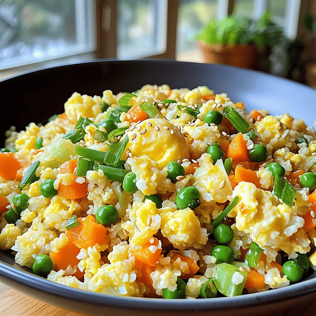 To make a tasty cauliflower fried rice, you need some key items. Here’s the list: - 1 medium head of cauliflower, riced - 2 tablespoons sesame oil - 1 small onion, finely chopped - 2 cloves garlic, minced - 1 cup mixed vegetables (carrots, peas, bell peppers) - 2 green onions, chopped - 2 large eggs, lightly beaten - 3 tablespoons soy sauce (or tamari for gluten-free) - 1 teaspoon ginger, grated - Salt and pepper to taste These ingredients create a great base for your dish. The cauliflower acts as rice, while the vegetables add crunch and color. The eggs add protein and make the dish filling. You can enhance your cauliflower fried rice with a few extra ingredients. Consider adding: - Sesame seeds for garnish - Red pepper flakes for heat - Fresh herbs like cilantro or basil These optional items bring more texture and flavor. You can mix and match based on your taste. Cauliflower fried rice is a healthy choice. It is low in carbs and high in fiber. Here’s a quick look at the nutrition: - Calories: Approximately 150 per serving - Protein: About 8 grams - Fat: Around 10 grams - Carbohydrates: Roughly 12 grams This dish is great for those looking to eat healthy without missing out on flavor. Plus, it’s easy to make and perfect for any meal. If you want the full recipe, check out the details above! To start, take your cauliflower and remove the leaves and stem. Cut the head into smaller florets. Then, either use a food processor or a box grater to rice the florets. You want the pieces to look like small grains of rice. This takes just a few minutes. Once done, set the riced cauliflower aside for later use. Next, grab a large skillet or wok. Heat the sesame oil over medium heat. Once hot, add the chopped onion and minced garlic. Sauté them for about 2-3 minutes. You want the onions to be soft and see-through. This step adds great flavor to your dish. Now, stir in your mixed vegetables. Cook them for another 3-4 minutes. They should be tender but still bright in color. Now it’s time to bring everything together. Push the cooked vegetables to one side of the pan. Pour the beaten eggs into the empty space. Scramble the eggs for about 2 minutes. Once cooked, mix the eggs with the veggies. Next, add the riced cauliflower into the skillet. Pour in the soy sauce and grated ginger. Stir everything well. Cook for about 5 more minutes, stirring occasionally. The cauliflower should be tender but not mushy. Season with salt and pepper to taste. Finally, fold in the chopped green onions. Serve hot, and if you like, sprinkle sesame seeds on top. For the complete recipe, check out the Full Recipe. To make the best cauliflower fried rice, start with fresh cauliflower. Ricing it is key. Use a food processor or a box grater. Make sure the grains are small and even. This helps them cook evenly. Cook on medium heat. High heat can burn the rice. Stir often to avoid sticking. This keeps your dish light and fluffy. To boost flavor, add fresh garlic and onion early. This gives a strong base. Use soy sauce or tamari for a salty kick. Add ginger for warmth and spice. Experiment with spices! Try chili flakes for heat or curry powder for a twist. Fresh herbs like cilantro or basil also brighten the dish. Don’t forget to season with salt and pepper. Always taste as you cook. Adjust flavors to your liking. A large skillet or wok is best for frying. These allow for even heat distribution. A sharp knife helps with chopping and dicing. A food processor makes ricing easy. Use a spatula for mixing. It helps combine all the ingredients well. A measuring cup for liquids ensures accurate amounts. For the full recipe, check below. Enjoy your cooking! {{image_2}} You can easily boost your cauliflower fried rice with protein. Try adding cooked chicken, shrimp, or tofu. Simply chop the protein into bite-sized pieces. Add them to the skillet after cooking the vegetables. This way, they heat up nicely without overcooking. For a tasty twist, use cooked bacon or ham. Both options add a nice crunch and flavor. If you want a vegetarian or vegan dish, skip the eggs. Instead, add extra vegetables for texture. Consider using mushrooms, zucchini, or baby corn. You can also use chickpeas or lentils for protein. They add heartiness and keep the dish filling. Another option is to add a splash of coconut aminos instead of soy sauce. This keeps it gluten-free and adds a unique flavor. If you're following a low-carb or keto diet, you’re in luck! Cauliflower is a great base for this meal. You can also swap out the soy sauce for liquid aminos. This option has fewer carbs and still packs flavor. If you want more healthy fats, drizzle some avocado oil over your dish before serving. This adds richness without extra carbs. For a bit of crunch, sprinkle on some crushed nuts or seeds. They enhance the texture and flavor. For the complete dish, check out the Full Recipe. Enjoy customizing your cauliflower fried rice! To keep your cauliflower fried rice fresh, let it cool first. Place it in an airtight container. You can store it in the fridge for up to four days. If you notice moisture, use paper towels to absorb it. This helps prevent sogginess. When you are ready to eat, reheat the cauliflower fried rice on the stove. Use medium heat and add a splash of water or oil. Stir often to heat evenly. You can also microwave it for about 1-2 minutes. Check to see if it's hot. Stir halfway through for best results. If you want to save some for later, freezing is a great option. Allow the fried rice to cool fully. Portion it into freezer-safe bags or containers. Make sure to remove any excess air before sealing. This can last for up to three months in the freezer. When ready to eat, thaw it in the fridge overnight and reheat as described above. For best flavor, use it sooner rather than later. Enjoy your meal! For the full recipe, check out the provided details. To make cauliflower fried rice taste more like the classic dish, use soy sauce and sesame oil. These give it the savory flavor you expect. Adding a touch of oyster sauce can also help. You can include some cooked chicken or shrimp for more protein and texture. Finally, don't skip the eggs! They add richness and help bind all the ingredients together. Yes, you can use frozen cauliflower for this recipe. It saves time since you won't need to rice it yourself. Just make sure to thaw and drain the cauliflower well. This prevents excess moisture that can make the dish soggy. Cook it in the skillet until it’s heated through, and then follow the rest of the steps. There are many vegetables you can use in cauliflower fried rice. Try bell peppers, corn, and broccoli for a colorful mix. You can also add snap peas or zucchini for a crunchy texture. Another fun option is to include some leafy greens like spinach or kale. Mix and match to find your favorite combination and enjoy the variety! You now know how to make tasty cauliflower fried rice. We explored essential and optional ingredients, then covered step-by-step cooking methods. I shared helpful tips to improve texture and flavor. We also looked at different variations that fit many diets. Lastly, I discussed how to store leftovers properly. With these tips, you can create a delicious dish that suits your needs. Enjoy your cooking!
