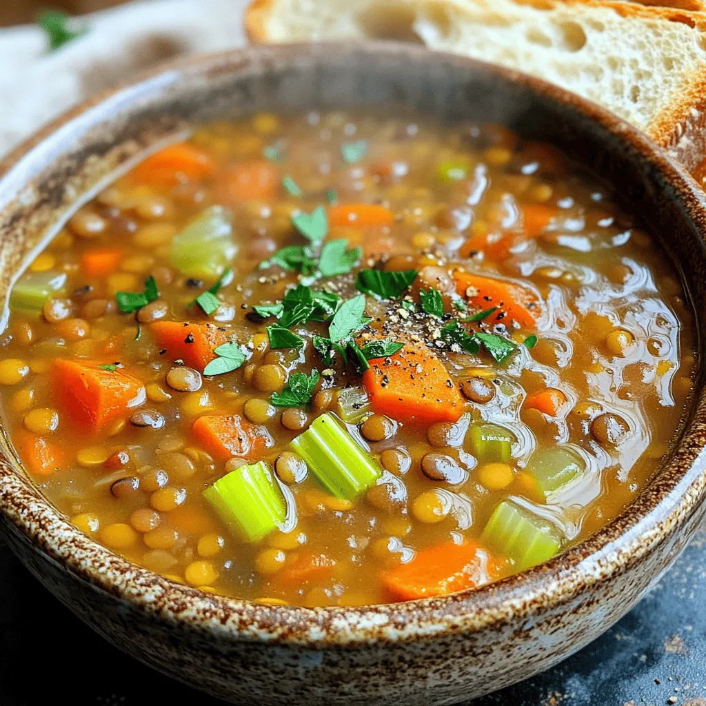To make a comforting bowl of Hearty Lentil Soup, gather these ingredients: - 1 cup green or brown lentils, rinsed - 1 large onion, chopped - 2 carrots, diced - 2 celery stalks, diced - 3 cloves garlic, minced - 1 can (14 oz) diced tomatoes (with juice) - 6 cups vegetable broth - 2 bay leaves - 1 teaspoon ground cumin - 1 teaspoon smoked paprika - 1 teaspoon dried thyme - Salt and pepper to taste - 2 tablespoons olive oil - Fresh parsley, for garnish When picking lentils, look for those that are whole and dry. Avoid lentils that have cracks or holes. The best types for this soup are green or brown lentils. They hold their shape well during cooking. You can find them in most grocery stores. Check the bulk section for fresh options. If you want a softer texture, red lentils cook faster, but they will break down more in the soup. If you lack some ingredients, here are easy swaps: - Use shallots instead of onion for a milder taste. - Swap carrots with sweet potatoes for added sweetness. - Instead of celery, use bell peppers for a pop of color. - If you're out of vegetable broth, water will work, but add more seasoning. - Replace olive oil with coconut oil for a different flavor. These substitutions can help you make the soup with what you have on hand. To make this soup, start by gathering your ingredients. You will need: - 1 cup green or brown lentils, rinsed - 1 large onion, chopped - 2 carrots, diced - 2 celery stalks, diced - 3 cloves garlic, minced - 1 can (14 oz) diced tomatoes (with juice) - 6 cups vegetable broth - 2 bay leaves - 1 teaspoon ground cumin - 1 teaspoon smoked paprika - 1 teaspoon dried thyme - Salt and pepper to taste - 2 tablespoons olive oil - Fresh parsley, for garnish Follow these steps for a warm bowl of soup: 1. Heat olive oil in a large pot over medium heat. 2. Add chopped onion, carrots, and celery. Cook for 5-7 minutes. The vegetables should be soft, and the onions should look clear. 3. Stir in minced garlic and cook for one more minute. You want to smell the garlic, not burn it. 4. Add rinsed lentils, diced tomatoes, broth, bay leaves, cumin, smoked paprika, and thyme. Mix it well. 5. Bring the pot to a boil. Once boiling, lower the heat and cover the pot. Let it simmer for about 30-35 minutes. Check if the lentils are soft. 6. Remove the bay leaves. Season the soup with salt and pepper to your taste. 7. If you want a creamier soup, use an immersion blender to blend some of it. If you don't have one, pour a cup or two into a blender, then mix it back. 8. Serve the soup in bowls. Top with fresh parsley for a nice touch. You can make this soup on the stovetop or in a slow cooker. The stovetop method is faster. It takes about 50 minutes from start to finish. Use this for a quick meal. For the slow cooker, follow these steps: 1. Sauté the onions, carrots, celery, and garlic in a pan first. 2. Add all the other ingredients to the slow cooker. 3. Cook on low for 6-8 hours or high for 3-4 hours. Lentils will be soft and flavors meld well. Both methods create a tasty soup, but the slow cooker lets the flavors deepen. To get the best texture, rinse lentils well before adding them. This helps remove any dust or debris. If you like a thicker soup, blend a bit more of it. If you want it chunkier, skip the blending. Don’t forget to taste as you go. Adjust the spices to match your taste. If it feels bland, add more salt or spices. A squeeze of lemon juice before serving brightens the flavor too. Check out the Full Recipe for more details, and enjoy your delicious Hearty Lentil Soup! After you enjoy your Hearty Lentil Soup, store leftovers in an airtight container. Let the soup cool first. This helps keep it fresh and tasty. You can keep it in the fridge for up to five days. For longer storage, put it in the freezer. It can last up to three months. When freezing, leave some space in the container. Soups expand when frozen. To boost the flavor of your soup, try adding fresh herbs. Basil and thyme work well. A squeeze of lemon juice brightens the taste, too. You can also mix in a splash of soy sauce for depth. If you like heat, add a pinch of red pepper flakes. Always taste and adjust the seasoning before serving. Salt and pepper can make a big difference. When reheating your soup, do it slowly on the stove. Use a medium heat to warm it evenly. Stir often to prevent sticking. If the soup is too thick, add a bit of broth or water. For quick reheating, use the microwave. Heat it in short bursts, stirring in between. This keeps the soup from getting too hot in spots. Enjoy your soup warm and comforting, just like the first bowl. {{image_2}} You can change the flavor of your Hearty Lentil Soup with a few simple swaps. Add a pinch of chili powder for heat. Toss in some chopped spinach for extra greens. You can also mix in diced sweet potatoes for a sweeter taste. Try adding lemon juice for a fresh zing. These small changes can make your soup unique. Using seasonal ingredients boosts flavor and nutrition. In fall, add pumpkin or butternut squash. In spring, toss in fresh peas or asparagus. Summer calls for zucchini or diced bell peppers. In winter, root vegetables like parsnips or turnips shine. Each season brings fresh options to keep your soup exciting and healthy. This soup is naturally vegan and gluten-free. To make it richer, add coconut milk. It adds creaminess without dairy. If you want protein, mix in some cooked quinoa or chickpeas. You can also use other vegetables like kale or mushrooms. These additions keep your soup hearty and filling while staying true to its roots. For the complete recipe, refer to the Full Recipe section. To keep your Hearty Lentil Soup fresh, let it cool first. Once cooled, place it in a container. Seal it tightly and store it in the fridge. It should last for about 3 to 5 days. Always check for any signs of spoilage before eating leftovers. Freezing is a great option for long-term storage. Use a freezer-safe container or a heavy-duty freezer bag. Pour the cooled soup into the container, leaving some space at the top. This allows for expansion. Label the container with the date. You can freeze it for up to 3 months. To reheat, let it thaw in the fridge overnight before warming it up on the stove. Choose airtight containers for the best results. Glass containers work well and do not retain odors. BPA-free plastic containers are also good. If using bags, make sure they are thick and durable. This prevents leaks in the freezer. Having the right storage can keep your Hearty Lentil Soup tasty and ready to enjoy anytime! Yes, you can use different lentils. Green and brown lentils work best. They hold their shape well. Red lentils cook faster and can get mushy. If you use red lentils, check the time. You may need less time to cook them. To thicken the soup, you can blend part of it. Use an immersion blender right in the pot. Or, pour some soup into a blender. Blend until smooth, then stir it back in. You can also add mashed potatoes for creaminess. Another option is to use more lentils. Lentils are a great source of protein. They are high in fiber, which helps digestion. They are low in fat and packed with vitamins. Lentils also contain iron, folate, and potassium. Eating lentils can support heart health and keep you full longer. They are a smart choice for a healthy meal. For the full recipe, check out the Hearty Lentil Soup. Hearty Lentil Soup is simple, healthy, and delicious. You learned about the best ingredients, cooking methods, and how to store and enhance your soup. Experimenting with variations keeps your meals exciting. Remember, lentils are packed with nutrients. Whether you prefer stovetop or slow cooker methods, you can make this dish at home. Get creative with flavors and enjoy every spoonful. With these tips, your Hearty Lentil Soup will be a hit every time.