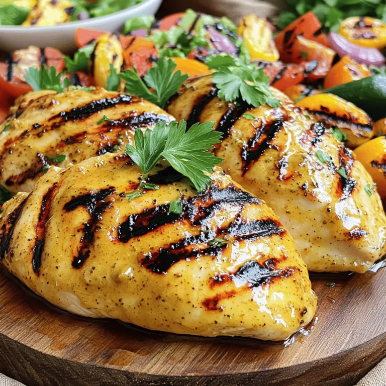 To make honey mustard grilled chicken, you need a few key items. Here’s what you will need: - 4 boneless, skinless chicken breasts - 1/4 cup honey - 1/4 cup Dijon mustard - 2 tablespoons olive oil - 2 cloves garlic, minced - 1 teaspoon dried thyme - 1 teaspoon salt - 1/2 teaspoon black pepper - Zest of 1 lemon - Juice of 1 lemon - Fresh parsley for garnish Using fresh, high-quality ingredients makes a big difference in flavor. Fresh chicken tastes better and is safer to eat. Good honey adds a lovely sweetness, while real Dijon mustard gives a nice tang. Quality olive oil keeps the chicken moist and rich. The marinade is key to making this dish shine. It includes honey, mustard, olive oil, garlic, thyme, and lemon. Each ingredient plays a role: - Honey adds sweetness. - Dijon mustard brings sharpness. - Olive oil helps with moisture. - Garlic adds depth. - Thyme gives an earthy note. - Lemon brightens the dish. You can make your own marinade or buy one. Homemade marinades let you control the flavor. Store-bought options save time but check the label for quality. Pairing sides with your chicken elevates the meal. I suggest these delicious options: - Grilled vegetables - Fresh salad - Rice or quinoa These sides offer great nutrition. Grilled veggies add vitamins and fiber. A fresh salad provides crunch and hydration. Rice or quinoa gives you energy. Together, they create a balanced meal that complements the chicken. For the full recipe, check out the link. Enjoy your cooking! Start by gathering your ingredients. You will need honey, Dijon mustard, olive oil, minced garlic, dried thyme, salt, black pepper, lemon zest, and lemon juice. In a medium bowl, whisk these together until they blend well. This step is crucial! You want a mix that balances sweetness and tang. If you feel it is too sweet, add more mustard. If it is too tart, add honey. Taste as you go to find your perfect mix. Next, it’s time to marinate the chicken. Place the chicken breasts in a resealable plastic bag or a shallow dish. Pour the marinade over the chicken. Seal the bag or cover the dish tightly. Let it soak in the fridge for at least 30 minutes. For more flavor, leave it for up to 4 hours. Marinating is important because it helps the chicken absorb all those tasty flavors. Now, let’s grill! Preheat your grill to medium-high heat. Remove the chicken from the marinade and toss the leftover marinade away. Grill the chicken for 6-7 minutes on one side. You want nice grill marks! Then, flip the chicken and grill for another 6-7 minutes. The chicken is done when it reaches an internal temperature of 165°F (75°C). To check, use a meat thermometer. Once cooked, let it rest for 5 minutes. This helps keep it juicy. Garnish with fresh parsley and enjoy! For the full recipe, check the earlier section. To grill chicken well, keep it moist. Start by preheating your grill to medium-high. This helps sear the meat and lock in juices. Use a meat thermometer to check the internal temperature. Aim for 165°F (75°C) for safe cooking. Always let the chicken rest for a few minutes after grilling. This allows the juices to settle. For equipment, use a grill with even heat. A gas grill is great for beginners. If you prefer charcoal, let the coals ash over for steady heat. A good pair of tongs is key for flipping the chicken without losing moisture. You can boost your marinade with extras. Try adding a tablespoon of soy sauce for depth. A pinch of cayenne pepper gives a nice kick. Consider using fresh herbs, like rosemary or basil, for a bright taste. To achieve a smoky flavor, use wood chips. Soak them in water for 30 minutes, then add to your grill. This gives a delicious, smoky aroma to your chicken. When handling raw chicken, always wash your hands. Use separate cutting boards for chicken and other foods. This helps avoid cross-contamination. Store chicken in the fridge until you're ready to cook it. To check doneness, use a meat thermometer. Insert it into the thickest part of the chicken. If it reads 165°F (75°C), your chicken is safe to eat! {{image_2}} You can switch things up with different mustards. Try whole grain mustard for more texture. Honey can also be swapped for maple syrup or agave for a twist. If you want a spicier kick, add some sriracha or hot sauce to the marinade. You can also mix in some fresh herbs like rosemary or basil for added flavor. If you don’t have a grill, you can bake or pan-sear the chicken. For baking, set your oven to 400°F (200°C). Place the marinated chicken in a baking dish and cook for about 25-30 minutes. For pan-searing, heat some olive oil in a skillet and cook the chicken for 6-7 minutes per side. Always check the internal temperature to ensure it reaches 165°F (75°C). To make this dish gluten-free, use gluten-free mustard and check your honey for additives. For a low-carb version, skip the honey and use a sugar substitute like erythritol. If you want a vegetarian option, try using firm tofu or tempeh. Marinate these just like the chicken and grill or bake them for the same great flavor. To keep your honey mustard grilled chicken fresh, store it in an airtight container. This helps lock in moisture and flavor. Place the chicken in the fridge within two hours of cooking. Leftovers can stay good for about three to four days. Make sure to label the container with the date to track freshness. If you want to save some grilled chicken for later, freezing is a great option. Wrap each piece tightly in plastic wrap or foil. Then, place it in a freezer bag. This method prevents freezer burn. You can keep the chicken in the freezer for up to three months. When you're ready to eat, thaw it in the fridge overnight for the best texture. To reheat your honey mustard grilled chicken, use the oven or stovetop for best results. Preheat your oven to 350°F (175°C) and place the chicken in a baking dish. Cover it with foil to maintain moisture. Heat for about 15-20 minutes until warm. If you're using leftovers in other recipes, try shredding the chicken for salads or wraps. This adds great flavor without losing moisture. How long should I marinate chicken for optimal flavor? You should marinate the chicken for at least 30 minutes. For the best flavor, marinate it for up to 4 hours. This allows the chicken to absorb all the tasty honey and mustard goodness, making it juicy and flavorful. What is the best temperature to grill chicken? Grill chicken at medium-high heat, around 400°F (200°C). This temperature ensures nice grill marks and keeps the chicken juicy. You want to achieve that perfect sear without drying it out. Can I use skin-on chicken for this recipe? Yes, you can use skin-on chicken. Just keep in mind that the skin may get crispy and add a different texture. The marinade will still work well, but you might need to adjust the cooking time slightly. What if I don’t have a grill, can I still make this? Absolutely! You can bake or pan-sear the chicken. For baking, use 375°F (190°C) and cook for about 25-30 minutes. For pan-searing, heat a skillet on medium-high, add oil, and cook the chicken for 6-7 minutes on each side. What are the nutritional benefits of honey mustard grilled chicken? Honey mustard grilled chicken is high in protein, low in carbs, and offers healthy fats from olive oil. The chicken provides essential amino acids, while honey adds natural sweetness without too much sugar. How many calories are in a serving? Each serving of honey mustard grilled chicken has about 250-300 calories. This can vary based on portion size and any sides you serve with it. It’s a great choice for a balanced meal! Honey mustard grilled chicken is a tasty dish full of flavor. Quality ingredients, like fresh mustard and honey, matter. Marinating the chicken boosts taste, so let it soak well. Grilling tips, like keeping it moist, enhance your meal. You can mix up flavors and try different cooking methods, too. In the end, this recipe is simple and adaptable. Enjoy making your perfect honey mustard grilled chicken with confidence!