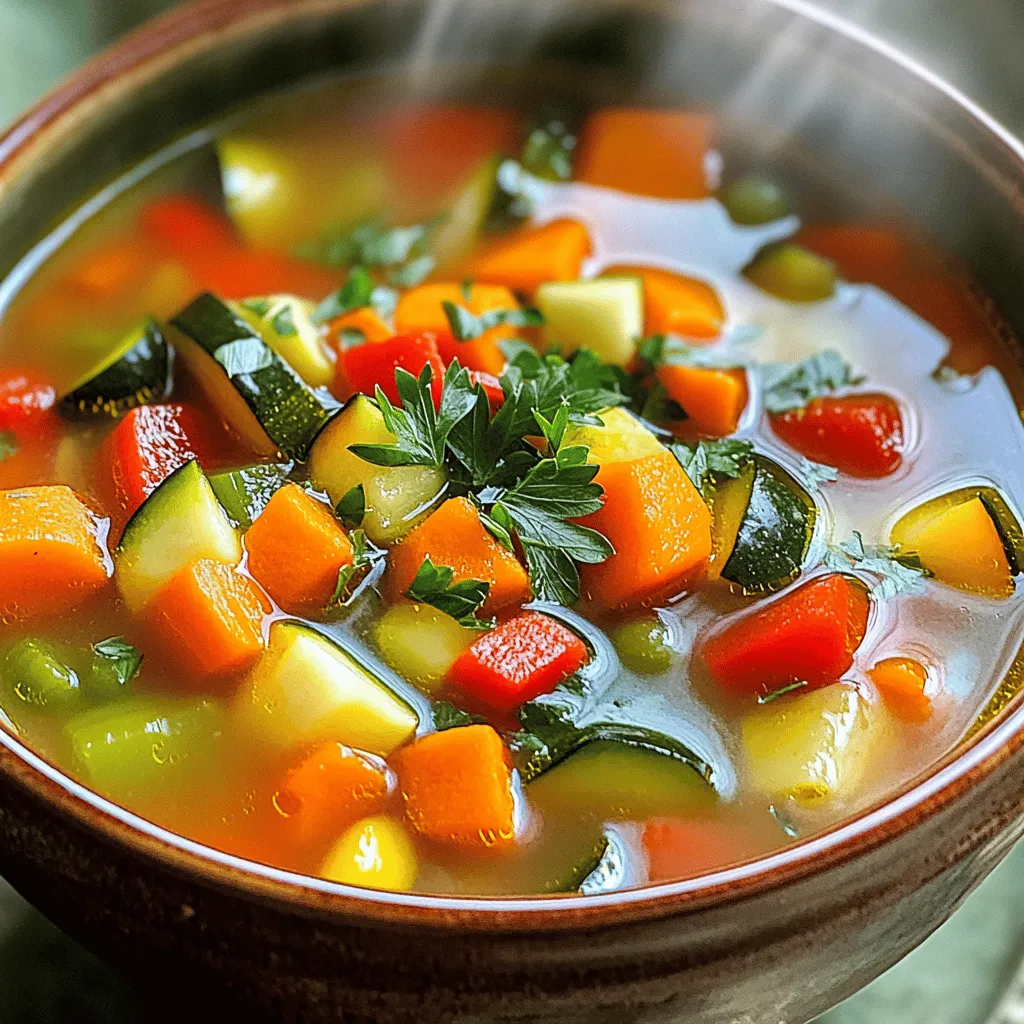To make a tasty vegetable soup, you need these main items: - 2 tablespoons olive oil - 1 onion, chopped - 2 garlic cloves, minced - 2 carrots, diced - 2 celery stalks, diced - 1 red bell pepper, chopped - 1 zucchini, diced - 1 cup green beans, chopped - 1 cup corn kernels (fresh or frozen) - 1 can (14 oz) diced tomatoes with juice - 4 cups vegetable broth - 1 teaspoon dried thyme - 1 teaspoon dried oregano - Salt and pepper to taste - Fresh parsley, chopped (for garnish) Each ingredient plays a vital role in building flavor. The onion and garlic provide a savory base. Carrots and celery add sweetness and crunch. Tomatoes bring acidity, while broth ties everything together. You can boost the flavor of your soup with these optional ingredients: - 1 potato, cubed - 1 cup kale or spinach - 1 teaspoon red pepper flakes - 1 tablespoon lemon juice - 1 bay leaf Adding potatoes gives the soup more body. Kale or spinach adds nutrients and color. Red pepper flakes add heat, while lemon juice brightens the flavors. A bay leaf can deepen the taste as it cooks. Good seasonings and herbs can elevate your soup. Here are my favorites: - Fresh basil - Fresh thyme - Italian seasoning - Black pepper Fresh herbs provide a burst of flavor. They also make the soup look vibrant. If you want to try something unique, experiment with smoked paprika or cumin for a twist. For the full recipe, check out the Hearty Rainbow Vegetable Soup. To start, gather all your ingredients. You will need: - 2 tablespoons olive oil - 1 onion, chopped - 2 garlic cloves, minced - 2 carrots, diced - 2 celery stalks, diced - 1 red bell pepper, chopped - 1 zucchini, diced - 1 cup green beans, chopped - 1 cup corn kernels (fresh or frozen) - 1 can (14 oz) diced tomatoes with juice - 4 cups vegetable broth - 1 teaspoon dried thyme - 1 teaspoon dried oregano - Salt and pepper to taste - Fresh parsley, chopped (for garnish) Once you have everything, wash and chop the vegetables. This makes cooking easier and faster. Heat the olive oil in a large pot over medium heat. Add the chopped onion and minced garlic. Cook until the onion looks clear, which takes about 4-5 minutes. This step builds a great base flavor. Next, add the diced carrots and celery. Stir and cook for another 3-4 minutes. You want them to be slightly soft. Then, mix in the chopped red bell pepper, zucchini, and green beans. Cook for 5 more minutes. This brings out their bright colors and flavors. Now, pour in the diced tomatoes with their juice and the vegetable broth. Add corn, thyme, oregano, salt, and pepper. Stir everything well. Bring the soup to a boil. After it boils, lower the heat. Let it simmer for 20-25 minutes. This allows the flavors to meld and the veggies to soften. To get the best texture, be mindful of your cooking times. Keep an eye on the veggies while cooking. You want them tender but not mushy. If you prefer a thicker soup, blend a portion after cooking. For a fresh finish, taste and adjust the seasoning before serving. Garnish with chopped parsley for a pop of color. This simple step makes your soup look great. For the full recipe, check [Full Recipe]. Pick colorful veggies for your soup. They not only look good but also taste great. Fresh vegetables are best. Check for firmness and bright colors. For example, choose bright carrots and deep green beans. Seasonal vegetables add great flavor and nutrition. Visit local farmers' markets for the best choices. You can also try your garden veggies. They taste amazing when fresh. Start by sautéing onion and garlic in olive oil. This builds a strong base for your soup. Use medium heat to avoid burning. Adding herbs early releases their oils and aromas. I love using dried thyme and oregano for depth. Don’t forget to taste as you cook. Adjust the salt and pepper to your liking. If you want a kick, add a pinch of chili flakes. One mistake is overcooking your vegetables. They should stay tender but firm. Another error is not seasoning enough. A bland soup lacks excitement. Always taste and adjust. Adding too many vegetables can also water down the flavor. Stick to a balanced mix for the best results. Avoid boiling your soup too hard; simmering works better for flavor. For more details, check the Full Recipe. {{image_2}} You can easily make this soup vegetarian or vegan. The base is already plant-based. Just ensure your broth is vegetable broth. This soup is free from meat, making it perfect for everyone. Feel free to mix up the veggies! You can use: - Broccoli - Spinach - Cauliflower - Peas Adding different vegetables adds unique flavors and colors. Try seasonal vegetables for freshness. This keeps your soup exciting and fun. You can change the broth for different tastes. Use a miso broth for a savory kick. A mushroom broth adds depth. For a lighter flavor, try a clear vegetable stock. Each choice gives the soup a new twist. You can discover what you like best! For the full recipe, check out the Hearty Rainbow Vegetable Soup 🥕. After making your soup, let it cool first. This step helps keep the flavors fresh. Use airtight containers to store your soup. Glass or plastic containers work well. Fill them, leaving a little space at the top. This space allows for expansion when freezing. Store the soup in the fridge if you plan to eat it in a few days. Freezing is a great way to keep soup for a long time. Portion the soup into smaller containers. This makes it easy to thaw just what you need. Label each container with the date. Homemade vegetable soup can last up to three months in the freezer. When you are ready, thaw it overnight in the fridge or use the microwave for a quick thaw. To reheat soup, pour it into a pot over medium heat. Stir often to help it warm evenly. You can also reheat in the microwave. Use a microwave-safe bowl. Heat it in short bursts, stirring in between. Check the temperature before serving. Make sure it's hot throughout for the best taste. Enjoy your delicious homemade soup! For the full recipe, check out the Hearty Rainbow Vegetable Soup section. Yes, you can use frozen vegetables. They are easy and quick to use. Frozen veggies keep their nutrients well. Just add them straight into the pot when you need them. They may need a little more time to cook. Check the package for cooking times. You can still enjoy a tasty soup with frozen vegetables! Homemade vegetable soup lasts about 3 to 5 days in the fridge. Store it in an airtight container to keep it fresh. Make sure to cool the soup before you seal it. This helps prevent bacteria growth. If you're unsure, check for any off smells or changes in color before eating. You can serve vegetable soup with many sides. Here are some great ideas: - Crusty bread or rolls - A fresh green salad - Grilled cheese sandwiches - Crackers for dipping These sides pair well and make your meal more filling. You can also try a sprinkle of cheese on top for extra flavor. For more ideas, check out the Full Recipe! Homemade vegetable soup is simple and tasty. You learned key ingredients, cooking steps, and helpful tips. Variations let you change flavors, and proper storage keeps soup fresh. Remember to avoid common cooking mistakes for the best results. With this guide, you can make soup that warms your heart. Enjoy discovering your own favorite recipes and sharing them with friends and family.