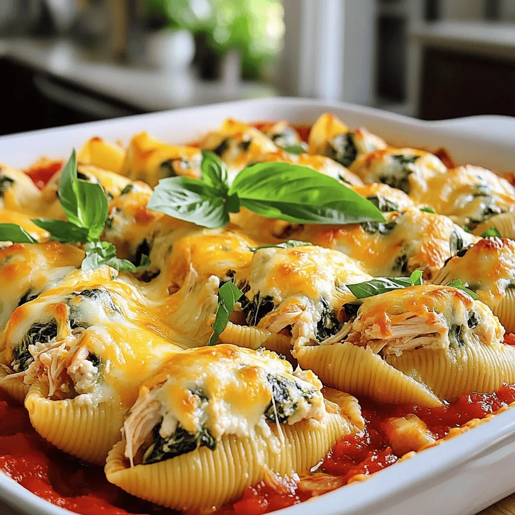 To make Chicken and Spinach Stuffed Shells, gather these ingredients: - 20 jumbo pasta shells - 1 cup cooked chicken, shredded - 2 cups fresh spinach, roughly chopped - 1 cup ricotta cheese - 1 cup mozzarella cheese, shredded (plus extra for topping) - 1/2 cup grated Parmesan cheese - 1 egg, beaten - 2 cups marinara sauce - 1 teaspoon garlic powder - 1 teaspoon Italian seasoning - Salt and pepper to taste - Fresh basil leaves for garnish These ingredients create a rich and filling dish. You can add more flavor with these options: - Crushed red pepper: For heat, add a pinch to the filling. - Mushrooms: Sauté chopped mushrooms and mix them in for extra texture. - Zucchini: Grate zucchini to sneak in more veggies. Not all ingredients are a must. Here’s how to swap them: - Ricotta cheese: If you don’t have ricotta, cottage cheese works well. - Chicken: Use turkey or even shredded vegetables for a vegetarian version. - Marinara sauce: Any pasta sauce can replace marinara, like Alfredo or pesto. With these ingredients and tips, you can create a tasty meal that your family will love. For the complete instructions, check out the Full Recipe. To start, preheat your oven to 375°F (190°C). This helps the dish cook evenly. Next, grab a 9x13-inch baking dish and spread one cup of marinara sauce on the bottom. This keeps the shells moist and adds flavor. Now, let's cook the pasta shells. Boil water in a large pot and add the jumbo pasta shells. Cook them according to the package instructions until they are al dente. This means they should be firm to the bite. Once cooked, drain the shells and set them aside to cool slightly. For the filling, mix all the ingredients in a large bowl. You will need: - 1 cup cooked chicken, shredded - 2 cups fresh spinach, roughly chopped - 1 cup ricotta cheese - 1 cup mozzarella cheese, shredded (plus extra for topping) - 1/2 cup grated Parmesan cheese - 1 egg, beaten - 1 teaspoon garlic powder - 1 teaspoon Italian seasoning - Salt and pepper to taste Blend these well until everything is combined. Ensure there are no big chunks. This makes for a smooth filling that tastes great in every bite. Now comes the fun part—stuffing the shells! Take each cooled shell and fill it with the chicken and spinach mixture. Place them in the baking dish, on top of the marinara sauce you spread earlier. Once all the shells are stuffed, pour the rest of the marinara sauce over them. Make sure to cover each shell well. Then, sprinkle the extra mozzarella and remaining Parmesan cheese on top. Cover your baking dish with aluminum foil. Bake it in the preheated oven for 25 minutes. After that, remove the foil and bake for another 10-15 minutes. This helps the cheese get bubbly and golden brown. When the dish is done, let it cool for a few minutes. Garnish with fresh basil leaves before serving. For the full recipe, check the details above. Enjoy your tasty family meal! - How to avoid overcooking the shells: Cook the jumbo shells for just 8-10 minutes. Check for al dente texture. They will finish cooking in the oven. - Best ways to store leftover filling: If you have extra filling, place it in a sealed container. Store it in the fridge for up to three days. You can also freeze it for later. - Ideal cheese combinations for enhanced flavor: Mix mozzarella and ricotta for creaminess. Add Parmesan for a sharp taste. Try goat cheese for a unique twist. - Suggestions for seasoning adjustments: Adjust garlic powder and Italian seasoning to your taste. Try adding red pepper flakes for a little heat. - Adding extra vegetables for nutrition: Toss in diced bell peppers or mushrooms. You can also add zucchini for extra veggies without changing the flavor. - Recommended garnishes for presentation: Top with fresh basil leaves for color. Drizzle a bit of olive oil before serving for a touch of elegance. For the full recipe, check out the detailed instructions and enjoy making this tasty meal! {{image_2}} You can switch up the protein in your stuffed shells. Ground turkey or beef makes a tasty option. If you want to go meatless, try using lentils or chickpeas for a vegetarian twist. This keeps the dish hearty while adding some protein. For the cheese, there are many choices. If you want to make this dish vegan, use a plant-based ricotta. You can blend silken tofu with nutritional yeast and a bit of lemon juice for a creamy texture. Try almond or cashew cheese instead of mozzarella. Each option will give unique flavors to your stuffed shells. Adding spices can really change the taste of your dish. You might consider adding a pinch of red pepper flakes for some heat. Fresh herbs like parsley or thyme can add a fresh lift, too. Experimenting with different spices can make this meal fun and new each time. You can also switch up the marinara sauce. Try using a homemade pesto or a creamy Alfredo sauce instead. A roasted red pepper sauce can add a sweet touch. Each sauce creates a different flavor profile, making your stuffed shells even more exciting. For more ideas, check the [Full Recipe] for the base, and feel free to get creative! To keep your Chicken and Spinach Stuffed Shells fresh, you need to store them correctly. Store leftovers in an airtight container. They will last in the fridge for up to three days. If you want to keep them longer, you can freeze them. Use a freezer-safe container or wrap them tightly in plastic wrap. They can last in the freezer for up to three months. When reheating, avoid drying out the shells. You can cover them with foil in a preheated oven. Heat at 350°F (175°C) for about 20 minutes. If you prefer the microwave, add a splash of water before covering. This helps keep the shells moist. You can prepare Chicken and Spinach Stuffed Shells in advance for easy meals later. Cook the shells and make the filling ahead of time. Store them separately in the fridge for up to two days. This way, you can quickly assemble and bake them when you’re ready to eat. If you want to freeze them before baking, stuff the shells and place them in the baking dish. Cover the dish with plastic wrap and foil. When you’re ready to bake, there’s no need to thaw. Just add a few extra minutes to the baking time. What can I use if I don't have ricotta cheese? If you lack ricotta cheese, you can use cottage cheese. Blend it to a smooth texture. You can also use cream cheese or Greek yogurt as tasty substitutes. Each option will give a slightly different flavor but still taste great. Can I make Chicken and Spinach Stuffed Shells ahead of time? Absolutely! You can prepare the dish a day before. Just assemble the shells and cover them with foil. Store them in the fridge. When you're ready to bake, add a few extra minutes to the cooking time. How do I ensure my shells don't stick together during cooking? To prevent sticking, boil the shells in salted water. Stir gently while cooking. After draining, toss them in a little olive oil. This helps keep them separate while you prepare the filling. How can I make these shells more kid-friendly? To make these shells more appealing to kids, try adding some extra cheese. You can also sneak in some finely chopped veggies. Kids love a cheesy, gooey texture! Are there gluten-free options for the pasta? Yes! Look for gluten-free jumbo shells made from rice or corn. They work just as well in this recipe. You can enjoy all the flavors without the gluten. How can I adjust the recipe for a larger crowd? To serve more people, simply double the recipe. Use a larger baking dish to fit all the shells. You can also prepare extra marinara sauce to keep it tasty and moist. For the full recipe, check out the details above. This blog laid out everything you need for Chicken and Spinach Stuffed Shells. You learned about ingredients, cooking steps, and tips for perfect results. I shared different variations and storage techniques to keep your dish fresh. Remember, you can mix things up according to your taste. Don't shy away from trying new ingredients. Enjoy making this dish that can become a favorite in your home. Happy cooking!