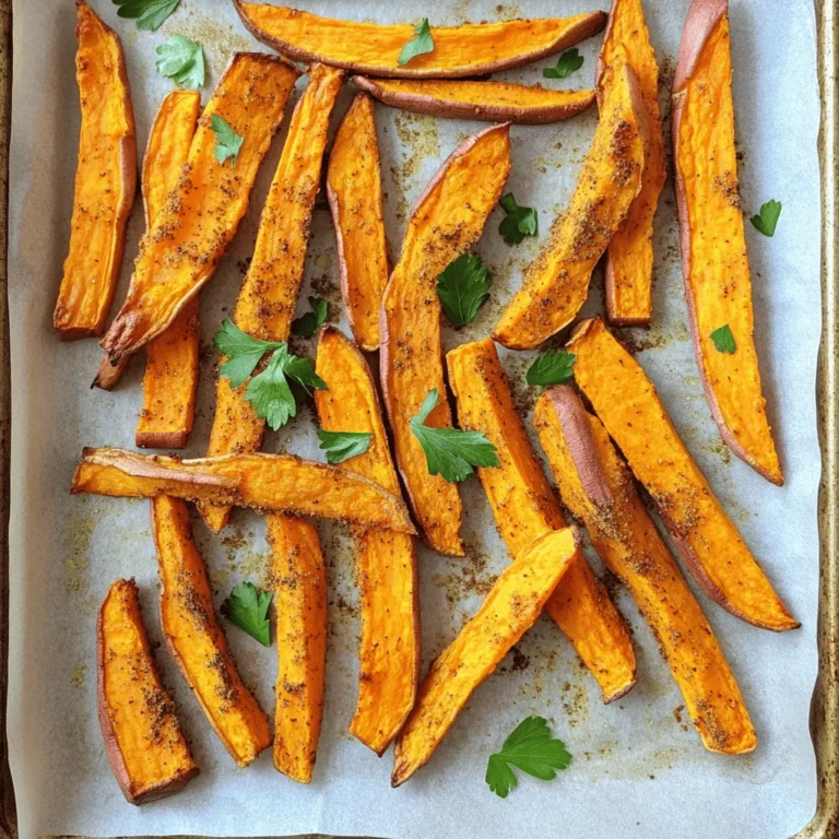To make baked sweet potato fries, you need fresh and tasty ingredients. Here is a list of what you need: - 2 large sweet potatoes, peeled and cut into fries - 2 tablespoons olive oil - 1 teaspoon smoked paprika - 1 teaspoon garlic powder - ½ teaspoon cumin - ½ teaspoon salt - ¼ teaspoon black pepper - ¼ teaspoon cayenne pepper (optional, for heat) - Fresh parsley, chopped (for garnish) Sweet potatoes are the star of this dish. They are sweet and full of nutrients. Olive oil helps the fries crisp up nicely. The seasonings bring out bold flavors. Smoked paprika adds a unique taste. Garlic powder gives a savory kick. Cumin adds warmth and depth. The salt and pepper enhance all the flavors. If you like heat, add cayenne pepper for a spicy twist. Finally, fresh parsley makes the fries look nice and adds a fresh taste. For the full recipe, check out the detailed instructions to create this crisp and flavorful snack! First, preheat your oven to 425°F (220°C). This step is key for crispy fries. Next, prepare a baking sheet by lining it with parchment paper. This helps prevent sticking and makes cleanup easy. Now, take your two large sweet potatoes. Peel them and cut them into fry shapes. Aim for uniform sizes to ensure even cooking. Place the cut fries in a large bowl. Drizzle two tablespoons of olive oil over them. Toss the fries well until they are evenly coated. This oil helps them crisp up nicely. In a separate small bowl, combine your spices. Mix one teaspoon of smoked paprika, one teaspoon of garlic powder, half a teaspoon of cumin, half a teaspoon of salt, a quarter teaspoon of black pepper, and a quarter teaspoon of cayenne pepper, if you want some heat. Sprinkle this spice mixture over the sweet potato fries. Toss them again to ensure each fry gets a good coat of seasoning. The spices add a zesty flavor that makes these fries irresistible. Spread the seasoned fries in a single layer on the prepared baking sheet. Make sure there is space between each fry. This spacing allows the air to circulate, making them crispy. Bake in your preheated oven for 25 to 30 minutes. Halfway through, flip the fries to achieve even browning. They should turn golden brown and crisp up nicely. Once done, remove them from the oven and let them cool slightly. Garnish with freshly chopped parsley for a colorful touch. Enjoy your crispy, flavorful snack! Check the Full Recipe for more details on this delicious dish. To make perfect baked sweet potato fries, spacing matters. Spread the fries on your baking sheet in a single layer. This helps the heat reach each fry, making them crispier. If they overlap, they will steam instead of bake. Flipping the fries halfway through baking is key. Use a spatula to turn them gently. This ensures all sides get golden brown. It also helps them crisp up nicely. If you want a kick, vary the cayenne pepper. Start with a little, then taste. You can always add more for extra heat. You can also play with spices. Try adding chili powder for a smoky flavor or cinnamon for sweetness. Get creative and find what you love! Baked sweet potato fries pair well with many dips. Try ketchup, ranch, or a spicy mayo. These add great flavor and fun for dipping. You can also add fries to salads or wraps. They bring a sweet touch and a crunchy texture. This makes your meals even more exciting! For the full recipe, check out the detailed steps. {{image_2}} You can change the flavor of your fries with different seasonings. Try adding fresh herbs like rosemary or thyme. These herbs will bring a fresh taste to your fries. You can also mix in some Italian seasoning for a twist. If you prefer sweet flavors, consider using cinnamon and a bit of brown sugar. This gives your fries a fun, sweet taste that pairs well with a dip. You can also try a sprinkle of cocoa powder for a unique flavor. Using an air fryer is a great way to cook sweet potato fries. Set your air fryer to 400°F (200°C). Cook the fries for about 15-20 minutes. Shake the basket halfway through to ensure they crisp up nicely. Grilling is another fun method. Preheat your grill to medium heat. Toss the fries in olive oil and your favorite seasonings. Put them in a grill basket to keep them from falling through the grates. Grill for about 10-15 minutes, turning often for even cooking. For more details, check out the Full Recipe. Enjoy experimenting! To keep your leftover fries fresh, store them in the fridge. Grab an airtight container. Place your fries inside and seal it tight. They will last for about 3 days. If you want to keep them longer, freezing is a great option. Spread the fries on a baking sheet in a single layer. Freeze them for about an hour. Once frozen, transfer them to a freezer bag. Squeeze out as much air as you can. Label the bag with the date. They will stay good for up to 3 months. For the best taste, reheat your fries in the oven. Preheat your oven to 400°F (200°C). Spread the fries on a baking sheet. Bake them for about 10-15 minutes. This will help them stay crispy. You can also use the microwave if you're in a hurry. Place the fries on a microwave-safe plate. Heat them for 30 seconds at a time until warm. Keep in mind, they may not be as crispy this way. Baked sweet potato fries can last about 3 to 5 days in the fridge. Store them in an airtight container to keep them fresh. If you want to keep them longer, freeze them. They can last up to 3 months in the freezer. Just make sure to lay them flat on a baking sheet first, then transfer them to a freezer bag. Yes, you can use other potato types! Regular russet potatoes work well. Yukon golds will give a creamy texture. Even purple potatoes can add color and taste. Just remember, the cooking time may change slightly based on the type of potato you choose. Sweet potato fries pair great with many dips. Here are some tasty options: - Ketchup - Honey mustard - Spicy mayo - Garlic aioli - Avocado dip These dips enhance the sweet flavor of the fries. Yes! You can prep the fries in advance. Cut them and toss them with olive oil and spices. Store them in the fridge for a few hours or overnight. When you're ready, bake them right away. If you have leftovers, reheat them in the oven for best results. This keeps them crispy. For the full recipe, check out the crispy baked sweet potato fries recipe. Baked sweet potato fries are simple and tasty. You start with sweet potatoes, toss them in olive oil, and mix in seasonings. Bake until crispy and enjoy them with your favorite dips. Remember to space them out for the best crunch. You can try different seasonings or cooking methods too. These fries are great for meal prep and can be reheated easily. Enjoy customizing the flavors to fit your taste! Healthy snacks can be fun and full of flavor.