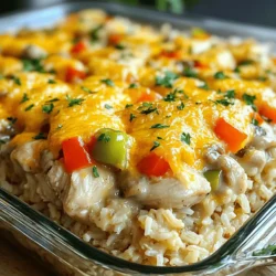 - Chicken and Rice Components - 1 lb boneless, skinless chicken thighs, cut into bite-sized pieces - 2 cups cooked brown rice - Vegetables and Seasonings - 1 cup diced bell peppers (mixed colors) - 1 cup frozen peas - 1 small onion, finely chopped - 2 cloves garlic, minced - 1 teaspoon dried thyme - 1 teaspoon paprika - Salt and pepper to taste - Cooking Essentials - 1 can (10.5 oz) cream of mushroom soup (or use homemade) - 1 cup low-sodium chicken broth - 1 cup shredded cheddar cheese - 2 tablespoons olive oil When I make this Chicken and Rice Casserole, I focus on fresh ingredients. The chicken thighs are juicy and add great flavor. Brown rice gives a nutty taste and adds fiber. I love mixing bright bell peppers for color. They give a nice crunch and taste sweet when cooked. Frozen peas are perfect for this dish. They add a pop of green and are easy to use. The onion and garlic bring depth to the flavor. I chop the onion finely so it cooks down well. The dried thyme and paprika give the casserole a warm taste. I always have salt and pepper on hand to season the chicken just right. For the creamy base, I use cream of mushroom soup. It makes the dish rich and comforting. The chicken broth adds moisture and flavor. Finally, I sprinkle shredded cheddar cheese on top. It melts beautifully and adds a cheesy finish. This combination of ingredients makes a delicious meal. For the full recipe, check out the instructions above. 1. Preheating and Sautéing First, preheat your oven to 350°F (175°C). This step is key for even cooking. While the oven heats, grab a large skillet. Pour in 2 tablespoons of olive oil and set it over medium heat. Once the oil warms, add 1 small chopped onion and 2 minced garlic cloves. Sauté these until the onion turns soft and clear, which takes about 3-4 minutes. 2. Mixing Ingredients Next, add 1 pound of cut chicken thighs to the skillet. Season this with salt, pepper, 1 teaspoon of dried thyme, and 1 teaspoon of paprika. Stir and cook until the chicken browns on all sides, which will take around 5-7 minutes. Now, take a large bowl and mix together the cooked brown rice, the chicken and onion mix, 1 cup of diced bell peppers, 1 cup of frozen peas, 1 can of cream of mushroom soup, and 1 cup of low-sodium chicken broth. Make sure to stir everything well. 3. Baking Process Now, transfer the mixture into a greased 9x13 inch baking dish. Spread it evenly across the dish. Sprinkle 1 cup of shredded cheddar cheese on top. Cover the dish with aluminum foil and place it in your preheated oven. Bake it for 25 minutes. After that time, take off the foil and bake for an extra 15 minutes. You want the cheese to be bubbly and golden. Finally, let your casserole cool for 5 minutes before serving. Enjoy this cozy dish with your family! For the complete recipe, check out the Full Recipe. Cooking Chicken to Perfection Cook the chicken until it is golden brown. This gives flavor and keeps it juicy. I like to use boneless, skinless chicken thighs. They stay tender and add great taste to the dish. Cook them in olive oil with onion and garlic for deeper flavor. Always season the chicken well with salt and pepper. This step makes a big difference in taste. Cheese Selection and Melting Use a good melting cheese, like cheddar. Shredded cheese works best. It melts evenly and creates a creamy layer on top. Add the cheese in the last 15 minutes of baking. This keeps it from burning. Feel free to mix in other cheeses too, like mozzarella or Monterey Jack for a twist. This can change the flavor and texture. Adjusting for Texture and Flavor To make your casserole creamy, add more broth or soup. This keeps the rice moist. If you want a crunch, try topping with breadcrumbs or crushed crackers. You can also add herbs to boost flavor, like parsley or basil. They add freshness and keep the dish vibrant. If you want to spice it up, add hot sauce or red pepper flakes. This can give your casserole a fun kick. For a complete guide, check the Full Recipe. {{image_2}} Healthy Substitutions You can easily make this dish healthier. Instead of cream of mushroom soup, try using a homemade version. This way, you control the ingredients. You can also use low-fat cheese or skip the cheese altogether for a lighter meal. Different Rice Options While I use brown rice, you can switch it up. White rice works just as well. Quinoa is another great choice for a protein boost. Just adjust the cooking time based on the rice type you choose. Adding Extra Vegetables Boost the nutrition by adding more veggies. Spinach, broccoli, or zucchini blend nicely into this casserole. Just chop them up and mix them in with the other ingredients. This makes your meal colorful and packed with vitamins. For the complete recipe, check out the Full Recipe section. Refrigeration Tips After you enjoy your Chicken and Rice Casserole, let it cool. Place it in an airtight container. It stays fresh in the fridge for up to four days. Make sure to cover the top with plastic wrap or a lid. This keeps it from drying out. Freezing Instructions To freeze, let the casserole cool completely. Use a freezer-safe container or wrap it tightly in foil. It can last up to three months in the freezer. When ready to eat, move it to the fridge overnight to thaw. Reheating Methods You can reheat leftover casserole in the oven or microwave. For the oven, preheat to 350°F (175°C). Cover the casserole with foil and bake for 20-25 minutes. This keeps it moist. For the microwave, place a serving on a plate and heat for 2-3 minutes, stirring halfway. Enjoy your meal again! Can I use brown rice instead of white? Yes, you can use brown rice. It adds more fiber and nutrients. Just make sure to adjust cooking time, as brown rice takes longer to cook. How can I make this dish dairy-free? To make it dairy-free, swap the cream of mushroom soup with a dairy-free version. Also, use dairy-free cheese or skip cheese altogether. What sides pair well with Chicken and Rice Casserole? Simple sides work best. A green salad adds freshness. Steamed broccoli or roasted veggies also complement this dish nicely. Where can I find a complete guide? You can find the full recipe in the article. It has all the details you need to make this dish perfectly. How do I make it gluten-free? To make it gluten-free, use gluten-free cream of mushroom soup. Ensure your chicken broth is gluten-free too. Most rice options are already gluten-free, so you’re good there! This blog covered everything you need to know about making a great Chicken and Rice Casserole. We talked about the key ingredients, step-by-step cooking methods, and ways to perfect the dish. I shared tips on choosing the right cheese and adjusting flavors. You'll also find healthy swaps and storage advice for leftovers. In the end, this recipe is easy and versatile. I hope you feel ready to try it!