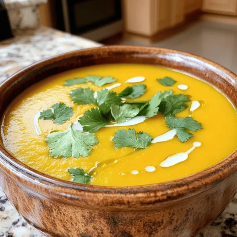 To make this roasted butternut squash soup, you need a few key items: - 1 medium butternut squash, halved and seeds removed - 1 tablespoon olive oil - 1 onion, diced - 3 cloves garlic, minced - 1 teaspoon ground cumin - 1 teaspoon ground ginger - 4 cups vegetable broth - 1 cup coconut milk - Salt and pepper to taste These ingredients work together to create a rich and creamy soup. The butternut squash brings sweetness, while the spices add warmth. Enhance your soup with these fun toppings: - Fresh cilantro or sage - A swirl of coconut milk - Roasted pumpkin seeds - Croutons for crunch These additions bring more flavor and texture. Use what you love or have on hand. If you can’t find a key ingredient, try these swaps: - Use sweet potato instead of butternut squash for a similar taste. - Swap olive oil for coconut oil for a richer flavor. - Chicken broth can replace vegetable broth for a different base. These substitutes keep the flavors vibrant while allowing flexibility in your cooking. For the full recipe, refer to the earlier sections. Start by preheating your oven to 400°F (200°C). This heat works great for roasting. Cut the butternut squash in half and scoop out the seeds. Place the squash cut-side up on a baking sheet. Drizzle half of the olive oil on top. Sprinkle with salt and pepper. This helps to bring out the flavor. Roast the squash for 30-40 minutes. You want it soft and caramelized. While it cooks, heat the other olive oil in a large pot over medium heat. Add the diced onion and cook until it turns clear, about 5 minutes. Then, add the minced garlic, cumin, and ginger. Stir for 2 minutes until you smell the spices. Once the squash is done, take it out of the oven. Let it cool for a bit, then scoop the flesh into your pot. Discard the skin. Pour in the vegetable broth and let it simmer for 10 minutes. This helps the flavors to mix well. To make the soup smooth, use an immersion blender. If you don’t have one, carefully transfer the soup to a regular blender in batches. Blend until it is creamy. Return the soup to the pot after blending. Stir in the coconut milk for a rich taste. Adjust the seasoning with salt and pepper. Heat it again until warm. Serve your soup hot. Add fresh cilantro or sage on top for a nice finish. For the full recipe, refer to the ingredients and instructions provided. To make great roasted butternut squash soup, start with the right technique. Roasting brings out the sweetness in the squash. Cut the squash in half and remove the seeds. Place it cut-side up on a baking sheet. Drizzle olive oil and sprinkle salt and pepper. Roast it at 400°F for 30 to 40 minutes. This helps caramelize the squash. You want it tender and golden. Use a sharp knife to scoop out the flesh easily. For extra depth, add spices like cumin and ginger. They add warmth and richness. You can also try a splash of apple cider vinegar. This gives a nice tang. Coconut milk adds creaminess and a hint of sweetness. It balances the flavors well. Fresh herbs like cilantro or sage make a lovely garnish too. They add freshness to every bowl. Serve the soup hot for the best taste. Pair it with crusty bread for a full meal. A sprinkle of nuts or seeds can add crunch. You can also drizzle a bit of olive oil on top for extra flavor. For a festive touch, use a swirl of coconut milk. This makes the soup look beautiful. For the full recipe, you can check the details above! {{image_2}} You can easily make this soup vegan. Instead of using coconut milk, try cashew cream. Just soak cashews in water, blend until smooth, and add it in. This will keep the soup creamy and rich. You can also use almond milk for a lighter version. This recipe is already gluten-free! All the ingredients are free from gluten. You can enjoy the soup without worry. If you want to add bread, use gluten-free bread for dipping. Want to spice things up? Add a pinch of cayenne pepper or a few dashes of hot sauce. You can also mix in some diced apples or pears for sweetness. This adds a nice contrast to the squash. If you love warmth, try cinnamon or nutmeg. They blend perfectly with the flavors. For the full recipe, check here: Full Recipe. After you make the soup, let it cool. Pour it into a container. Cover it tightly. Store it in the fridge. It will last for about five days. To freeze your soup, choose a freezer-safe container. Leave some space for the soup to expand. This helps avoid cracks. You can freeze it for up to three months. Label the container with the date. When you want to enjoy your soup, take it out of the fridge or freezer. If frozen, let it thaw in the fridge overnight. Heat the soup on the stove over low heat. Stir it often until it warms up. You can also microwave it. Just heat in short bursts, stirring in between. For best results, add a splash of water or coconut milk to keep it creamy. This soup is not just tasty; it’s also easy to store and reheat! For the full recipe, check out the details above. You can store roasted butternut squash soup in the fridge. Use an airtight container. It stays fresh for about 4 to 5 days. Make sure to let the soup cool before you seal it. This helps prevent condensation. If you want to keep it longer, freeze it. Yes, you can make this soup ahead of time. It tastes even better the next day. Just make sure to cool it completely before storing it. You can reheat it on the stove or in the microwave. This makes it perfect for meal prep or gatherings. To thicken your soup, you can use a few methods. One way is to add more butternut squash. Simply roast and blend more squash into your soup. Another method is adding a bit of potato. Potatoes help create a creamy texture without dairy. If you prefer, you can also use coconut milk for added richness. Absolutely! You can use other squashes like acorn or pumpkin. Each squash brings its own flavor. Just remember to adjust the cooking time if needed. The goal is to roast until tender. This flexibility lets you enjoy a variety of flavors. For the full recipe, check the complete instructions in the previous sections. In this blog post, we explored how to make delicious roasted butternut squash soup. We covered the main ingredients and optional toppings to enhance your dish. I detailed step-by-step instructions to guide your cooking. Tips and tricks offered best techniques and flavor boosts. You also learned variations for vegan and gluten-free needs. Finally, I shared storage info to keep your soup fresh. Remember, this soup is versatile and easy to customize. Enjoy creating your version and savor every spoonful!