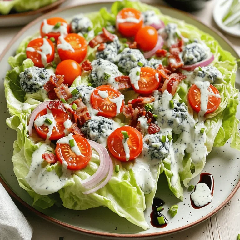 - Iceberg lettuce - Cherry tomatoes - Red onion - Bacon bits (or crispy chickpeas for vegetarian) - Blue cheese dressing - Crumbled blue cheese - Chives (for garnish) - Salt and pepper The classic wedge salad shines with its simple yet fresh ingredients. Iceberg lettuce is the star here. Its crisp texture gives a great crunch. I love cutting the lettuce into wedges. This makes each bite fun! Cherry tomatoes add a burst of color and sweetness. They balance the crunch of the lettuce. Red onion brings a sharp flavor. It adds a nice contrast. You can slice it thin for a milder taste. Bacon bits bring a savory, crispy touch. If you're vegetarian, use crispy chickpeas instead. They still give that crunch. Blue cheese dressing is a must. It coats the wedges and adds creaminess. Crumbled blue cheese on top gives rich flavor. Chives are perfect for garnishing. Their green color brightens up the plate. Don’t forget salt and pepper! They enhance all the flavors. - Vegetarian options - Gluten-free dressing options - Dietary adaptations For a vegetarian twist, use crispy chickpeas. They work well in place of bacon bits. You can also try other dressings. Ranch or vinaigrette can be tasty swaps. For gluten-free needs, check your dressing. Some brands contain gluten. Look for labeled gluten-free options. Dietary adaptations can be easy. If you're dairy-free, skip the blue cheese. Use a creamy avocado dressing instead. This keeps the salad rich and flavorful. Check out the Full Recipe for more details on how to make this delightful dish! Cut the iceberg lettuce into quarters. Be gentle to keep each wedge whole. Rinse the wedges under cold water to remove dirt. Pat them dry with a kitchen towel. Place the wedges on a serving platter for easy access. In a bowl, mix the halved cherry tomatoes, sliced red onion, and crispy bacon bits. If you prefer, you can use crispy chickpeas instead of bacon. Season this mix with salt and pepper. Toss gently to combine all the flavors. Spoon the blue cheese dressing over each wedge. Let it flow down the sides for a nice look. Pile the tomato and onion mixture on top of each wedge. Make sure each one looks colorful and full. Finally, sprinkle crumbled blue cheese on top. Garnish with freshly chopped chives for a pop of color. Check the Full Recipe for more details. To cut iceberg lettuce, start with a sharp knife. This helps avoid bruising. Cut the lettuce into quarters. Keep each wedge intact for a better look. To prevent wilting, rinse the wedges in cold water. After rinsing, pat them dry with a towel. This keeps them crisp and fresh. When it comes to blue cheese dressing, less is often more. Use about ¾ cup for four wedges. This amount ensures each wedge gets enough flavor. Spoon the dressing on each wedge. Allow it to flow down the sides for a beautiful effect. For an even spread, use the back of the spoon. This technique helps cover every part of the lettuce. To elevate your wedge salad, think about flavor boosts. A balsamic reduction can add a sweet tang. Drizzle it around the plate for a fancy touch. Colorful garnishes also make a difference. Fresh chives add a pop of green. You can also add cherry tomatoes for bright red spots. These tips will make your salad look and taste amazing. {{image_2}} You can add more crunch and color to your wedge salad. Here are some fun topping ideas: - Additional vegetables: Try adding bell peppers or cucumbers for a fresh taste. These add a nice crunch and color. - Protein options: Grilled chicken or shrimp can make your salad a meal. These proteins add flavor and make it filling. Switching up the dressing can give your salad a new life. Here are some options: - Different dressing options: Instead of blue cheese, you can use ranch or vinaigrette. Each dressing offers a different taste. - Herb and seasoning enhancements: Add fresh herbs like parsley or dill. A sprinkle of garlic powder can also boost flavor. How you serve your salad can change the vibe of your meal. Consider these ideas: - Individual plates vs. serving platter: For a fancy dinner, use a platter. For casual meals, serve on individual plates. - Themed presentation options: You can match your salad to the season. Use fall colors in the fall or bright colors in summer. It makes your dish more inviting. For more details and a complete recipe, check out the Full Recipe. To store your leftover wedge salad, place it in an airtight container. This keeps the salad fresh and prevents the lettuce from wilting. If you have any toppings left, like bacon or tomatoes, store them separately. This way, they stay crisp. You can add them back when you eat the salad. For bacon, place it in a paper towel-lined container. This helps absorb moisture and keeps it crunchy. For best taste, eat your wedge salad within two days. After that, the lettuce may become soggy. If you see any slimy spots or brown edges, it's time to toss it. Freshness is key for flavor and texture. Remember, good storage practices help keep your salad tasty. To make a classic wedge salad, follow these steps: 1. Cut a large iceberg lettuce into quarters. 2. Rinse the wedges under cold water and pat them dry. 3. Place the wedges on a serving platter. 4. In a bowl, mix cherry tomatoes, red onion, and crispy bacon bits. 5. Season the mixture with salt and pepper. 6. Spoon blue cheese dressing over each wedge. 7. Pile the tomato and onion mix on top. 8. Sprinkle crumbled blue cheese and garnish with chives. This simple method results in a crunchy, flavorful salad. For the full recipe, see above. Yes, you can easily make this salad vegetarian. Just replace the crispy bacon bits with crispy chickpeas. They add a nice crunch and flavor. You can also add more veggies like bell peppers or cucumbers for extra taste. The best toppings for a wedge salad include: - Cherry tomatoes - Red onion - Crispy bacon bits (or chickpeas) - Crumbled blue cheese - Chives Feel free to get creative and add your favorite ingredients. A wedge salad can stay fresh for about 1 to 2 days in the fridge. Keep it in an airtight container to maintain its crunch. However, the lettuce may wilt after a day. To keep it fresh longer, store the toppings separately. You can prepare parts of the salad in advance. Cut the lettuce and store it wrapped in a damp towel. You can also mix the toppings ahead of time. Just wait to dress the salad until you are ready to serve. This keeps the salad crisp and fresh. This blog post covered how to make a classic wedge salad. We explored key ingredients, like iceberg lettuce, bacon, and blue cheese. You learned tips for cutting, topping, and storing the salad. Remember, you can easily adapt this recipe for different diets. Experiment with toppings and dressings to suit your taste. A wedge salad is simple, fun, and tasty. Enjoy crafting your perfect salad!