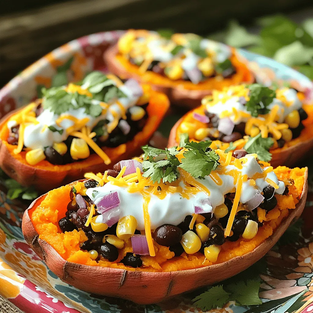 To make loaded sweet potato skins, you need some simple and tasty ingredients. Here’s what you will need: - 4 medium sweet potatoes - 1 cup shredded cheddar cheese - 1/2 cup cooked black beans, rinsed and drained - 1/2 cup corn kernels (fresh or frozen) - 1/4 cup red onion, diced - 1/2 cup Greek yogurt (or sour cream) - 1 teaspoon cumin - 1/2 teaspoon paprika - Salt and pepper to taste - Fresh cilantro, chopped (for garnish) - Olive oil These ingredients mix well together. The sweet potatoes give you a soft base. The black beans and corn add protein and fiber. Cheddar cheese melts beautifully on top, making it super cheesy. The Greek yogurt adds a creamy touch. You can switch things up with different spices or toppings if you like. For the full recipe, check out the detailed instructions I provided. 1. Preheat your oven to 400°F (200°C). This helps cook the sweet potatoes evenly. 2. Scrub the sweet potatoes under running water. Use your hands to remove dirt and debris. 3. Pierce each potato several times with a fork. This allows steam to escape while baking. 4. Drizzle olive oil over the sweet potatoes. Use just enough to coat the skin. 5. Sprinkle salt on top for flavor. This step enhances the taste of the skins. 1. Once the sweet potatoes are cooked, remove them from the oven. Let them cool slightly for safety. 2. Slice each sweet potato in half lengthwise. Use a sharp knife for a clean cut. 3. Scoop out a portion of the flesh with a spoon. Leave a thin border to keep the skin sturdy. 4. In a bowl, mix the scooped flesh, black beans, corn, red onion, cumin, paprika, salt, and pepper. 5. Stir well until all ingredients are combined. This creates a tasty filling. 1. Spoon the filling back into the sweet potato skins. Pile it high for a hearty dish. 2. Top with shredded cheddar cheese. This adds a rich, melty layer to the skins. 3. Return the loaded sweet potato skins to the oven. Bake for another 15-20 minutes. 4. Once the cheese is melted and bubbly, remove them from the oven. 5. Let cool for a couple of minutes. Drizzle Greek yogurt over the top and garnish with chopped cilantro. For the full recipe, check the [Full Recipe]. Enjoy your delicious loaded sweet potato skins! To get the best texture, choose medium sweet potatoes. They bake evenly and hold their shape well. Scrub them clean and pierce with a fork to let steam escape. This keeps them fluffy inside. For seasoning, mix cumin and paprika into your filling. These spices add depth. Taste the filling before baking. Adjust salt and pepper as needed. This ensures each bite is flavorful. Serve your loaded sweet potato skins on a bright platter. This makes the colors pop. Add a dollop of Greek yogurt on top. It adds creaminess and looks great. For garnishing, sprinkle chopped cilantro over the skins. This adds freshness and color. You can also add extra cheese on top before the final bake. It makes the dish even more inviting. Enjoy the vibrant look of your dish! For the full recipe, check out the [Full Recipe]. {{image_2}} For loaded sweet potato skins, cheese makes a big impact. Cheddar cheese is a classic choice. It melts well and adds a rich taste. But you can try other options. - Monterey Jack: This cheese gives a creamy texture and mild flavor. It blends well with spices. - Pepper Jack: If you like a kick, this cheese packs heat. The spicy flavor enhances the dish. - Goat Cheese: For a tangy twist, use goat cheese. It adds creaminess and a unique taste. If you need a vegan option, there are great alternatives too. - Cashew Cheese: This cheese is creamy and rich. It offers a nutty flavor that complements sweet potatoes. - Nutritional Yeast: It is a great way to add a cheesy taste. Sprinkle it on top for a nutritious boost. You can customize your loaded sweet potato skins with fun toppings. - Other Bean Varieties: While black beans are tasty, you can mix it up. Kidney beans or pinto beans work well too. They add different textures and flavors. - Adding Proteins: Want to make it heartier? You can add cooked chicken or bacon. Both options bring savory flavors. Simply mix in your choice of protein with the filling. Then load the skins and bake. Enjoy your tasty creations! After you enjoy your loaded sweet potato skins, you may want to save some for later. To store leftovers, let them cool completely first. Then, place them in an airtight container. This helps keep them fresh. You can store them in the refrigerator for up to three days. When you’re ready to enjoy them again, reheating is simple. Preheat your oven to 350°F (175°C). Place the skins on a baking sheet and cover with foil. Heat them for about 15-20 minutes. This keeps the skins crispy while warming the filling. You can freeze loaded sweet potato skins if you want to save them for a longer time. Freezing before cooking: If you want to freeze them raw, prepare the sweet potatoes and fill the skins. Instead of baking, wrap each skin tightly in plastic wrap. Place them in a freezer-safe bag. They can stay frozen for up to three months. When you want to cook them, just bake from frozen, adding a few extra minutes to the cooking time. Freezing after cooking: If you have leftovers after baking, let them cool down. Then, wrap each one in plastic wrap and place them in a freezer bag. This way, you can enjoy them later without any loss of flavor. To reheat, bake them directly from frozen, following the same steps as before. These easy storage tips will help you enjoy every bite of your loaded sweet potato skins. For the full recipe, check out the earlier sections. Yes, you can make loaded sweet potato skins in advance. I recommend prepping them a day before you plan to serve. Bake the sweet potatoes and scoop them out. Store the skins in an airtight container in the fridge. You can also prepare the filling ahead of time. Mix the sweet potato flesh, beans, corn, and spices. Keep it in a separate container. When you are ready, simply fill the skins and bake them. You can get creative with toppings! Here are some fun ideas: - Sliced jalapeños for heat - Crumbled bacon for a savory touch - Diced avocado for creaminess - Sautéed mushrooms for depth of flavor - Chopped green onions for a fresh crunch Feel free to mix and match any of these toppings based on your taste. Customizing the seasoning is easy! Here are some spice variations: - Add chili powder for more heat - Use smoked paprika for a smoky flavor - Sprinkle some garlic powder for extra depth - Try a pinch of cayenne pepper for a kick - Mix in fresh herbs like thyme or oregano These simple changes can elevate your loaded sweet potato skins to new heights! For the full recipe, check out the earlier section. Loaded sweet potato skins are a tasty, easy dish to prepare. We covered ingredients, from sweet potatoes to spices, and how to mix them. The step-by-step guide helps you make perfect skins. I shared tips on cooking and presentation, plus fun variations like different cheeses and toppings. Storing leftovers can keep them fresh for later. Get creative with your toppings to make this dish your own. Enjoy cooking and sharing these delicious bites!