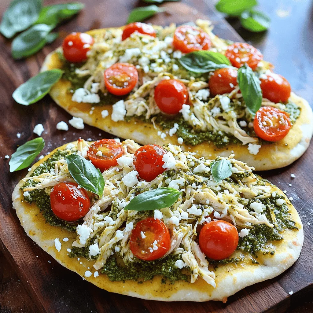 To make Pesto Chicken Flatbread, gather these ingredients: - 2 flatbreads (store-bought or homemade) - 1 cup cooked chicken breast, shredded - 1/2 cup pesto sauce - 1 cup cherry tomatoes, halved - 1 cup mozzarella cheese, shredded - 1/4 cup crumbled feta cheese - 1 tablespoon olive oil - Salt and pepper to taste - Fresh basil leaves for garnish Choosing fresh ingredients makes a big difference in flavor. Here are some tips: - Flatbreads: Look for soft, flexible flatbreads that are not dry. - Chicken: Use cooked chicken breast that is juicy and flavorful. - Pesto: Check for a bright green color and rich aroma in your pesto. - Tomatoes: Pick cherry tomatoes that are firm and vibrant. - Cheese: Choose fresh mozzarella for a creamy melt. Look for feta that is moist but not crumbly. - Basil: Select fresh basil leaves that are bright green with no brown spots. If you have dietary needs, there are easy swaps you can make: - Flatbreads: Try gluten-free flatbreads if you need them. - Chicken: Use shredded turkey or chickpeas for a vegetarian option. - Pesto: Make or buy nut-free pesto if you have a nut allergy. - Cheese: Use dairy-free cheese for a vegan choice. - Tomatoes: Replace cherry tomatoes with bell peppers or spinach for a different flavor. These substitutions keep your meal tasty and enjoyable for everyone! Remember, you can find the full recipe for Pesto Chicken Flatbread at the beginning of this article. To start, gather all your ingredients. You need two flatbreads, cooked chicken, and pesto sauce. Shred the chicken into small pieces. This makes it easy to spread on the flatbread. Mix the shredded chicken with half of the pesto sauce in a bowl. This blend adds great flavor. Next, spread a thin layer of olive oil on your baking sheet. This step helps prevent sticking. Place the flatbreads on it. Then, take the remaining pesto sauce and spread it on each flatbread. Leave a small border around the edges. You want the edges to stay crisp. Now, preheat your oven to 400°F (200°C). This heat is perfect for melting the cheese and warming the flatbread. Once the oven is hot, it's time to bake. Place the flatbreads in the oven for 12-15 minutes. You'll know they are ready when the cheese is bubbly and golden. After baking, take the flatbreads out and let them cool for a couple of minutes. This cooling time helps with slicing. Garnish with fresh basil leaves to add color and a fresh taste. For the best flavor, use fresh ingredients. Cherry tomatoes add sweetness, while mozzarella gives a nice melt. Feta cheese adds a salty kick, so be careful with extra salt. You want all the flavors to shine together. If you want to add more texture, try adding nuts or seeds on top before baking. They add a nice crunch. For even more flavor, drizzle a little olive oil over the top before serving. This simple step can elevate your dish. For the full recipe, check the details above. Enjoy making your Pesto Chicken Flatbread! To boost your pesto's flavor, use fresh herbs. Basil is a classic choice. You can add parsley or spinach for extra green goodness. A squeeze of lemon juice brightens the taste. Toasted pine nuts or walnuts add a nice crunch. If you want a kick, mix in a bit of garlic. For the best cheese melt, shred your cheese at home. Pre-shredded cheese often contains additives that prevent melting well. Mix mozzarella and feta for a creamy texture. Spread cheese evenly over your flatbread. Keep an eye on the oven. Remove it when the cheese is bubbly and golden. This gives you that perfect ooey-gooey goodness. You can serve your Pesto Chicken Flatbread with a fresh salad. A simple green salad with olive oil and vinegar pairs well. You might also try a side of roasted veggies for a hearty meal. For a fun twist, slice the flatbread into small pieces for appetizers. Add a dollop of extra pesto for dipping. Enjoy your tasty creation! {{image_2}} You can easily switch to a vegetarian version of this flatbread. Instead of chicken, use grilled vegetables like zucchini, bell peppers, and mushrooms. Roasted eggplant also adds a rich flavor. Simply toss your chosen veggies in a bit of olive oil and roast them until tender. This adds a nice texture and taste that pairs well with the pesto. You can also add some chickpeas for extra protein. If you want to change the protein, try using turkey or shrimp. Shredded rotisserie turkey works great and saves time. For a seafood twist, use cooked shrimp tossed in pesto. You can also add toppings like spinach, arugula, or artichoke hearts. These add a fresh taste and color. While pesto is the star here, you can try other sauces too. A sun-dried tomato spread gives a nice twist. You might also enjoy a garlic aioli or a spicy harissa sauce for some heat. Each sauce offers a new flavor profile, making your flatbread unique. Feel free to mix in some cheese like goat cheese or ricotta for a creamy finish. For the full recipe, check out the [Full Recipe]. To keep your Pesto Chicken Flatbread fresh, store it in an airtight container. Place parchment paper between layers if you stack them. This keeps the toppings from sticking together. You can also wrap each flatbread in plastic wrap for added protection. When reheating, use the oven for the best results. Preheat your oven to 350°F (175°C). Place the flatbreads on a baking sheet. Heat them for about 10 minutes. This way, the cheese stays melty, and the flatbread stays crisp. You can also use a toaster oven if you have one. You can store your Pesto Chicken Flatbread in the fridge for up to 3 days. If you want to keep it longer, consider freezing it. Wrap the flatbread well and store it in the freezer for up to 2 months. Just remember to let it cool completely before freezing. For best quality, enjoy it fresh! For the full recipe, check the details above. Making homemade pesto is easy and fun. You need fresh basil, garlic, nuts, olive oil, and cheese. Start with two cups of packed basil leaves. Add two cloves of garlic and a quarter cup of nuts, like pine nuts or walnuts. Blend these ingredients in a food processor. Slowly pour in half a cup of olive oil while mixing. Finally, add half a cup of grated Parmesan cheese and blend until smooth. Adjust the salt to your taste. This fresh pesto will make your flatbread shine! Yes, you can use many types of flatbread. Whole wheat, naan, or pita work well. Just choose one that you like. Each flatbread gives a unique taste and texture. Make sure to adjust the baking time if the flatbread is thicker or thinner than the original recipe. You can pair your flatbread with a fresh salad. A simple mixed greens salad with a light vinaigrette is great. You might also enjoy some roasted vegetables. They add color and flavor to your meal. For a fun touch, try serving it with garlic bread. This adds a nice crunch and more flavor. In this blog post, we covered how to make Pesto Chicken Flatbread. We explored the importance of fresh ingredients, cooking methods, and helpful tips that enhance flavor. You learned about variations for different diets and how to store leftovers. As you try this recipe, remember that creativity can make it even better. Use your favorite toppings and enjoy the process. Cooking is all about having fun and making it your own.