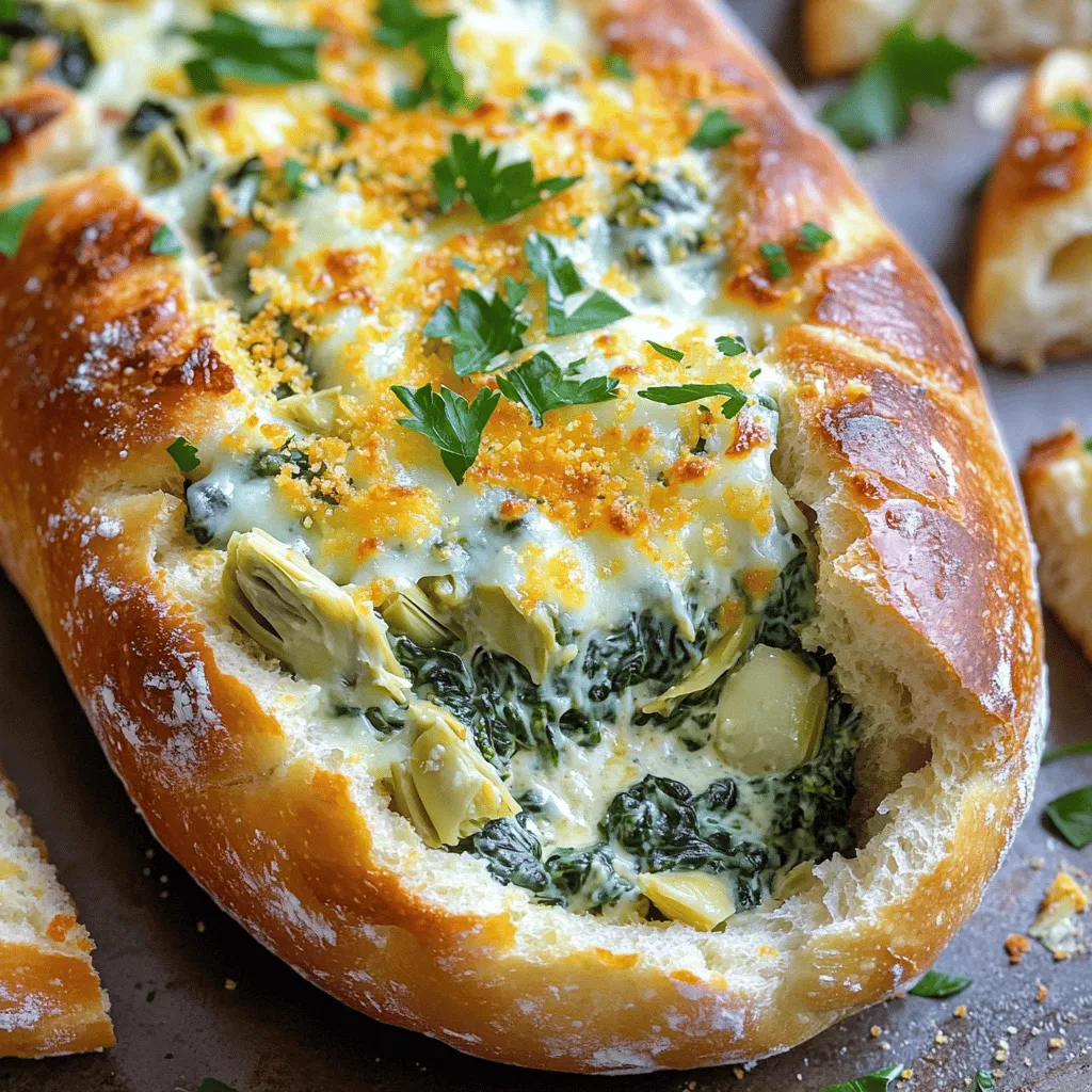 To make cheesy spinach artichoke bread, gather these items: - 1 large crusty bread loaf (such as a sourdough or ciabatta) - 1 cup fresh spinach, chopped - 1 cup canned artichoke hearts, drained and chopped - 1 cup cream cheese, softened - 1/2 cup sour cream - 1 cup shredded mozzarella cheese - 1/2 cup grated Parmesan cheese - 2 cloves garlic, minced - 1 teaspoon red pepper flakes (optional) - Salt and pepper to taste - Fresh parsley, chopped (for garnish) When measuring ingredients, use dry measuring cups for solids. For liquids, use a liquid measuring cup. This ensures accuracy. Always level off dry ingredients with a straight edge. For sticky items like cream cheese, pack it into the cup before leveling. These small steps help create the perfect dish. Fresh artichokes offer a vibrant flavor and crisp texture. They require more prep time, as you'll need to trim and cook them. Canned artichokes are quick and easy. They are already cooked and just need chopping. For this recipe, I prefer canned artichokes. They blend well with the creamy filling. If you choose fresh, make sure to use them right away for the best taste. To create Cheesy Spinach Artichoke Bread, start by gathering all your ingredients. This dish is fun to make and easy to share. You'll need a large crusty bread loaf, fresh spinach, artichoke hearts, and a few creamy cheeses. 1. Preheat your oven to 375°F (190°C). 2. Cut the top off of the bread loaf. Scoop out some of the inside to make a bowl. Save the removed bread for later. 3. In a mixing bowl, combine softened cream cheese and sour cream. Mix them until smooth. 4. Add the chopped spinach, artichoke hearts, minced garlic, mozzarella cheese, and half of the Parmesan cheese. Stir well. 5. Season your mixture with salt, pepper, and red pepper flakes if you want a bit of heat. Mix until all the ingredients blend together. 6. Spoon the cheesy mixture into the hollowed-out bread. Press down gently to fill it well. 7. Sprinkle the rest of the Parmesan cheese on top. 1. Place the filled bread on a baking sheet. 2. Bake in the oven for 25-30 minutes. Look for bubbly cheese and golden-brown bread. 3. For a crispy top, broil for 2-3 minutes. Keep an eye on it to avoid burning. 4. Once done, let it cool for a few minutes. Then slice it into wedges. Serve this tasty dish warm, with extra bread pieces on the side for dipping. Enjoy the rich flavors and creamy texture in every bite! For the full list of instructions, check the Full Recipe. To get a crispy top, bake the bread at 375°F (190°C). After baking for 25-30 minutes, turn on the broiler. Watch it closely! Broil for only 2-3 minutes. This step gives the cheese a nice golden crust. You can enhance the flavor in many ways. Add a teaspoon of lemon juice for brightness. Chopped sun-dried tomatoes give a nice tang. For a spicy kick, mix in jalapeños or diced roasted red peppers. Feel free to get creative and adjust to your taste. Avoid over-mixing the cheese and spinach mixture. This can make it too dense. Also, do not skip draining the artichokes. Excess moisture can make the bread soggy. Finally, always check the bread while broiling to prevent burning. Following these tips will ensure your dish shines! {{image_2}} If you need a gluten-free option, choose a gluten-free bread. Many brands offer great gluten-free loaves. Look for a crusty type to hold all the cheesy goodness. You can also try using gluten-free wraps as a base. This gives a fun twist and keeps it easy to dip. Want to make it more filling? Add some cooked chicken or crispy bacon. Shred the chicken and mix it into the cheesy blend. For bacon, cook it until crispy and crumble it in. Both add rich flavors and extra protein. Your friends will love this heartier version! For a vegetarian twist, you can skip the bacon and add more veggies. Consider mushrooms, bell peppers, or even zucchini. Just chop them small and sauté them first. This adds texture and flavor. You can also use different cheeses, like gouda or cheddar, for new tastes. To keep your cheesy spinach artichoke bread fresh, let it cool first. Then, wrap it tightly in plastic wrap or foil. You can also place it in an airtight container. This helps keep moisture in and prevents it from drying out. Store it in the fridge for up to three days. When you’re ready to enjoy leftovers, preheat your oven to 350°F (175°C). Place the bread on a baking sheet. Cover it with foil to keep it moist. Heat for about 10-15 minutes until warm. If you want a crispy top, remove the foil for the last few minutes. If you want to save some for later, freezing is a great option. Slice the bread into wedges before freezing. Wrap each piece in plastic wrap and then in foil. Place them in a freezer-safe bag. You can freeze it for up to three months. To eat, thaw in the fridge overnight and reheat as mentioned above. For more details, check the Full Recipe. You can serve Cheesy Spinach Artichoke Bread with various items. Here are some great options: - Fresh salad - Veggie sticks (carrots, celery, or bell peppers) - Dips like ranch or hummus - Sliced meats like salami or turkey - Cheese platter with crackers These pairings enhance the meal and add fun flavors. Enjoy the delicious bread with these tasty sides! Yes, you can prepare Cheesy Spinach Artichoke Bread ahead of time. You can mix the filling and store it in the fridge. Just keep the bread hollowed out and ready. When you’re ready to bake, fill the bread and pop it in the oven. This method allows you to save time on busy days. You can tell when the Cheesy Spinach Artichoke Bread is cooked by looking for a few signs. The cheese should be bubbly and slightly browned. The bread should also have a golden crust. Insert a knife into the filling; it should be hot all the way through. If it meets these criteria, you’re good to go! In this post, we explored the key ingredients and steps to make Cheesy Spinach Artichoke Bread. You learned how to measure ingredients, prepare your dish, and bake it to perfection. We shared tips for a crispy top and ways to avoid common mistakes. Finally, you have options for variations, storage tips, and answers to common questions. With these insights, you can create a delicious and versatile dish. Enjoy your cooking adventure and impress your friends with this tasty recipe!