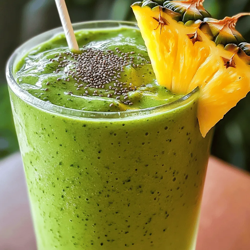 To create a tasty pineapple spinach green smoothie, gather these main ingredients: - 1 cup fresh spinach leaves - 1 ripe banana, sliced - 1 cup fresh pineapple, chopped - 1/2 cup Greek yogurt (or a dairy-free alternative) - 1 cup coconut water (or almond milk) These ingredients combine to make a smoothie that is both refreshing and healthy. The spinach gives it a vibrant green color, while the pineapple adds a sweet tropical twist. The banana adds creaminess, and yogurt provides a nice protein boost. You can enhance your smoothie with these optional add-ins: - 1 tablespoon chia seeds - 1 teaspoon honey (for sweetness) - Ice cubes (for a colder smoothie) Chia seeds add healthy fiber and omega-3s. Honey sweetens the drink if you want it a bit sweeter. Ice cubes can chill your smoothie, making it even more enjoyable on a hot day. For the full recipe, check out the [Full Recipe]. To start, wash the spinach thoroughly. Use clean water and rinse until no dirt remains. Next, slice the banana into small pieces. This helps it blend evenly. Lastly, chop the fresh pineapple into bite-sized chunks. Fresh pineapple adds great flavor. Now, it's time to blend! In your blender, combine the spinach, banana, and pineapple. Add Greek yogurt for creaminess and coconut water for hydration. Then, toss in the chia seeds for a healthy boost. Blend on high speed until the mixture is completely smooth. Once blended, taste your smoothie. If you want it sweeter, add a teaspoon of honey. Blend again to mix. If you prefer a chill, add ice cubes and blend until you reach a frost-like texture. Pour the smoothie into glasses. Enjoy your refreshing drink! For the complete recipe, check out the [Full Recipe]. To make your smoothie silky smooth, start with the right order in the blender. Always put the liquid first. This helps the blades move better. Next, add the spinach, banana, and pineapple. Finally, top it with Greek yogurt and chia seeds. Blend on high speed until everything is pureed. If your smoothie is too thick, add more coconut water or almond milk. For a thicker drink, toss in more yogurt or banana. Want to boost your smoothie’s nutrition? Add protein powder for a filling snack. A scoop of vanilla or unflavored powder works best. You can also mix in superfoods like spirulina or flaxseed for extra nutrients. These additions make your drink even healthier and packed with energy. Serving your smoothie right can make it more fun. Use clear glasses to show off the vibrant colors. For a special touch, garnish with chia seeds or a slice of pineapple on the rim. Enjoy your smoothie with healthy snacks like carrot sticks or whole grain crackers. They pair well and add crunch! For the complete recipe, check out the Full Recipe. {{image_2}} You can make this smoothie even more fun by adding other fruits. Try adding mango or kiwi for extra sweetness. These fruits blend well with pineapple and spinach. You can also swap coconut water for different liquids. Almond milk gives a creamy texture. You can even use orange juice for a tangy twist. If you want to keep it vegan, there are great swaps for Greek yogurt. You can use coconut yogurt or silken tofu. Both add creaminess without dairy. For milk, choose any non-dairy type you like. Almond milk, oat milk, or soy milk work perfectly here. To boost the nutrition, think about adding more greens. Kale is a great choice and adds a nice flavor. You could also mix in spirulina or matcha powder. Spirulina gives protein while matcha adds antioxidants. Both enhance the health benefits of your drink. For the full recipe, check out the details above. After you blend the pineapple spinach green smoothie, store any leftovers in the fridge. Use an airtight container to keep it fresh. This helps prevent oxidation, which can change the taste. Try to consume it within 24 hours for the best flavor and nutrients. If you notice any separation, just shake it well before drinking. If you want to save your smoothie for later, freezing is a great option. Pour the smoothie into ice cube trays or freezer-safe bags. This way, you can easily grab a portion when you need it. To thaw, place the frozen smoothie in the fridge overnight or blend it frozen for a slush-like treat. Adding a bit of extra coconut water can help revive the texture. The fresh ingredients in your smoothie have different shelf lives. Spinach and pineapple last about 3-5 days in the fridge. Greek yogurt can last one to three weeks, depending on the date on the container. Always look for signs of spoilage, like an off smell or mold. If anything seems off, it’s best to throw it away to stay safe. Yes, you can use frozen fruits. They work well in a smoothie. Frozen fruits make your drink colder. They can also add a nice thickness. Try frozen pineapple or banana for best results. Just remember, frozen fruits may change the flavor. Fresh fruits give a brighter taste. If you love cold smoothies, you might prefer frozen. Yes, spinach is safe to eat raw. It is packed with vitamins and minerals. Raw spinach offers iron, calcium, and fiber. These nutrients help you feel strong and healthy. Some people worry about oxalates in spinach. These can affect calcium absorption. But in small amounts, spinach is safe and healthy. Adding it to smoothies is a great way to boost your nutrition. If you want a sweeter smoothie, try these tips: - Add honey for natural sweetness. - Use ripe bananas; they are sweeter. - Consider adding maple syrup. - Try a splash of vanilla extract. - Use sweeter fruits like mango or ripe peaches. These options will help you find the right balance of sweetness. You can adjust to your taste without overdoing it. For the full recipe, check the earlier section! This blog post detailed how to make a tasty smoothie with fresh ingredients. Fresh spinach, ripe banana, and pineapple create a nutritious base. Adding Greek yogurt and coconut water gives it creaminess. You can adjust sweetness and thickness to fit your taste. Try adding fun extras like chia seeds or mango for variety. Remember to store leftovers properly or freeze them for later. Enjoy your healthy drink and get creative with flavors! Smoothies can be fun and packed with nutrients when you use the right mix.