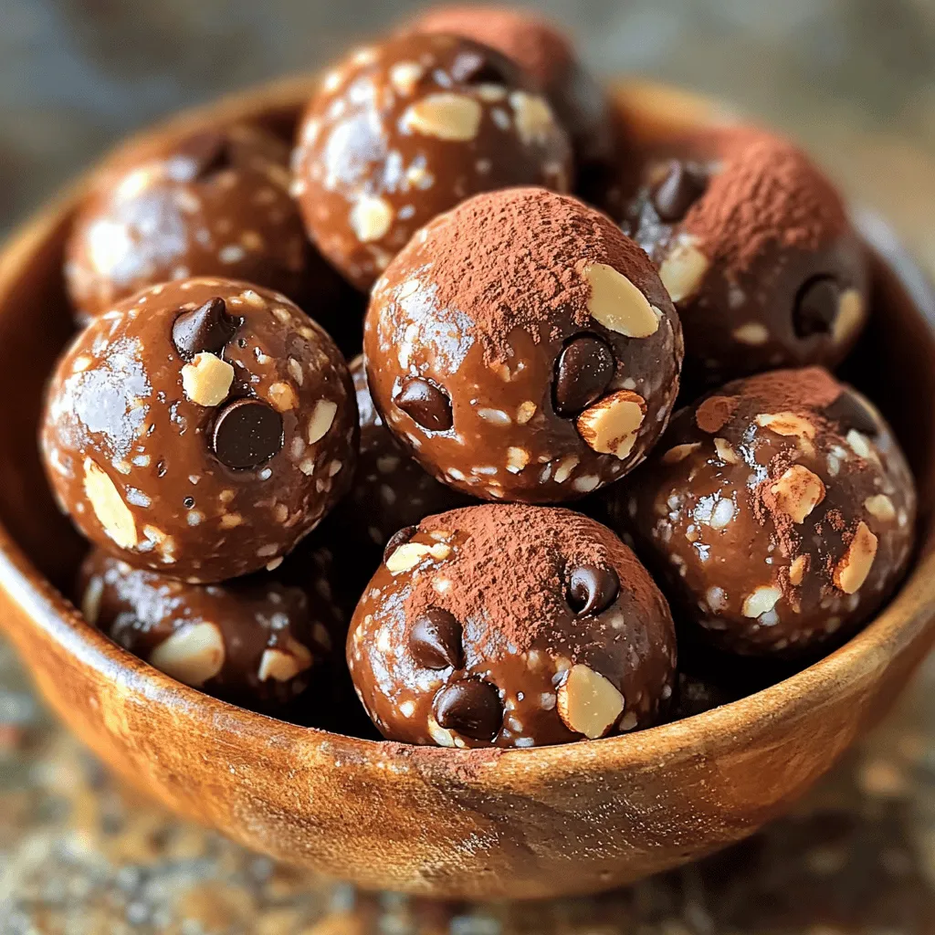 To make Chocolate Almond Protein Balls, you need simple, wholesome ingredients. Here’s what you will need: - 1 cup almond butter - 1/2 cup honey or maple syrup - 1/2 cup rolled oats - 1/4 cup cocoa powder - 1/4 cup protein powder (chocolate or vanilla) - 1/4 cup crushed almonds - 1 tsp vanilla extract - Pinch of salt - Optional: dark chocolate chips for extra sweetness These ingredients are easy to find. Almond butter gives a rich taste and creamy texture. Honey or maple syrup adds sweetness. Rolled oats bring fiber and help bind the balls. Cocoa powder adds that classic chocolate flavor we all love. Protein powder gives a boost of protein, perfect for a snack. Crushed almonds add a nice crunch. A touch of vanilla and salt enhances the flavors. If you want a sweet touch, include dark chocolate chips. Feel free to adjust based on your taste. You can swap almond butter for peanut butter if you prefer. 1. Start by taking a large mixing bowl. 2. Combine 1 cup almond butter and 1/2 cup honey (or maple syrup) until it is smooth. 3. Next, add in 1/2 cup rolled oats, 1/4 cup cocoa powder, 1/4 cup protein powder, 1/4 cup crushed almonds, 1 tsp vanilla extract, and a pinch of salt. 4. Mix these dry ingredients thoroughly. Make sure everything is well combined. 5. If you like, fold in some dark chocolate chips for extra sweetness. 6. Once mixed, use your hands to roll about a tablespoon of the mixture into a ball. 7. Place each ball on a parchment-lined baking sheet. Repeat until all the mixture is used. 1. After rolling the balls, place them on the parchment-lined baking sheet. 2. Refrigerate the protein balls for 30 minutes. This helps them firm up and makes them easier to eat. 3. After chilling, your delicious chocolate almond protein balls are ready to enjoy! You can find the full recipe for more detailed instructions. To avoid stickiness when rolling your protein balls, make sure your hands are slightly wet. This small trick helps the mixture stick less to your fingers. You can also use a cookie scoop to shape the balls. This method gives you uniform sizes and saves time. Evenly distributing the ingredients is key. Mix your almond butter and sweetener well before adding dry ingredients. Use a sturdy spatula or your hands to ensure everything blends nicely. Pay attention to any dry spots in the bowl. If you see them, keep mixing until you have a smooth mixture. For a great presentation, serve your protein balls in a small bowl. You can stack them in a mason jar for a fun display. Rolling them in crushed almonds or cocoa powder adds visual appeal and a bit of crunch. When it comes to pairing, these protein balls go well with almond milk or herbal tea. They also make a tasty snack with fresh fruits like apples or bananas. Enjoy them as a post-workout treat or a quick energy boost throughout the day. {{image_2}} You can easily swap almond butter with other nut or seed butters. Try peanut, cashew, or sunflower seed butter for a new taste. Each option brings its unique flavor and texture. If you want to change the sweetener, consider using agave syrup or brown rice syrup. These options work well in the recipe and add a different sweetness. You can also use stevia for a low-calorie choice. To give your chocolate almond protein balls a fun twist, add extra ingredients. Chia seeds or flaxseeds can boost nutrition and add a nice crunch. You might also try adding shredded coconut for a tropical vibe. For creative flavor ideas, consider mixing in spices like cinnamon or nutmeg. You can also add a splash of orange or peppermint extract. These small changes can make a big difference in taste and keep your snacks interesting. Explore the Full Recipe to see how these variations enhance your chocolate almond protein balls! To keep your chocolate almond protein balls fresh, store them in an airtight container. This keeps moisture out and helps maintain their texture. You can use glass jars or plastic containers that seal tightly. If you stack them, place parchment paper between layers to avoid sticking. In the refrigerator, your protein balls last about one week. If you want them to last longer, consider freezing them. They can stay fresh in the freezer for up to three months. Just place them in a freezer-safe bag or container. When you're ready to eat, thaw them in the fridge overnight. Enjoying these treats is simple and convenient! For the full recipe, refer back to the details provided earlier. To make chocolate almond protein balls, start by mixing almond butter and honey in a bowl. Then, add rolled oats, cocoa powder, protein powder, crushed almonds, vanilla extract, and a pinch of salt. Mix everything well until it is smooth. You can add dark chocolate chips for an extra sweet treat. After that, roll the mixture into small balls. Place them on a parchment-lined sheet and chill for 30 minutes. This helps them firm up and makes them easier to eat. Protein balls offer many health benefits. They are rich in protein, which helps build muscles. They also contain healthy fats from almond butter, great for energy. The oats provide fiber, which keeps you full longer. This snack is great for a boost before or after a workout. Each ball gives you a mix of nutrients to help you stay strong and satisfied. Yes, you can easily make these protein balls vegan and gluten-free. To make them vegan, use maple syrup instead of honey. For gluten-free options, choose certified gluten-free oats. This way, you can enjoy these tasty snacks without any worries about dietary restrictions. You can find pre-made chocolate almond protein balls at many health food stores. Some grocery stores may also carry them in their snack aisle. Look for brands that use natural ingredients for the best taste and nutrition. If you prefer, you can also find them online from various retailers. Making them at home is fun and lets you control the ingredients! For a complete recipe, check the Full Recipe section. In this blog post, you learned how to make chocolate almond protein balls. We covered the key ingredients and provided simple, step-by-step instructions. You gained helpful tips to make preparation easier and explored ways to vary the recipe. We also shared best storage practices to keep your snacks fresh for longer. These protein balls offer a tasty and nutritious option for snacks or quick energy. Now, you can enjoy making them your way, tailored to your taste!