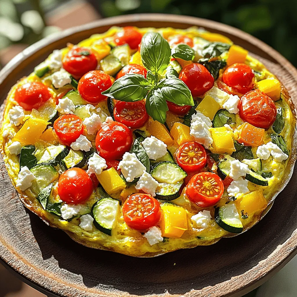 When making a vegetable frittata, you need fresh ingredients. Here’s what you will need: - 6 large eggs - 1 cup milk - 1 cup spinach, chopped - 1/2 cup bell peppers, diced (red and yellow) - 1/2 cup zucchini, diced - 1/2 cup cherry tomatoes, halved - 1 small onion, chopped - 1 clove garlic, minced - 1 cup feta cheese, crumbled - 2 tablespoons olive oil - Salt and pepper to taste - Fresh basil leaves for garnish You can add extra flavors to your frittata. Here are some great options: - Dried oregano - Fresh parsley - Red pepper flakes - A pinch of cumin - Black pepper These seasonings can make your dish more exciting. Feel free to mix and match based on your taste. A slice of frittata can be a healthy choice. Here is some basic nutrition info per serving: - Calories: Approximately 200 - Protein: 12g - Fat: 14g - Carbohydrates: 6g - Fiber: 1g This dish is packed with protein and vitamins. It’s great for breakfast or brunch. For the full recipe, check out the Vibrant Garden Vegetable Frittata. Start by washing all your veggies. Chop the spinach, bell peppers, zucchini, onion, and garlic. Use a cutting board and a sharp knife. Dice the bell peppers into small pieces for even cooking. The zucchini should also be diced small. This helps it cook well. You want the onion and garlic chopped finely to bring out their flavors. Heat a skillet over medium heat and add olive oil. Once hot, add the onion and garlic. Sauté them until they look soft, about 2-3 minutes. Next, add the bell peppers, zucchini, and spinach. Cook for another 3-4 minutes. The colors will become bright and inviting. In a large bowl, crack six large eggs. Pour in one cup of milk. Season with salt and pepper to taste. Whisk these together until they blend well. You want a fluffy and light mixture. This is key for a great texture. Once mixed, set the bowl aside while the veggies finish cooking. Once the veggies are ready, it’s time to combine. Pour the egg mixture over the sautéed vegetables. Stir gently to mix everything together. Now, scatter the halved cherry tomatoes and crumbled feta cheese on top. Cook the skillet on the stove for about 4-5 minutes. You want the edges to set first. Then, transfer the skillet to the preheated oven at 375°F. Bake it for 20-25 minutes. The frittata should puff up and turn golden brown in the center. After baking, let it cool a bit and then slice into wedges. Enjoy your vibrant garden vegetable frittata! For more detailed steps, check the Full Recipe. You can swap out some veggies based on what you have. Try using broccoli instead of spinach. If you don’t have zucchini, use mushrooms instead. For a creamier texture, replace milk with cream or plant milk. You can also use cottage cheese in place of feta for a lighter option. To get the best texture, cook your veggies first. Sauté them until they are soft but not mushy. This helps the flavors mix well. When you pour the egg mixture in, don’t stir too much. Let it cook on the stove until the edges firm up. Then, move it to the oven for baking. This ensures a fluffy, well-set frittata. Serve your frittata hot or warm for the best taste. Slice it into wedges for easy sharing. Pair it with a fresh green salad to balance the richness. You can also add a dollop of yogurt or a sprinkle of herbs on top for extra flavor. Enjoy it for brunch, lunch, or a light dinner. Check out the Full Recipe for more details! {{image_2}} You can use many veggies in a frittata. Think about what you like! Some great options are: - Broccoli - Asparagus - Mushrooms - Carrots - Kale These vegetables add color and taste. You can mix and match them based on your mood. Try using leftover veggies from your fridge. They work great and reduce waste! Adding protein makes your frittata more filling. You can add: - Cooked bacon or sausage - Ham - Cooked chicken - Tofu for a plant-based option Just chop them up and mix them in with the veggies. This extra protein fuels your day and keeps you satisfied. To boost flavor, think about using herbs and spices. Here are some ideas: - Fresh parsley or cilantro - Dried oregano or thyme - A dash of red pepper flakes for heat You can also add cheese like cheddar or goat cheese for creaminess. These small touches make a big difference in taste! For the full recipe, check out the vibrant garden vegetable frittata. After you make your vegetable frittata, let it cool. Place any leftovers in an airtight container. This will keep it fresh for up to three days in the fridge. If you want to save it longer, consider freezing it. To reheat your frittata, slice it into wedges. Place the slices on a microwave-safe plate. Heat for about 30-60 seconds or until warm. If you prefer, you can use the oven. Preheat it to 350°F (175°C) and bake for about 10-15 minutes. To freeze your frittata, slice it first. Wrap each piece tightly in plastic wrap. Then, place the wrapped slices in a freezer bag. They can last for up to two months. When you’re ready to eat, thaw overnight in the fridge before reheating. This way, the texture stays nice and tasty. For the full recipe, check out the vibrant garden vegetable frittata. You can pair a vegetable frittata with several options. A mixed green salad adds fresh crunch. Sliced avocado gives a creamy touch. Fresh fruit like berries or melon offers sweetness. Toast or crusty bread can soak up flavors. You can also serve it with a light vinaigrette for extra zest. Check the edges first. They should look set and a bit golden. The center should be firm, not jiggly. You can insert a knife in the middle. If it comes out clean, it’s ready. The frittata will puff up when baked. This is a good sign that it’s done. Yes, you can make a frittata ahead of time. Cook it fully and let it cool. Store it in the fridge for up to three days. You can reheat it in the oven or microwave. This makes it a great meal prep option. For the best taste, serve it warm. You can find the Full Recipe to try this easy dish. We explored key ingredients and their options, along with nutritional facts. I shared step-by-step instructions to help you prepare your dish. Tips for perfect texture and serving ideas ensure a great meal every time. I showed you fun variations and how to store leftovers effectively. Finally, I answered common questions about frittatas. With these insights, you can create a delicious frittata that suits your taste and lifestyle. Enjoy your cooking!