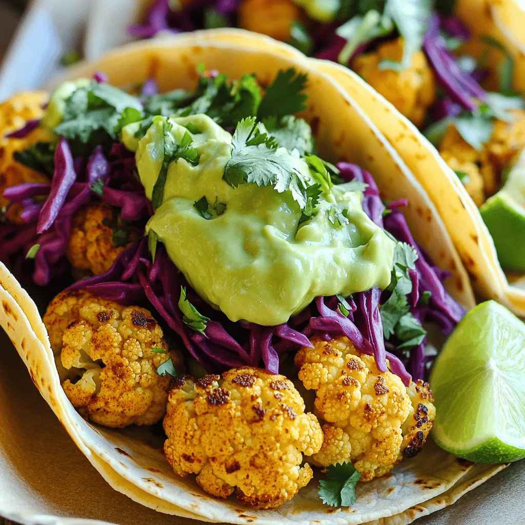 To make these tasty cauliflower tacos, gather these main ingredients: - 1 medium head of cauliflower, cut into small florets - 2 tablespoons olive oil - 1 teaspoon smoked paprika - 1 teaspoon ground cumin - 1/2 teaspoon chili powder - Salt and pepper to taste - 8 small corn tortillas - 1 cup shredded red cabbage - 1/2 cup fresh cilantro, chopped - Lime wedges for serving The cauliflower is the star here. Cut it into small florets for even roasting. The spices bring depth and warmth to the dish. Adjust the salt and pepper to suit your taste. For a creamy topping, you’ll need: - 1 ripe avocado - 1/4 cup Greek yogurt (or sour cream for a richer taste) - 1 tablespoon lime juice - 1 clove garlic, minced - Salt to taste The avocado crema adds a fresh, creamy layer to the tacos. The lime juice brightens the flavor. Blend until smooth for the best texture. Feel free to add these toppings for extra flavor and crunch: - Sliced jalapeños for heat - Diced tomatoes for freshness - Crumbled feta cheese for a salty kick - Extra cilantro for garnish These optional toppings can personalize your tacos. Choose what you love! The toppings can add color and excitement to each bite. For the full recipe, check out the details above. To start, you need to cut the cauliflower. Grab one medium head of cauliflower and chop it into small florets. Make sure they are even in size. This helps them cook well. Next, place the florets in a large mixing bowl. Add 2 tablespoons of olive oil, 1 teaspoon of smoked paprika, 1 teaspoon of ground cumin, and 1/2 teaspoon of chili powder. Season with salt and pepper. Toss everything together until the cauliflower is well-coated. Now, preheat your oven to 425°F (220°C). Spread the seasoned cauliflower on a baking sheet in a single layer. This allows the heat to circulate. Roast in the oven for 25-30 minutes. Toss the florets halfway through. Look for a golden color and a tender texture. This step brings out the rich flavors that make the tacos special. While the cauliflower roasts, let’s make the avocado crema. Start with one ripe avocado. Cut it in half, remove the pit, and scoop the flesh into a food processor. Add 1/4 cup of Greek yogurt, 1 tablespoon of lime juice, and 1 clove of minced garlic. Sprinkle in some salt to taste. Blend all the ingredients until smooth and creamy. Taste and adjust the salt if needed. This crema adds a fresh and tangy flavor to your tacos. Once the cauliflower is done, warm the corn tortillas in a dry skillet over medium heat. Heat them for about 30 seconds on each side. Now, let’s assemble the tacos! Take a tortilla and load it with a generous amount of roasted cauliflower. Top it with shredded red cabbage for crunch. Add a dollop of avocado crema and sprinkle with chopped cilantro. Serve with lime wedges on the side for a citrusy kick. Enjoy your savory cauliflower tacos with avocado crema! For the full recipe, refer to the detailed instructions above. When picking cauliflower, look for tight, compact heads. They should be creamy white or pale green. Avoid any brown spots or soft areas. Fresh cauliflower feels heavy for its size. Its leaves should be bright and green. Buying local and in season gives the best taste. To roast cauliflower perfectly, cut it into small, even florets. This helps them cook evenly. Toss the florets in olive oil and spices in a large bowl. Make sure every piece is coated well. Spread them out on a baking sheet. Do not crowd them. This allows them to get crispy. Roast at 425°F (220°C) for 25-30 minutes. Turn them halfway for even browning. For a richer flavor, add more lime juice or garlic to the crema. You can also mix in fresh herbs like cilantro or parsley. A pinch of salt enhances the taste. Want a kick? Try adding a small jalapeño while blending. If you like it creamier, swap Greek yogurt for sour cream. For a unique twist, mix in some chipotle for a smoky flavor. For the full recipe, check out the [Full Recipe]. {{image_2}} You can easily add protein to these tacos. Grilled chicken or shrimp works great. For a heartier option, try black beans. Simply warm them up and add them to your tacos. You can also use crumbled tofu for a plant-based protein. Adjust the spices to match your choice of protein. If you want vegetarian options, use cheese or sour cream. For vegan alternatives, swap the Greek yogurt with a plant-based yogurt. You can also skip all dairy and just enjoy the avocado crema. Adding some diced tomatoes or corn can boost the flavor while keeping it vegan. The avocado crema is key to these tacos. You can change its taste by adding herbs. Try fresh basil or cilantro for a twist. For a spicy kick, add diced jalapeños. You can also mix in some lime zest for extra zing. If you want it sweeter, a touch of honey works well too. These variations can help you create your perfect cauliflower tacos. For the complete recipe, check out the Full Recipe. To keep your leftover tacos fresh, store them in an airtight container. Place the tacos in the fridge for up to three days. If you want to store them longer, take the filling out of the tortillas. Store the cauliflower and toppings separately. This helps prevent soggy tortillas. When it's time to enjoy your leftovers, reheat the cauliflower in the oven. Preheat the oven to 350°F (175°C). Spread the cauliflower on a baking sheet and heat for about 10-15 minutes. This keeps it crispy. You can also microwave the filling for about 1-2 minutes. Just make sure to keep the tortillas separate until ready to eat. For longer storage, you can freeze the cauliflower and avocado crema. To freeze the cauliflower, let it cool completely first. Then, place it in a freezer-safe bag or container. It can last up to three months. For the crema, store it in a small container. The texture may change a bit when thawed. For the full recipe, check out the details above and enjoy making these tasty tacos! Yes, you can use frozen cauliflower. Just thaw it first. Pat it dry to remove excess water. This helps the seasoning stick better. The texture may differ slightly, but it will still taste great in the tacos. You can use sour cream instead of Greek yogurt. If you want a dairy-free option, try silken tofu or cashew cream. Both options give a creamy texture and nice flavor. Adjust the seasoning to fit your taste. To add heat, use more chili powder or add diced jalapeños to the roasted cauliflower. You can also mix hot sauce into the avocado crema. Fresh sliced chili peppers on top can also kick up the heat. Yes, many brands make gluten-free corn tortillas. Check the labels to find ones without gluten. You can also use lettuce leaves as a wrap for a low-carb option. Cauliflower tacos offer a tasty twist on a classic dish. We explored the key ingredients and shared easy steps to prepare them. You learned how to roast cauliflower perfectly and whip up avocado crema. I shared tips on selecting fresh ingredients and storing leftovers. You can customize your tacos with various proteins and flavors. Enjoy exploring countless options and discover what makes these tacos unique! Try out ideas from this post and make them your own. Happy cooking!