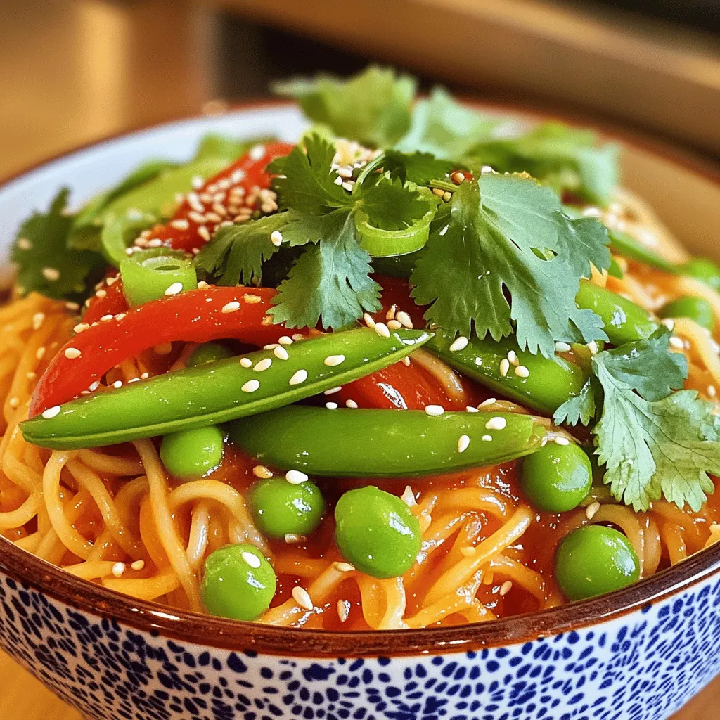 - 200g rice noodles - 2 tablespoons vegetable oil - 3 cloves garlic, minced - 1 tablespoon fresh ginger, minced - 1 red bell pepper, thinly sliced - 1 cup snap peas - 3 green onions, chopped - 3 tablespoons Sriracha sauce (adjust to taste) - 2 tablespoons soy sauce - 1 tablespoon sesame oil - 1 tablespoon lime juice - Sesame seeds for garnish - Fresh cilantro for garnish When I create Spicy Sriracha Noodles, I always choose fresh and vibrant ingredients. The rice noodles are the base of this dish. They soak up all the flavors and add a nice texture. I love using vegetable oil for stir-frying because it has a high smoke point. Garlic and ginger bring warmth and depth to the dish. I like to add colorful veggies, like red bell pepper and snap peas. These not only taste great but also make the dish look appealing. The green onions add a fresh crunch, while Sriracha sauce gives that spicy kick. I suggest adjusting the Sriracha to fit your taste. A little soy sauce balances out the heat, and sesame oil adds a nutty flavor. Lime juice brightens the dish and adds a zesty note. Finally, garnishing with sesame seeds and fresh cilantro makes it pop. These ingredients come together to create a flavorful meal. For the full recipe, check out the instructions above. Start by cooking the rice noodles. Follow the package instructions for best results. Usually, this takes about 5-7 minutes. Once they are cooked, drain them well. Rinse the noodles under cold water. This step is crucial to stop the cooking process and prevent sticking. After rinsing, set the noodles aside for later. Next, grab a large pan or wok. Heat the vegetable oil over medium-high heat. Once the oil is hot, add the minced garlic and ginger. Sauté these for about 30 seconds. You want them to become fragrant, not brown. Now, add the sliced red bell pepper and snap peas. Stir-fry these for about 3-4 minutes. The goal is to keep them tender yet crisp. Now it's time to bring everything together. Add the cooked rice noodles to the pan with the vegetables. Toss them gently to mix. In a small bowl, combine the Sriracha sauce, soy sauce, sesame oil, and lime juice. Pour this sauce over the noodles and veggies. Stir everything well, making sure the noodles get coated with the spicy sauce. Cook for another 2-3 minutes to heat it through. Finally, add in the chopped green onions. Serve your Spicy Sriracha Noodles hot, and don’t forget to garnish with sesame seeds and fresh cilantro for that perfect touch. Enjoy! For the full recipe, refer to the section above. To make your Spicy Sriracha Noodles just right, adjust the Sriracha to your taste. Start with three tablespoons. If you want more heat, add more Sriracha slowly. This way, you control the spice level. Balance the heat with lime juice and soy sauce. Lime juice adds a bright flavor and cuts through the spice. Soy sauce gives a salty depth that rounds out the dish. A little bit goes a long way. For stir-frying, keep the heat high. This helps cook the veggies quickly while keeping them crisp. Use a large pan or wok for even cooking. To prevent the noodles from sticking, rinse them well after cooking. Use cold water to stop the cooking process. When you stir-fry, toss the noodles quickly to separate them. This keeps them from clumping together. Garnish your dish with fresh cilantro and sesame seeds. Cilantro adds a fresh note while sesame seeds bring a nice crunch. For an impressive dish, serve the noodles in a large bowl. You can also add lime wedges on the side for extra zing. This presentation makes the meal look inviting and delicious. Try this Full Recipe to create your own Spicy Sriracha Noodles! {{image_2}} You can make Spicy Sriracha Noodles even better by adding protein. Chicken, shrimp, or tofu work great. For chicken, slice it thin and cook it in the pan first. Then, add other veggies. Shrimp cooks fast and adds a nice flavor. Just toss them in after the garlic and ginger. If you prefer a plant-based option, use firm tofu. Make sure to press out the water, and cut it into cubes. Fry the tofu until it’s golden brown before adding the noodles. This gives a nice crunch and flavor. Feel free to swap out veggies based on what you like. Zucchini, broccoli, or carrots can add a new taste. You can also change the noodles. If you need gluten-free options, try rice noodles or zucchini noodles. These are light and soak up the sauce well. You can even use whole wheat noodles for a healthier choice. Just make sure to cook them according to the package. There are many spicy noodle dishes to explore. For example, try Pad Thai, which has a sweet and spicy kick. You could also look into Kimchi noodles, which are tangy and packed with flavor. Another great option is Dan Dan noodles, famous for their bold, spicy sauce. Each dish has its own twist on spice and flavor. Exploring these can inspire your cooking and help you find new favorites. To keep your Sriracha noodles fresh, store them in the fridge. Use an airtight container. This helps prevent the noodles from drying out. Enjoy them within 3 to 4 days. If you don’t finish them, toss any old leftovers. Trust me, freshness is key for flavor! When you reheat Sriracha noodles, avoid the microwave if you can. Use a skillet or pan instead. Add a splash of water or vegetable broth to keep them moist. Heat over low to medium heat. Stir gently to avoid sticking. This method keeps the texture nice and saucy. You can freeze cooked Sriracha noodles, but it's best to freeze them without sauce. Place the noodles in a freezer-safe bag. Squeeze out the air before sealing. To thaw, leave them in the fridge overnight. Reheat in a pan with some sauce added back in for flavor. This keeps them tasty! For the full recipe, check out the details above. Sriracha noodles can be quite spicy. The heat comes from the Sriracha sauce, which has a strong kick. For a milder dish, use less Sriracha. Start with one tablespoon and taste. You can always add more if you want extra heat. Yes, you can make Sriracha noodles ahead of time. Cook them and let them cool. Store the noodles in an airtight container in the fridge. They stay fresh for about three days. When you are ready to eat, reheat them in a pan. Add a splash of water to keep them moist. Several side dishes work well with spicy Sriracha noodles. Here are some great options: - Spring rolls - Asian-style salads - Steamed broccoli - Grilled chicken - Cold drinks like iced tea or lemonade These sides balance the heat and provide a complete meal. Try them to enhance your dining experience. For more ideas, check the Full Recipe for extra tips! This blog covered how to make tasty Sriracha noodles. We explored essential ingredients like rice noodles, garlic, and fresh veggies. You learned important steps, from cooking noodles to stir-frying veggies. I shared tips for perfecting flavor, variations for proteins, and how to store leftovers. In conclusion, you now have the tools to create a quick, spicy meal. Enjoy experimenting and sharing your spicy noodle dish with friends and family!