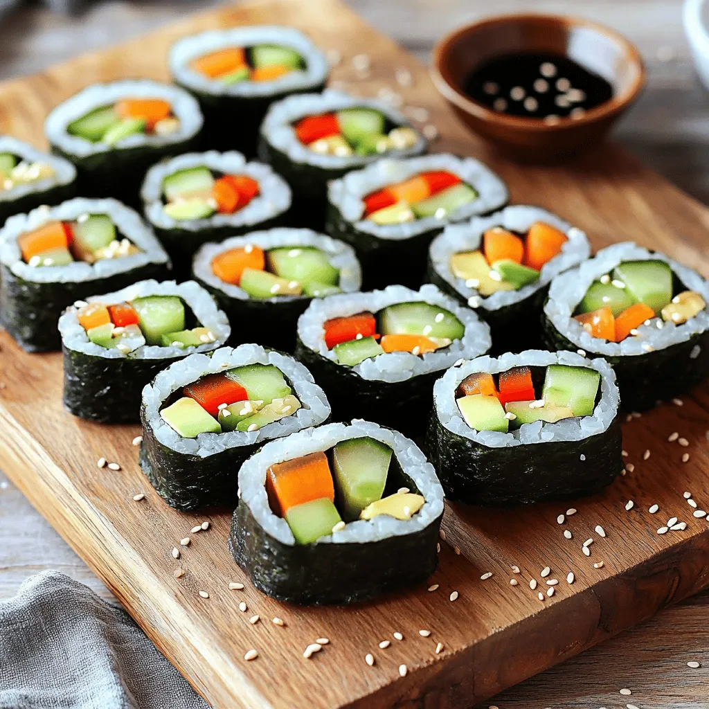 To make easy veggie sushi rolls, you need the right ingredients. Here’s a quick list: - 1 cup sushi rice - 1 ¼ cups water - 4 sheets nori (seaweed) - 1 avocado, sliced - 1 cucumber, julienned - 1 carrot, julienned - ½ red bell pepper, thinly sliced - 2 tablespoons rice vinegar - 1 tablespoon sugar - ½ teaspoon salt - Soy sauce (for dipping) - Sesame seeds (optional, for garnish) Sushi rice is short-grain rice. It sticks well, making it easy to roll. Rinse it before cooking to remove excess starch. This helps the rice get the right texture. Nori sheets are dried seaweed. They add flavor and help hold the sushi together. You can find them in most grocery stores or online. When it comes to veggies, the choices are endless! I love using: - Avocado for creaminess. - Cucumber for a refreshing crunch. - Carrot for a little sweetness. - Red bell pepper for a pop of color and flavor. Feel free to mix and match with other veggies like zucchini or radishes. For dips and garnishes, soy sauce is a classic choice. You can also sprinkle sesame seeds on top for extra flavor. They add a nice crunch too! For the full recipe, check out the link. Enjoy making your sushi rolls! To start, rinse the sushi rice under cold water. Do this until the water runs clear. This step removes excess starch and helps the rice cook well. Next, cook the rice. In a medium saucepan, combine 1 cup of rinsed sushi rice and 1 ¼ cups of water. Bring it to a boil over high heat. Once it boils, reduce to low heat, cover, and simmer for 20 minutes. The water should be fully absorbed after this time. After cooking, let the rice sit covered for 10 minutes. This resting time helps the rice become fluffy. In a small bowl, mix 2 tablespoons of rice vinegar, 1 tablespoon of sugar, and ½ teaspoon of salt. Stir until dissolved. Once the rice is cool, gently fold in the vinegar mixture. Let the rice cool to room temperature. Now, set up your sushi mat on a flat surface. Place a sheet of nori, shiny side down, on the mat. With wet hands to prevent sticking, take about ½ cup of sushi rice. Spread it evenly over the nori. Leave about a 1-inch margin at the top. Next, add your filling. Arrange slices of avocado, cucumber, carrot, and red bell pepper in a line across the rice at the bottom of the nori sheet. Begin rolling the sushi away from you. Use the mat to help guide the roll tightly. Roll until you reach the exposed edge of the nori. Gently press to seal the roll. Repeat this with the other nori sheets and fillings. After rolling, use a sharp knife to cut each roll into bite-sized pieces. Wipe the knife with a damp cloth between cuts to keep the edges clean. For presentation, arrange the sushi rolls on a platter. You can sprinkle sesame seeds on top for a nice touch. Serve the veggie sushi rolls with soy sauce for dipping. Enjoy your delicious meal! For more details, check out the Full Recipe. When making sushi, two common mistakes can ruin your rolls. First, ensure you rinse the rice well. If you skip this step, the rice can turn out sticky and gummy. Rinsing removes excess starch, giving you a better texture. Second, avoid overfilling the rolls. It’s tempting to add lots of veggies, but too much can cause them to burst. Keep your filling simple. A few slices of each veggie work best for a perfect bite. To keep your sushi fresh, choose the best vegetables. Look for crisp and colorful options. Fresh ingredients enhance taste and texture. Avocado should be ripe but not mushy. Carrots and cucumbers should be firm and crunchy for the best results. If you have leftover sushi, store it properly. Wrap the rolls in plastic wrap to keep them fresh. Place them in the fridge. They stay good for about a day. Enjoy them cold or let them sit at room temperature for a bit before eating. To boost the flavor of your sushi, try adding seasoning to the rice. A splash of rice vinegar gives a nice tang. You can also sprinkle sesame seeds on top for an extra crunch. When it comes to dipping sauces, soy sauce is a classic choice. You can also try spicy mayo for a kick. Mixing mayonnaise with a bit of sriracha makes a creamy, spicy dip. Experiment with flavors to find what you love! For the full recipe, check out the detailed steps above. Enjoy making your easy veggie sushi rolls! {{image_2}} You can mix up your veggie sushi rolls by using different vegetables. Try adding bell peppers, radishes, or even spinach. You can also include crunchy ingredients like sprouts or pickled vegetables for extra zing. For those who eat meat, add cooked shrimp or crab sticks. Tofu or tempeh also works well for a protein boost without meat. To enhance the taste of your sushi, consider spicy mayo. You can make it by mixing mayo with sriracha. For a twist, add some sesame oil to your rice. You can also use flavored nori, such as wasabi or teriyaki, for a distinct taste. Flavored rice, like adding a touch of garlic or ginger, can elevate your rolls even more. Get creative with how you present your sushi. You can cut your rolls into fun shapes like circles or triangles. Arrange them on a plate with colorful garnishes like radish slices or edible flowers. A sprinkle of sesame seeds adds a nice touch too. You can also serve with small bowls of soy sauce for dipping. For the full recipe, check out Easy Veggie Sushi Rolls. To keep your leftover sushi fresh, wrap it tightly in plastic wrap. This keeps air out and helps prevent drying. You can also use a sealed container. Ideally, store sushi in the refrigerator. It stays good for up to 24 hours. After that, the rice may dry out, and the veggies can lose their crunch. Always check for any off smells before eating. If you want to save sushi for later, freezing is a good option. First, wrap each roll tightly in plastic wrap. Then, place them in a freezer bag. Make sure to remove as much air as possible. You can freeze veggie sushi for up to one month. To enjoy, take it out and thaw it in the fridge overnight. Avoid thawing sushi at room temperature, as this can lead to food safety issues. When making and storing sushi, keep safety in mind. Wash your hands and surfaces before preparing food. Use fresh ingredients that are safe to eat raw. Sushi should be stored at or below 40°F (4°C). This helps prevent bacteria growth. Always discard sushi that has been left out for more than two hours, as it can spoil quickly. To make sushi rice, follow these steps: 1. Rinse 1 cup of sushi rice under cold water. Do this until the water runs clear. 2. In a medium pot, mix the rinsed rice with 1 ¼ cups of water. 3. Bring it to a boil over high heat. Then, lower the heat, cover, and simmer for 20 minutes. 4. After cooking, take it off the heat and let it sit, still covered, for 10 minutes. 5. In a small bowl, mix 2 tablespoons of rice vinegar, 1 tablespoon of sugar, and ½ teaspoon of salt until dissolved. 6. Gently fold this mixture into the cooled rice. Let the rice cool to room temperature before using. This method gives you sticky rice that holds together well in rolls. Yes, you can use many different vegetables for your sushi rolls. Here are some suggestions: - Bell peppers: They add crunch and sweetness. - Spinach: It adds color and nutrition. - Radishes: They add a nice peppery flavor. - Sweet potato: Cooked sweet potato can add a creamy texture. - Zucchini: Julienne it for a fresh taste. Feel free to mix and match based on what you like best! Making sushi at home is not hard! Here are some tips to simplify the process: - Start with just a few basic ingredients. This keeps it simple. - Use a bamboo sushi mat. It helps you roll tightly and evenly. - Keep your hands wet while handling the rice. This prevents sticking. - Practice makes perfect! Your first rolls might not look great, but that’s okay. Take your time and enjoy the process. For sushi, choose a light soy sauce, as it enhances the flavors without overpowering them. You can also try: - Tamari: This is a gluten-free option. - Ponzu sauce: It adds a citrusy twist. - Spicy mayo: Mix mayonnaise with sriracha for a kick. You can serve these sauces for dipping with your veggie sushi rolls from the Full Recipe. Making sushi at home is fun and rewarding. We covered the key ingredients, from sushi rice to fresh veggies. I shared simple steps to prepare, roll, and serve your sushi beautifully. Remember to avoid common mistakes and try various fillings for a unique twist. Proper storage will keep your sushi fresh, ensuring you enjoy it longer. Dive into sushi making and enjoy the process. With a little practice, you’ll create delicious rolls that impress!