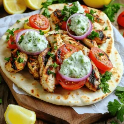 - 2 large chicken breasts - 3 cloves garlic, minced - 1 tablespoon dried oregano - 1 tablespoon ground cumin - 1 teaspoon smoked paprika - 1 lemon, juiced - 3 tablespoons olive oil - Salt and pepper to taste - 1 cup Greek yogurt - 1 cucumber, grated and drained - 1 small red onion, thinly sliced - 1 large tomato, diced - Fresh parsley, chopped - Lemon wedges - Additional vegetables like bell peppers or kalamata olives When you gather these ingredients, you set the stage for a great meal. The chicken breasts serve as the main star, while garlic and spices add depth. Lemon juice brightens every bite. The tzatziki sauce brings creaminess and freshness that pairs perfectly with the chicken. I love using fresh parsley as it adds a pop of color and flavor. You can also play with the garnishes. Lemon wedges add zest, while bell peppers or olives can enhance the dish. These details help create a beautiful and tasty dish that everyone will enjoy. For the full recipe, check out the complete guide. To start, you need to create a flavorful marinade. In a bowl, combine: - 3 cloves garlic, minced - 1 tablespoon dried oregano - 1 tablespoon ground cumin - 1 teaspoon smoked paprika - Juice from 1 lemon - 3 tablespoons olive oil - Salt and pepper to taste Mix these well until you have a smooth blend. Next, add the sliced chicken breasts to the marinade. Make sure each piece gets coated. Cover the bowl and refrigerate for at least 30 minutes. For more flavor, you can marinate it for up to 2 hours. While the chicken marinates, prepare the tzatziki. In a new bowl, mix: - 1 cup Greek yogurt - 1 cucumber, grated and drained - A pinch of salt - A dash of pepper Stir these together and set the mixture aside. Letting it rest allows the flavors to meld, enhancing the taste. Now it’s time to cook! Heat a grill pan over medium-high heat. Once it’s hot, add the marinated chicken in a single layer. Cook the chicken for about 6-8 minutes, flipping it once. You want it to be charred and cooked through. After cooking, let the chicken rest for a couple of minutes before slicing it into smaller pieces. To put everything together, warm your pita bread in a pan or oven for about a minute on each side. Now, assemble your gyros by placing a generous amount of chicken on each pita. Add your toppings: sliced onions, diced tomatoes, and a dollop of tzatziki sauce. Finally, garnish with fresh parsley before folding the pita to enclose the filling. For the full recipe, check out the detailed instructions above! To get the best flavor in your chicken gyros, marinate the chicken. I suggest marinating for at least 30 minutes. For extra flavor, try marinating overnight. This gives the spices time to soak in. When cooking the chicken, you can use a grill or a skillet. A grill gives great char and smoky flavor. If you use a skillet, make sure it is hot before adding the chicken. Cook for about 6-8 minutes per side. This will help you get perfectly charred chicken. Let the chicken rest for a few minutes after cooking. This keeps it juicy. For a nice presentation, serve your gyros on a wooden board. Line the board with parchment paper for a rustic look. Add lemon wedges and a bowl of tzatziki for dipping. You can also serve a side of Greek salad or roasted vegetables to complete the meal. These sides make your dining experience even better. If you want to explore more ideas, check the Full Recipe for more serving tips. {{image_2}} You can change the chicken in gyros to lamb, beef, or even plant-based proteins. Each meat brings a unique taste. If you use lamb, add a bit more garlic and oregano for a richer flavor. For beef, try using smoky spices like paprika. Plant-based options, like tofu or tempeh, work great, too. Just ensure you adjust seasonings to match the protein. If you need gluten-free gyros, there are great pita alternatives. Look for gluten-free pita bread or wraps made from rice or corn. You can also use lettuce leaves instead of pita for a fresh, crunchy option. This keeps all the great flavors while fitting your diet. To make vegetarian gyros, try grilled vegetables like zucchini, eggplant, and bell peppers. These add nice flavor and texture. Falafel is another tasty choice. It’s crispy and full of spices. Top your gyros with fresh ingredients like cucumbers, tomatoes, and feta cheese. This enhances the flavors and gives a nice crunch. For the full recipe, check out the [Full Recipe]. Store your chicken and tzatziki in airtight containers. This helps keep them fresh. Use glass or plastic containers with tight lids. Place chicken in one container and tzatziki in another. Make sure to cool them down before sealing. This keeps moisture from forming inside. To reheat chicken, use a skillet on low heat. Add a splash of water to keep it moist. Cover the skillet to trap steam. Heat gently until warm. For pita bread, warm it in a dry pan for 30 seconds on each side. You can also wrap it in foil and place it in the oven for a few minutes. You can freeze grilled chicken for later use. Place it in freezer bags, removing as much air as possible. It lasts for about three months. For tzatziki, freeze in ice cube trays. Once frozen, transfer cubes to a freezer bag. This way, you avoid spoilage and can use it as needed. For the full recipe, check out the [Full Recipe]. To serve Greek Chicken Gyros, focus on presentation. Use a wooden board or platter. Line it with parchment paper for a nice touch. Place the gyros on the board, and add lemon wedges for zest. Include a small bowl of tzatziki for dipping. This makes it fun and interactive. Yes, you can make Greek Chicken Gyros ahead of time. Marinate the chicken a day before. Cook the chicken and store it in the fridge. You can also prepare the tzatziki sauce ahead. Just keep it in a sealed container. If you need a substitute for Greek yogurt, use regular yogurt. You can also use sour cream or cashew cream. These options keep the creamy texture. Check for lactose-free versions if needed. To keep chicken juicy, marinate it for at least 30 minutes. Use olive oil to lock in moisture. Cook it over medium-high heat but do not overcook. Let it rest for a few minutes before slicing. This helps keep all the juices inside. A serving of Greek Chicken Gyros has about 400 calories. It contains around 16 grams of fat and 35 grams of protein. The gyros also provide vitamins from the veggies. Check the full recipe for more detailed nutritional info. In this post, we explored making Greek Chicken Gyros with simple yet flavorful ingredients. We looked at how to prepare the marinade, create a tasty tzatziki sauce, and assemble the gyros. Remember, marinating the chicken enhances flavor, and you can try various proteins or vegetarian options. Storing leftovers properly helps keep the meal fresh. Overall, Greek Chicken Gyros are satisfying and easy to share, making them great for any meal. Enjoy crafting this delicious dish at home!