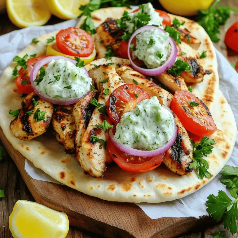 - 2 large chicken breasts - 3 cloves garlic, minced - 1 tablespoon dried oregano - 1 tablespoon ground cumin - 1 teaspoon smoked paprika - 1 lemon, juiced - 3 tablespoons olive oil - Salt and pepper to taste - 1 cup Greek yogurt - 1 cucumber, grated and drained - 1 small red onion, thinly sliced - 1 large tomato, diced - Fresh parsley, chopped - Lemon wedges - Additional vegetables like bell peppers or kalamata olives When you gather these ingredients, you set the stage for a great meal. The chicken breasts serve as the main star, while garlic and spices add depth. Lemon juice brightens every bite. The tzatziki sauce brings creaminess and freshness that pairs perfectly with the chicken. I love using fresh parsley as it adds a pop of color and flavor. You can also play with the garnishes. Lemon wedges add zest, while bell peppers or olives can enhance the dish. These details help create a beautiful and tasty dish that everyone will enjoy. For the full recipe, check out the complete guide. To start, you need to create a flavorful marinade. In a bowl, combine: - 3 cloves garlic, minced - 1 tablespoon dried oregano - 1 tablespoon ground cumin - 1 teaspoon smoked paprika - Juice from 1 lemon - 3 tablespoons olive oil - Salt and pepper to taste Mix these well until you have a smooth blend. Next, add the sliced chicken breasts to the marinade. Make sure each piece gets coated. Cover the bowl and refrigerate for at least 30 minutes. For more flavor, you can marinate it for up to 2 hours. While the chicken marinates, prepare the tzatziki. In a new bowl, mix: - 1 cup Greek yogurt - 1 cucumber, grated and drained - A pinch of salt - A dash of pepper Stir these together and set the mixture aside. Letting it rest allows the flavors to meld, enhancing the taste. Now it’s time to cook! Heat a grill pan over medium-high heat. Once it’s hot, add the marinated chicken in a single layer. Cook the chicken for about 6-8 minutes, flipping it once. You want it to be charred and cooked through. After cooking, let the chicken rest for a couple of minutes before slicing it into smaller pieces. To put everything together, warm your pita bread in a pan or oven for about a minute on each side. Now, assemble your gyros by placing a generous amount of chicken on each pita. Add your toppings: sliced onions, diced tomatoes, and a dollop of tzatziki sauce. Finally, garnish with fresh parsley before folding the pita to enclose the filling. For the full recipe, check out the detailed instructions above! To get the best flavor in your chicken gyros, marinate the chicken. I suggest marinating for at least 30 minutes. For extra flavor, try marinating overnight. This gives the spices time to soak in. When cooking the chicken, you can use a grill or a skillet. A grill gives great char and smoky flavor. If you use a skillet, make sure it is hot before adding the chicken. Cook for about 6-8 minutes per side. This will help you get perfectly charred chicken. Let the chicken rest for a few minutes after cooking. This keeps it juicy. For a nice presentation, serve your gyros on a wooden board. Line the board with parchment paper for a rustic look. Add lemon wedges and a bowl of tzatziki for dipping. You can also serve a side of Greek salad or roasted vegetables to complete the meal. These sides make your dining experience even better. If you want to explore more ideas, check the Full Recipe for more serving tips. {{image_2}} You can change the chicken in gyros to lamb, beef, or even plant-based proteins. Each meat brings a unique taste. If you use lamb, add a bit more garlic and oregano for a richer flavor. For beef, try using smoky spices like paprika. Plant-based options, like tofu or tempeh, work great, too. Just ensure you adjust seasonings to match the protein. If you need gluten-free gyros, there are great pita alternatives. Look for gluten-free pita bread or wraps made from rice or corn. You can also use lettuce leaves instead of pita for a fresh, crunchy option. This keeps all the great flavors while fitting your diet. To make vegetarian gyros, try grilled vegetables like zucchini, eggplant, and bell peppers. These add nice flavor and texture. Falafel is another tasty choice. It’s crispy and full of spices. Top your gyros with fresh ingredients like cucumbers, tomatoes, and feta cheese. This enhances the flavors and gives a nice crunch. For the full recipe, check out the [Full Recipe]. Store your chicken and tzatziki in airtight containers. This helps keep them fresh. Use glass or plastic containers with tight lids. Place chicken in one container and tzatziki in another. Make sure to cool them down before sealing. This keeps moisture from forming inside. To reheat chicken, use a skillet on low heat. Add a splash of water to keep it moist. Cover the skillet to trap steam. Heat gently until warm. For pita bread, warm it in a dry pan for 30 seconds on each side. You can also wrap it in foil and place it in the oven for a few minutes. You can freeze grilled chicken for later use. Place it in freezer bags, removing as much air as possible. It lasts for about three months. For tzatziki, freeze in ice cube trays. Once frozen, transfer cubes to a freezer bag. This way, you avoid spoilage and can use it as needed. For the full recipe, check out the [Full Recipe]. To serve Greek Chicken Gyros, focus on presentation. Use a wooden board or platter. Line it with parchment paper for a nice touch. Place the gyros on the board, and add lemon wedges for zest. Include a small bowl of tzatziki for dipping. This makes it fun and interactive. Yes, you can make Greek Chicken Gyros ahead of time. Marinate the chicken a day before. Cook the chicken and store it in the fridge. You can also prepare the tzatziki sauce ahead. Just keep it in a sealed container. If you need a substitute for Greek yogurt, use regular yogurt. You can also use sour cream or cashew cream. These options keep the creamy texture. Check for lactose-free versions if needed. To keep chicken juicy, marinate it for at least 30 minutes. Use olive oil to lock in moisture. Cook it over medium-high heat but do not overcook. Let it rest for a few minutes before slicing. This helps keep all the juices inside. A serving of Greek Chicken Gyros has about 400 calories. It contains around 16 grams of fat and 35 grams of protein. The gyros also provide vitamins from the veggies. Check the full recipe for more detailed nutritional info. In this post, we explored making Greek Chicken Gyros with simple yet flavorful ingredients. We looked at how to prepare the marinade, create a tasty tzatziki sauce, and assemble the gyros. Remember, marinating the chicken enhances flavor, and you can try various proteins or vegetarian options. Storing leftovers properly helps keep the meal fresh. Overall, Greek Chicken Gyros are satisfying and easy to share, making them great for any meal. Enjoy crafting this delicious dish at home!