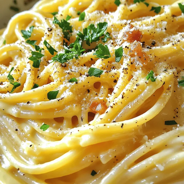 To make Easy Spaghetti Carbonara, you need just a few simple ingredients: - 12 oz spaghetti - 4 oz pancetta or guanciale, diced - 2 large eggs - 1 cup grated Parmesan cheese - 2 cloves garlic, minced - 1 tablespoon olive oil - Freshly cracked black pepper, to taste - Salt, for pasta water - Fresh parsley, chopped, for garnish These ingredients create a creamy, rich sauce that coats the pasta perfectly. The pancetta adds a salty bite, while the eggs and cheese blend into a silky sauce. While the recipe shines on its own, you can add some fun extras: - Extra grated Parmesan cheese - Red pepper flakes for a kick - Fresh basil or chives for freshness - A side salad with light dressing These options enhance the dish and add color to your plate. If you can't find pancetta, you can swap it with bacon or prosciutto. They will also add great flavor. For a vegetarian option, skip the meat entirely and use mushrooms for depth. If you don't have Parmesan, Pecorino Romano works well too, giving a nice sharpness. For the best results, stick to the recipe in the Full Recipe. You’ll enjoy a delightful meal that impresses everyone! First, grab a large pot. Fill it with water and add salt. Bring the water to a boil. Once boiling, add 12 oz of spaghetti. Cook it until al dente, about 8 to 10 minutes. Check the package for exact times. When it's done, save 1 cup of the pasta water. Drain the spaghetti and set it aside. Next, take a medium bowl. In it, whisk together 2 large eggs and 1 cup of grated Parmesan cheese. Mix them well until they are smooth and creamy. This will be your sauce. Set the bowl aside for now. Heat a large skillet over medium heat. Add 1 tablespoon of olive oil and 4 oz of diced pancetta. Cook until the pancetta is crispy, which takes about 4-5 minutes. Then, add 2 cloves of minced garlic and sauté for 1 more minute. Remove the skillet from the heat. Now, add your drained spaghetti to the skillet, tossing it with the pancetta. Pour the egg and cheese mixture over the spaghetti. Mix quickly to coat the pasta evenly. If the sauce is too thick, add some reserved pasta water a little at a time. Keep stirring until you get a creamy sauce. Add freshly cracked black pepper to taste. Serve your spaghetti carbonara warm, garnished with fresh parsley and extra Parmesan if you like. Enjoy your meal! Check the [Full Recipe] for more details. To get that creamy texture, use room-temperature eggs. Cold eggs can make the sauce clump. Mix the eggs and cheese well before adding them to the pasta. This will help the sauce coat the spaghetti evenly. Add reserved pasta water slowly. It helps to adjust the sauce's thickness. You want it creamy, not soupy. To keep the eggs smooth, take the skillet off the heat. Then, quickly mix in the egg and cheese mixture. This step is key! The heat from the spaghetti will cook the eggs gently. If the skillet stays on the heat, you risk scrambling the eggs. Remember, you want a silky sauce, not scrambled eggs. Serve your spaghetti carbonara right away. It tastes best when fresh. Use a large bowl or plate to show off the dish. Add a sprinkle of extra cheese and some black pepper on top. A touch of chopped parsley adds color and freshness. The visual appeal makes a big difference in how the dish is enjoyed. For more details, check out the Full Recipe. {{image_2}} If you want a meat-free version, try using mushrooms. They add great flavor and texture. You can sauté sliced mushrooms in olive oil. Add garlic and cook until they are soft. Use the same technique with your carbonara sauce. The creamy mixture and cheese will still shine. Another option is to use smoked tofu. It gives a unique taste and makes the dish hearty. Traditional carbonara uses pancetta or guanciale. But you can switch it up! Bacon works great and adds a smoky flavor. If you prefer ham, use diced pieces and sauté them. For a richer taste, try adding sausage. Remove the casing and crumble it in the pan. Each meat option brings its own twist to the dish. To spice things up, add more black pepper. Freshly cracked pepper gives a nice kick. You can also use red pepper flakes for extra heat. If you love chilis, chop some fresh ones and sauté them with the garlic. Adjust the amount based on your taste. This spicy twist makes the dish exciting and bold. These variations allow you to customize your spaghetti carbonara. The full recipe can guide you through any choice you make! Store leftover spaghetti carbonara in an airtight container. Let it cool before sealing. This keeps the pasta fresh. It can last in the fridge for up to three days. If you want to enjoy it later, make sure to store it properly. To reheat, use a skillet on low heat. Add a splash of water to help it warm up. Stir gently until hot. This keeps the creamy texture nice. You can also microwave it, but cover it with a damp paper towel to prevent drying. Freezing spaghetti carbonara is not ideal, but you can do it. Place it in a freezer-safe container. It can last for up to two months. When you're ready to eat, thaw it in the fridge overnight. Reheat it gently, adding a bit of water if needed. Enjoy the creamy goodness! For the full recipe, check out the full recipe section. Spaghetti Carbonara comes from Italy. It is a dish from Rome. The name "Carbonara" may mean "coal worker" in Italian. This could relate to the black pepper used. The dish uses simple ingredients, which were easy to find. It became popular during World War II. American soldiers added bacon and eggs to pasta. This mix gave birth to the Carbonara we know today. Traditionally, Carbonara does not use cream. The dish gets its creaminess from eggs and cheese. Some people add cream for a richer taste. If you prefer a creamy sauce, feel free to try it. Just remember, it changes the classic flavor. Stick to the simple recipe for authentic taste. To make gluten-free Spaghetti Carbonara, choose gluten-free pasta. Many brands now offer great options. Cook the gluten-free pasta just like regular pasta. Follow the same steps in the recipe. Use the [Full Recipe] as a guide. Your meal will still be delicious and creamy! In this post, we explored making easy spaghetti carbonara. We covered key ingredients, step-by-step cooking, and helpful tips. We also shared ways to make variations and storage suggestions. This classic dish can fit many tastes. You can make it with meat or keep it vegetarian. Enjoy experimenting and find what you love! Now you’re ready to cook a delicious meal.