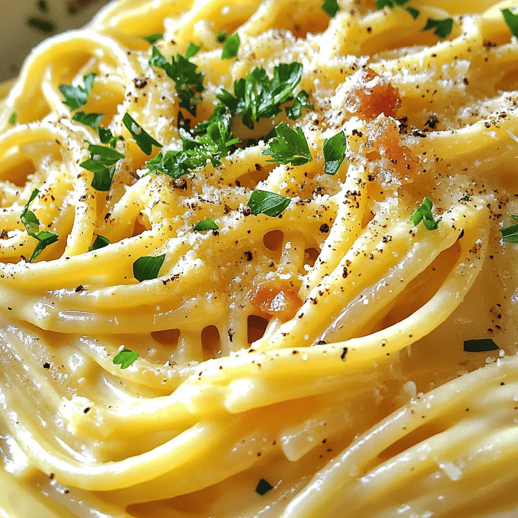 To make Easy Spaghetti Carbonara, you need just a few simple ingredients: - 12 oz spaghetti - 4 oz pancetta or guanciale, diced - 2 large eggs - 1 cup grated Parmesan cheese - 2 cloves garlic, minced - 1 tablespoon olive oil - Freshly cracked black pepper, to taste - Salt, for pasta water - Fresh parsley, chopped, for garnish These ingredients create a creamy, rich sauce that coats the pasta perfectly. The pancetta adds a salty bite, while the eggs and cheese blend into a silky sauce. While the recipe shines on its own, you can add some fun extras: - Extra grated Parmesan cheese - Red pepper flakes for a kick - Fresh basil or chives for freshness - A side salad with light dressing These options enhance the dish and add color to your plate. If you can't find pancetta, you can swap it with bacon or prosciutto. They will also add great flavor. For a vegetarian option, skip the meat entirely and use mushrooms for depth. If you don't have Parmesan, Pecorino Romano works well too, giving a nice sharpness. For the best results, stick to the recipe in the Full Recipe. You’ll enjoy a delightful meal that impresses everyone! First, grab a large pot. Fill it with water and add salt. Bring the water to a boil. Once boiling, add 12 oz of spaghetti. Cook it until al dente, about 8 to 10 minutes. Check the package for exact times. When it's done, save 1 cup of the pasta water. Drain the spaghetti and set it aside. Next, take a medium bowl. In it, whisk together 2 large eggs and 1 cup of grated Parmesan cheese. Mix them well until they are smooth and creamy. This will be your sauce. Set the bowl aside for now. Heat a large skillet over medium heat. Add 1 tablespoon of olive oil and 4 oz of diced pancetta. Cook until the pancetta is crispy, which takes about 4-5 minutes. Then, add 2 cloves of minced garlic and sauté for 1 more minute. Remove the skillet from the heat. Now, add your drained spaghetti to the skillet, tossing it with the pancetta. Pour the egg and cheese mixture over the spaghetti. Mix quickly to coat the pasta evenly. If the sauce is too thick, add some reserved pasta water a little at a time. Keep stirring until you get a creamy sauce. Add freshly cracked black pepper to taste. Serve your spaghetti carbonara warm, garnished with fresh parsley and extra Parmesan if you like. Enjoy your meal! Check the [Full Recipe] for more details. To get that creamy texture, use room-temperature eggs. Cold eggs can make the sauce clump. Mix the eggs and cheese well before adding them to the pasta. This will help the sauce coat the spaghetti evenly. Add reserved pasta water slowly. It helps to adjust the sauce's thickness. You want it creamy, not soupy. To keep the eggs smooth, take the skillet off the heat. Then, quickly mix in the egg and cheese mixture. This step is key! The heat from the spaghetti will cook the eggs gently. If the skillet stays on the heat, you risk scrambling the eggs. Remember, you want a silky sauce, not scrambled eggs. Serve your spaghetti carbonara right away. It tastes best when fresh. Use a large bowl or plate to show off the dish. Add a sprinkle of extra cheese and some black pepper on top. A touch of chopped parsley adds color and freshness. The visual appeal makes a big difference in how the dish is enjoyed. For more details, check out the Full Recipe. {{image_2}} If you want a meat-free version, try using mushrooms. They add great flavor and texture. You can sauté sliced mushrooms in olive oil. Add garlic and cook until they are soft. Use the same technique with your carbonara sauce. The creamy mixture and cheese will still shine. Another option is to use smoked tofu. It gives a unique taste and makes the dish hearty. Traditional carbonara uses pancetta or guanciale. But you can switch it up! Bacon works great and adds a smoky flavor. If you prefer ham, use diced pieces and sauté them. For a richer taste, try adding sausage. Remove the casing and crumble it in the pan. Each meat option brings its own twist to the dish. To spice things up, add more black pepper. Freshly cracked pepper gives a nice kick. You can also use red pepper flakes for extra heat. If you love chilis, chop some fresh ones and sauté them with the garlic. Adjust the amount based on your taste. This spicy twist makes the dish exciting and bold. These variations allow you to customize your spaghetti carbonara. The full recipe can guide you through any choice you make! Store leftover spaghetti carbonara in an airtight container. Let it cool before sealing. This keeps the pasta fresh. It can last in the fridge for up to three days. If you want to enjoy it later, make sure to store it properly. To reheat, use a skillet on low heat. Add a splash of water to help it warm up. Stir gently until hot. This keeps the creamy texture nice. You can also microwave it, but cover it with a damp paper towel to prevent drying. Freezing spaghetti carbonara is not ideal, but you can do it. Place it in a freezer-safe container. It can last for up to two months. When you're ready to eat, thaw it in the fridge overnight. Reheat it gently, adding a bit of water if needed. Enjoy the creamy goodness! For the full recipe, check out the full recipe section. Spaghetti Carbonara comes from Italy. It is a dish from Rome. The name "Carbonara" may mean "coal worker" in Italian. This could relate to the black pepper used. The dish uses simple ingredients, which were easy to find. It became popular during World War II. American soldiers added bacon and eggs to pasta. This mix gave birth to the Carbonara we know today. Traditionally, Carbonara does not use cream. The dish gets its creaminess from eggs and cheese. Some people add cream for a richer taste. If you prefer a creamy sauce, feel free to try it. Just remember, it changes the classic flavor. Stick to the simple recipe for authentic taste. To make gluten-free Spaghetti Carbonara, choose gluten-free pasta. Many brands now offer great options. Cook the gluten-free pasta just like regular pasta. Follow the same steps in the recipe. Use the [Full Recipe] as a guide. Your meal will still be delicious and creamy! In this post, we explored making easy spaghetti carbonara. We covered key ingredients, step-by-step cooking, and helpful tips. We also shared ways to make variations and storage suggestions. This classic dish can fit many tastes. You can make it with meat or keep it vegetarian. Enjoy experimenting and find what you love! Now you’re ready to cook a delicious meal.