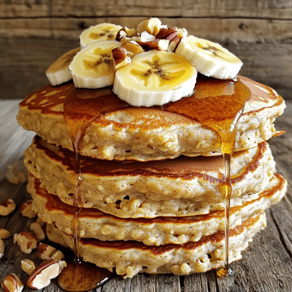 To make delicious banana oatmeal pancakes, gather these simple items: - 1 cup rolled oats - 1 ripe banana, mashed - 1 cup milk (dairy or non-dairy) - 1 tablespoon honey or maple syrup - 1/2 teaspoon baking powder - 1/2 teaspoon vanilla extract - 1/4 teaspoon cinnamon - Pinch of salt - Coconut oil or butter for cooking - Optional toppings: sliced bananas, nuts, yogurt, or maple syrup These ingredients come together to create a tasty and nutritious meal. The rolled oats offer fiber and energy. The ripe banana adds natural sweetness and moisture. You can choose any milk you like, whether dairy or non-dairy. Honey or maple syrup gives extra flavor and sweetness. Baking powder helps the pancakes rise, making them light and fluffy. Vanilla and cinnamon add warm, comforting notes. Finally, a pinch of salt balances all the flavors. When you gather these ingredients, you set the stage for a fun cooking experience. You can also customize your pancakes with toppings. Sliced bananas, nuts, or a drizzle of syrup can make each bite special. These pancakes are not only quick to make but also satisfying. For the full recipe, follow the instructions in the next section. Enjoy your cooking! First, grab your rolled oats. Place them in a blender. Blend until they become a fine flour. This step is key for the pancake's texture. A good blend helps the oats mix well with other ingredients. You want a smooth base for your pancakes. Next, take a mixing bowl. Add the blended oats and the mashed banana. Then pour in the milk. You can use dairy or any non-dairy milk you like. Now add honey or maple syrup, baking powder, vanilla extract, cinnamon, and a pinch of salt. Mix everything well until you have a smooth batter. Letting the batter rest for five minutes helps it thicken. Heat a non-stick skillet over medium heat. Add a small amount of coconut oil or butter to coat the pan. Pour about 1/4 cup of batter onto the skillet. Cook for 2-3 minutes or until you see bubbles on the surface. When the edges look set, flip the pancake. Cook for another 1-2 minutes until golden brown. Remove and keep warm, then repeat with the remaining batter. Serve warm with your choice of toppings like sliced bananas or maple syrup. For the full recipe, refer to the section above. To get fluffy pancakes, let the batter rest for five minutes. This helps the oats soak up moisture. If your batter seems too thick, add a splash of milk. If it’s too thin, add a bit more blended oats. The right balance gives you light and airy pancakes. Use a non-stick skillet for easy flipping. A spatula helps you turn the pancakes without breaking them. A blender makes quick work of turning oats into flour. A mixing bowl is great for combining all your ingredients. These tools make the process smooth and fun! Avoid overmixing the batter. This can lead to tough pancakes. Don't skip the resting time; it’s key to fluffiness. Watch the heat on your skillet. If it's too high, pancakes might burn outside and stay raw inside. Lastly, don’t be afraid to experiment with toppings to enhance flavors. Check out the Full Recipe for more tips! {{image_2}} You can easily swap ingredients to make these pancakes even healthier. Use almond milk or oat milk instead of regular milk. Try adding flaxseed meal for extra fiber. You can also replace honey with mashed dates for natural sweetness. Want to jazz up your pancakes? Add chocolate chips for a sweet treat. Chopped walnuts or pecans bring a nice crunch. You can even mix in some berries like blueberries or strawberries for a fruity twist. Each bite will be a delightful surprise! If you're gluten-free, don't worry! You can use certified gluten-free oats. This makes your pancakes safe for your diet. Just blend the oats as usual and follow the Full Recipe. Enjoy your tasty, gluten-free breakfast without any worry! Store leftover banana oatmeal pancakes in an airtight container. Keep them in the fridge for up to three days. This way, they stay fresh and tasty for breakfast or snacks. If you have extra pancakes, layer them with parchment paper to prevent sticking. To reheat pancakes, use a microwave or a skillet. For the microwave, place pancakes on a plate and heat for 20-30 seconds. Check if they are warm enough. If using a skillet, heat over low heat for a few minutes. This keeps them soft and delicious. You can freeze pancakes for up to two months. Place parchment paper between each pancake, then put them in a freezer bag. When you want to eat them, thaw pancakes in the fridge overnight. Reheat them as mentioned above, and enjoy your yummy banana oatmeal pancakes anytime! Banana oatmeal pancakes are packed with nutrients. They provide good fiber from oats, which helps digestion. Bananas add potassium, which is great for heart health. You also get energy from the carbs in oats and bananas. Plus, if you use milk, you get protein and calcium. These pancakes can help keep you full and satisfied. Yes, you can easily make these pancakes vegan. To do this, just replace the milk with any non-dairy milk, like almond or oat milk. Instead of honey, use maple syrup or agave syrup. This way, you keep the flavor and make it plant-based. It's a simple swap that still tastes great! You can make these pancakes without a blender by using quick oats instead of rolled oats. Just mix the oats with the other ingredients in a bowl. You can mash the banana well with a fork to mix it in. Stir everything until smooth, and you are ready to cook. This method keeps it easy and still delicious! You can follow the Full Recipe for step-by-step instructions. You now have everything you need to make delicious banana oatmeal pancakes. We covered all the key ingredients and the step-by-step process. Tips for perfect texture and common mistakes help you get it right every time. Don't forget the fun variations to keep things fresh. These pancakes are easy, healthy, and can fit your diet. Plus, they store well for later use. Dive in, grab your ingredients, and enjoy a tasty breakfast!
