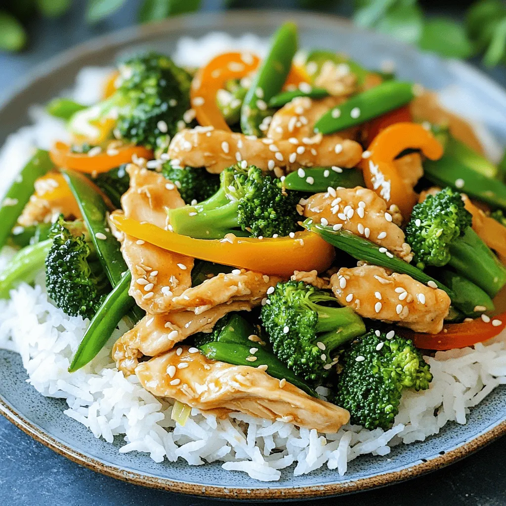 - 1 pound boneless, skinless chicken breasts - 2 cups broccoli florets - 1 bell pepper, sliced - 1 cup snap peas - 3 cloves garlic, minced - 1 tablespoon fresh ginger, grated - 3 tablespoons soy sauce - 1 tablespoon oyster sauce - 1 tablespoon sesame oil - Alternative vegetables like carrots or zucchini - Garnishes: sesame seeds, chopped green onions - Salt and pepper to taste - 1 teaspoon honey for sweetness Gathering the right ingredients is key to a great stir fry. I love using fresh chicken for its tender texture. Broccoli adds crunch and color. Bell peppers and snap peas bring sweetness and a pop of freshness. Don't forget garlic and ginger; they add a rich flavor. You can swap in other veggies if you like. Carrots and zucchini work well too! For a nice finish, sprinkle some sesame seeds or green onions on top. This adds visual appeal and a nice crunch. For seasoning, a pinch of salt and pepper is all you need. If you want a touch of sweetness, add honey. It balances the salty flavors from the soy and oyster sauces. Every ingredient plays a part in this tasty dish. When you use fresh items, your stir fry will shine. Check out the Full Recipe for all the details! To start, you need to marinate the chicken. In a bowl, mix these ingredients: - 1 pound boneless, skinless chicken breasts, thinly sliced - 3 tablespoons soy sauce - 1 tablespoon oyster sauce - 1 tablespoon sesame oil - 1 teaspoon honey This mix adds flavor and keeps the chicken juicy. Let the chicken sit in the marinade for 15 to 20 minutes. This time helps the chicken soak up the flavors. Now, let's heat the wok or skillet. Add 1 tablespoon of vegetable oil over medium-high heat. Once hot, add the marinated chicken. Stir-fry the chicken for 5 to 7 minutes. Cook until it turns brown and is no longer pink. Remove the chicken from the pan and set it aside. In the same wok, add another tablespoon of vegetable oil. Then, toss in 3 cloves of minced garlic and 1 tablespoon of grated ginger. Sauté them for about 30 seconds until they smell great. Next, add the fresh veggies: - 2 cups broccoli florets - 1 bell pepper, sliced - 1 cup snap peas Stir-fry these for 3 to 5 minutes. You want them tender but still crunchy. Now, return the cooked chicken to the wok with the veggies. Pour in 1 teaspoon of cornstarch mixed with 2 tablespoons of water. Stir everything well to combine. Cook for another 2 to 3 minutes until the sauce thickens. It should coat the chicken and veggies nicely. Taste and add salt and pepper as needed. Serve your chicken and broccoli stir fry hot over cooked jasmine rice. Garnish with sesame seeds for a nice touch. Enjoy your simple and quick meal! For the full recipe, check the details above. To achieve tender chicken, use thin slices. Marinate the chicken to enhance flavor. I suggest letting it sit for 15 to 20 minutes. This adds moisture and taste. Avoid overcooking vegetables by keeping them crisp. Stir-fry them for just a few minutes. You want them bright and colorful. This keeps nutrients intact. To increase umami, try adding a splash of fish sauce. You can also use mushrooms for more depth. They add a rich, savory taste. If you like spice, add chili flakes or sriracha. Just a little goes a long way. You can adjust the heat to your liking. Serve the stir fry over fluffy jasmine rice. This adds a nice base and absorbs the sauce. It makes the dish more filling and satisfying. For garnishing, sprinkle sesame seeds on top. You can also use chopped green onions. This makes the dish look bright and appealing. {{image_2}} You can easily switch up the protein in your stir fry. Tofu is a great choice for a plant-based meal. It absorbs flavors well and gives a nice texture. Shrimp is another option if you like seafood. It cooks quickly and adds a lovely taste. If you prefer poultry, you can use turkey or duck instead of chicken. They both bring unique flavors to the dish. Feel free to use any seasonal vegetables you have on hand. Carrots, zucchini, or mushrooms can add different textures and tastes. Frozen vegetables are also a smart choice. They are quick to prepare and often just as good as fresh ones. Just make sure to thaw them before adding them to the stir fry for even cooking. You can create your own sauce if you want something special. Try mixing soy sauce with lime juice for a zesty twist. If you need a low-sodium option, look for low-sodium soy sauce at the store. You can also use coconut aminos as a great alternative. It adds a sweet touch without the extra salt. For more flavor, add a splash of rice vinegar or a dash of chili oil. These sauces can make your meal exciting and fresh. For the complete recipe, check out the Full Recipe section. After you enjoy your chicken and broccoli stir fry, store leftovers right away. Use airtight containers to keep the food fresh. I recommend glass or BPA-free plastic containers. These help maintain taste and texture. Allow the dish to cool before sealing it. This step prevents moisture buildup inside the container. To freeze your stir fry, let it cool completely first. Then, transfer it to freezer-safe bags or containers. Press out as much air as you can to avoid freezer burn. When you're ready to eat, thaw it in the fridge overnight. Reheat it in a skillet over medium heat. Stir occasionally until heated through for the best texture. In the fridge, your leftovers will last about 3 to 4 days. Always check for signs of spoilage. Look for odd smells or changes in color. If it smells sour or looks mushy, it’s best to toss it. Staying aware of these signs keeps your meals safe and tasty. You can use several tasty alternatives to soy sauce. Try coconut aminos for a sweet and salty flavor. Tamari offers a gluten-free option. You can also use teriyaki sauce for a sweet twist. If you want something lighter, mix vinegar with a bit of honey and salt. Each option gives a unique flair to the dish. Yes, you can prepare chicken and broccoli stir fry in advance! First, marinate the chicken and chop your veggies. Store them separately in the fridge. You can stir-fry them when ready to eat. This keeps the veggies crisp and chicken juicy. For meal prep, cook a larger batch and divide into containers. This makes easy lunches or dinners for the week. I recommend jasmine rice or basmati rice for this dish. Both types of rice have a light and fragrant flavor that pairs well with stir fry. You can also use brown rice for a healthier option. It adds a nutty taste and more fiber. Cauliflower rice is a great low-carb choice too! To boost nutrition, add more vegetables like bell peppers, carrots, or snap peas. You can also include leafy greens like spinach or bok choy. For whole grains, swap jasmine rice with brown rice or quinoa. These additions increase vitamins and minerals while keeping the dish delicious. This post outlined a simple, tasty chicken stir fry. We covered the key ingredients, cooking steps, and helpful tips. You learned how to marinate chicken and enhance flavor. We also explored variations, storage tips, and some common questions. Stir fry is easy to make and great for any meal. Experiment with ingredients to suit your taste. Enjoy the process and satisfy your hunger with this healthy dish.