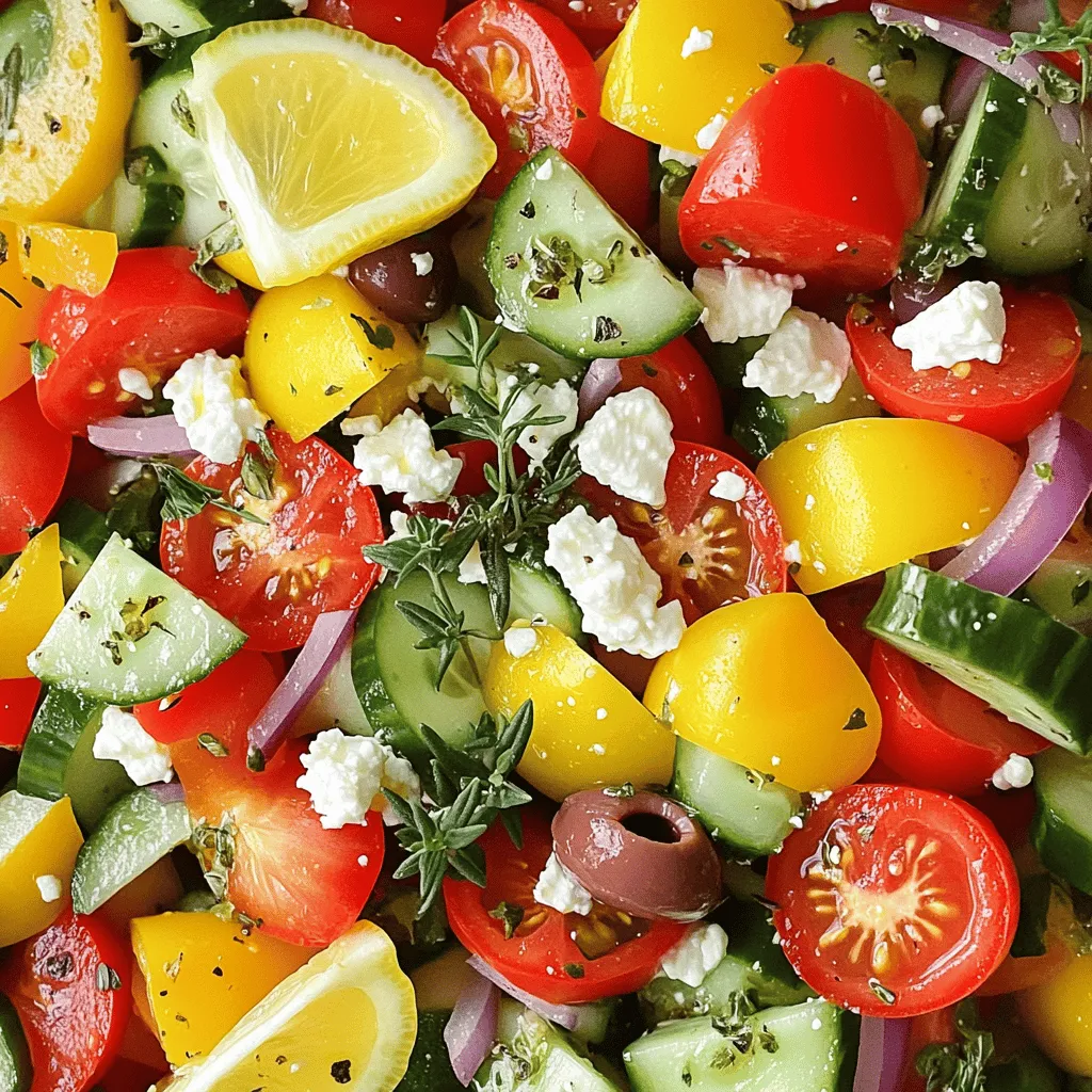 - 3 cups ripe tomatoes, chopped - 1 cucumber, diced - 1 bell pepper (red or yellow), sliced - 1 small red onion, thinly sliced - 1 cup Kalamata olives, pitted - 1 cup feta cheese, crumbled - 1/4 cup extra virgin olive oil - 2 tablespoons red wine vinegar (optional) - 1 teaspoon dried oregano - Salt and black pepper to taste The ingredients in a classic Greek salad are simple but fresh. You want bright colors and crisp flavors. The ripe tomatoes give sweetness. The cucumber adds a nice crunch. The bell pepper brings a bit of sweetness, too. A thin slice of red onion adds a sharp taste. Kalamata olives are a must. They add a briny flavor that balances the salad. Crumbled feta cheese gives it creaminess. This mix makes each bite delightful. The dressing is quick to make. Extra virgin olive oil gives richness. Red wine vinegar adds a tangy touch, but it’s optional. Dried oregano is key; it brings a warm, earthy note. Salt and pepper round out the flavors perfectly. For the full recipe, check out Mediterranean Bliss: Classic Greek Salad. Start by getting a large mixing bowl. Combine the chopped tomatoes, diced cucumber, sliced bell pepper, and thinly sliced red onion in this bowl. The mix of colors from these fresh veggies makes the salad look great. It also adds a burst of flavor with each bite. Use ripe tomatoes for juiciness and a crisp cucumber for crunch. This base is key to a tasty Greek salad. Next, incorporate the Kalamata olives and crumbled feta cheese into the bowl. The olives give a salty punch, while feta adds creaminess. You can use more or less feta, based on your taste. I love how these ingredients blend together. They bring a taste of Greece right to your kitchen. For the dressing, take a small bowl and whisk together the extra virgin olive oil, red wine vinegar (if using), dried oregano, salt, and black pepper. This dressing is simple but full of flavor. Olive oil adds richness, while vinegar brings a slight tang. The oregano adds that classic Greek taste. Mix this well until it is smooth. Now, pour the dressing over the salad. Toss everything gently to combine. Make sure all the ingredients get coated with the dressing. I usually let the salad sit for about 10-15 minutes. This waiting time lets the flavors meld together nicely. Serve this vibrant salad in a large bowl or on individual plates. It looks beautiful and tastes even better! For the full recipe, check out the Mediterranean Bliss: Classic Greek Salad. Using fresh and seasonal produce makes a big difference. I recommend visiting a local market for the best tomatoes, cucumbers, and peppers. Look for firm tomatoes, crisp cucumbers, and bright peppers. These ingredients add flavor and crunch to your Greek salad. Allowing the salad to sit for a bit helps the flavors meld. After mixing your ingredients, let them rest for 10-15 minutes. This time allows the dressing to soak into the veggies and cheese. You will taste the difference in each bite. Serving your salad on a large platter is eye-catching. Garnish with fresh oregano sprigs and lemon wedges. This adds a pop of color and a zesty aroma. A beautiful presentation makes your meal more inviting and enjoyable. For the full recipe, check out Mediterranean Bliss: Classic Greek Salad. {{image_2}} You can make your Greek salad heartier by adding proteins. Grilled chicken is a great choice. Simply season it with salt, pepper, and a bit of oregano before grilling. Slice it and place it on top of your salad for added flavor and texture. Another tasty option is shrimp. Grill or sauté the shrimp until they turn pink. Add them to the salad for a seafood twist. Both options boost the protein content, making the salad more filling. While feta cheese is the classic choice, you can try other cheeses too. Goat cheese adds a tangy flavor and creaminess that many enjoy. It crumbles easily and pairs well with fresh vegetables. If you want a lighter option, consider Greek yogurt. It adds creaminess and a slight tang without the fat of cheese. Just dollop some on top before serving. Each cheese brings its own unique taste, enhancing your salad experience. Greek salad can change with the seasons. In summer, add fresh zucchini or cucumbers for crunch. Thinly slice the zucchini and toss it in with the other veggies. In fall or spring, try adding radishes for a peppery kick. They add a nice crunch that contrasts with the softer ingredients. Using seasonal veggies not only enhances flavor but also supports local farmers and reduces your carbon footprint. Enjoy the freshness of each season in your salad! After enjoying your Classic Greek Salad, store any leftovers in an airtight container. This keeps the salad fresh longer. Place the container in the refrigerator right away. This helps to maintain the crispness of the vegetables. For the best taste, consume your salad within 2-3 days. After this time, the veggies start to lose their crunch. The flavors may also dull, making it less enjoyable. You can prep your ingredients in advance. Chop the vegetables and store them separately. However, add the dressing just before serving. This keeps everything fresh and vibrant. Your salad will taste much better this way! Check out the [Full Recipe] for more details. A traditional Greek salad includes fresh ingredients. The main parts are ripe tomatoes, cucumbers, bell peppers, red onions, Kalamata olives, and feta cheese. Each ingredient adds taste and texture. The salad uses olive oil and oregano for dressing. The mix of colors looks beautiful and brightens any table. Yes, you can make this salad vegan easily. Just leave out the feta cheese. You can replace it with vegan cheese or avocado for creaminess. For the dressing, try using lemon juice and herbs instead of vinegar. This keeps the salad fresh and tasty while making it plant-based. To make this salad more filling, add grains. Quinoa or couscous works well. Cook the grains according to package directions and mix them in. They add protein and fiber, making the salad a complete meal. You can also throw in some chickpeas for extra nutrition. For the full recipe, check out Mediterranean Bliss: Classic Greek Salad. This Greek salad combines fresh veggies, feta, and olives for a tasty dish. You learned to prepare the salad in steps, from mixing veggies to making a flavorful dressing. Remember, fresh ingredients make all the difference. Enhancing flavors with time is key. You can add proteins for extra nutrition or try different cheeses based on your taste. Store leftovers well to keep them fresh. With these tips, you can create a refreshing and satisfying salad every time. Enjoy making this dish your own!