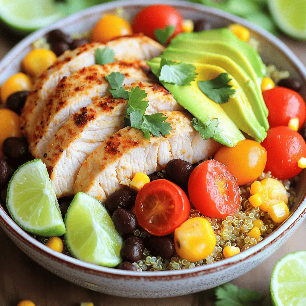 - 2 boneless, skinless chicken breasts - 1 tablespoon olive oil - 1 tablespoon taco seasoning - 1 cup cooked quinoa - 1 cup black beans, rinsed and drained - 1 cup corn kernels (fresh or frozen) - 1 red bell pepper, diced - 1 avocado, sliced - 1 cup cherry tomatoes, halved - 1/2 cup red onion, finely chopped - 1/4 cup fresh cilantro, chopped - 1 lime, cut into wedges The main ingredients for Fiesta Chicken Taco Bowls set the stage for a tasty dish. Chicken breasts are the star protein, giving you a hearty meal. The olive oil keeps the chicken moist and helps the taco seasoning stick. Taco seasoning adds bold flavors, making each bite special. Quinoa serves as a great base, adding protein and fiber. Next, we have the additional ingredients. Black beans boost the bowl with more protein and fiber. Corn kernels add a sweet crunch, while the diced red bell pepper gives a fresh taste. The sliced avocado brings creaminess to balance the textures. Finally, the toppings and garnishes elevate your bowls. Cherry tomatoes bring bright color and juicy bites. Red onion adds a sharp flavor, while cilantro offers a fresh, herbal note. A squeeze of lime juice brightens the whole dish. You can find the full recipe to create these delightful bowls. Enjoy the fun of mixing and matching all the ingredients! - Preheat the oven to 400°F (200°C). - In a small bowl, mix taco seasoning with olive oil to create a paste. - Coat chicken breasts with the seasoning paste and place on a baking sheet. - Bake for 20-25 minutes until cooked through. - Let the chicken rest before slicing. - Start with a base of cooked quinoa in serving bowls. - Layer black beans, corn, red bell pepper, cherry tomatoes, and red onion. - Top with sliced chicken and avocado; sprinkle with cilantro and lime juice. This recipe keeps it simple and fresh, making it a great meal for everyone. Don't forget to check the full recipe for more details! - Ensure chicken is cooked properly by checking internal temperature (165°F/74°C). - Use parchment paper for easy cleanup on the baking sheet. Cooking chicken can be tricky. Always check the temperature with a meat thermometer. This step keeps your meal safe and tasty. Parchment paper also makes it easy to clean up. You won’t spend time scrubbing your pans. - Marinate chicken for an hour for deeper flavor. - Use fresh lime juice over bottled for better taste. Marinating chicken adds great taste. An hour is usually enough for the flavors to soak in. Fresh lime juice beats bottled juice every time. It brightens the dish and adds freshness. - Use colorful bowls to highlight the vibrant ingredients. - Arrange toppings neatly for visual appeal. Make your taco bowls pop with colorful bowls. The bright colors of fresh veggies look great. Neatly arranged toppings make it fun to eat. A little effort in presentation makes your meal feel special. For the full recipe, check the earlier section. {{image_2}} You can easily change the protein in your Fiesta Chicken Taco Bowls. Substitute chicken with ground beef or turkey. Both options add great flavor and texture. If you want a plant-based choice, tofu works really well too. For seafood lovers, consider using grilled shrimp for a tasty twist. It adds a light, fresh flavor that pairs nicely with the other ingredients. If you prefer a vegan version, replace chicken with grilled portobello mushrooms. These mushrooms give a meaty texture and rich taste. You can also use quinoa or brown rice as your protein-rich base. Both options are healthy and filling. They absorb flavors well, making your meal even more delicious. Want to spice things up? Add fresh jalapeños for a spicy kick. They bring heat and a burst of flavor. You can also make your own spicy taco seasoning blend. This way, you can control how hot it gets. A pinch of cayenne pepper can also do the trick. Adjust the spice level to fit your taste buds and enjoy a bowl that packs a punch! Store any leftovers in airtight containers. They will stay fresh in the fridge for up to 3 days. This keeps the flavors intact and safe to eat. If you want to save some bowls for later, freeze them. Assemble the bowls without toppings. They stay good for up to 2 months. Just make sure to label the containers with the date. When you're ready to eat, reheat the bowls gently. You can use a microwave or an oven. Before serving, add fresh ingredients, like avocado or cilantro, for extra flavor. This step makes your meal taste fresh and vibrant. - Use spicy taco seasoning or add fresh jalapeños. A little heat goes a long way. You can also try adding a dash of hot sauce. Mix it in with the other toppings for a nice kick. - Yes, prep the ingredients in advance and assemble just before serving. This saves time during busy weeknights. Store the cooked chicken and veggies in separate containers in the fridge. - Great sides include tortilla chips, a green salad, or guacamole. The crunch of chips adds fun. A fresh salad keeps it light and healthy. Guacamole brings creaminess that you will love. - Yes, all ingredients are gluten-free, making it suitable for gluten-sensitive diets. You can enjoy it without worry. Always check labels if you use packaged items. - Absolutely, brown rice is a delicious and hearty alternative. It adds a nice texture and flavor. Cook it the same way as quinoa for a filling option. For the complete details, check the Full Recipe. In this blog post, we explored making tasty Fiesta Chicken Taco Bowls. We discussed the main ingredients, tips for cooking, and neat presentation ideas. You can easily customize the recipe with different proteins or spice levels. Remember, these bowls store well, making them great for meal prep. I hope you enjoy making these bowls that are both fun and healthy. Dive in and add your twist!