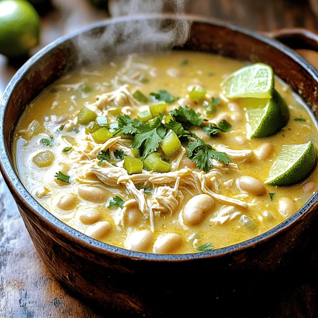 - Shredded Chicken - White Kidney Beans - Green Chilies The heart of white chicken chili lies in its key ingredients. Shredded chicken is the base of this dish. You can use leftover rotisserie chicken or cook fresh chicken. White kidney beans add a creamy texture and soak up all the flavors. Green chilies give the chili a mild heat and bright flavor. These three ingredients create a wonderful balance in your bowl. - Chicken Broth - Cumin and Oregano - Salt and Pepper Next, you need seasonings and broth. Chicken broth is essential for a rich taste. It adds depth and ties everything together. Cumin and oregano bring warmth and earthiness to the dish. Don’t forget salt and pepper for seasoning. They enhance all the other flavors. - Fresh Cilantro - Lime Wedges - Recommended Toppings Garnishes make your chili pop! Fresh cilantro adds a burst of color and fresh taste. Lime wedges give a zesty kick when squeezed on top. You can also consider toppings like avocado or cheese for extra richness. These optional garnishes elevate your dish, making it even more appealing. For the full recipe, check out the complete guide to creamy white chicken chili. Sautéing Onions and Garlic Start by heating olive oil in a large pot over medium heat. Add your diced onion and sauté it for 3 to 5 minutes. You want the onion to turn soft and clear. Then, add minced garlic. Sauté this for 1 to 2 minutes until it smells good. This step adds a nice base flavor to your chili. Combining Main Ingredients Next, stir in the shredded chicken, drained white kidney beans, and diced green chilies. Sprinkle in cumin, oregano, and some salt and pepper. Mix everything well to combine. It should look colorful and inviting. This is where the hearty base of your chili takes shape. Simmering the Chili Pour in the chicken broth and bring the mix to a gentle simmer. Let it cook for about 15 minutes, stirring every now and then. This allows the flavors to blend beautifully. The aroma will fill your kitchen, making your mouth water. Final Seasoning Adjustments After simmering, lower the heat and carefully stir in the heavy cream. This makes the chili rich and creamy. Let it simmer for another 5 minutes to thicken. Now, taste your chili and adjust the seasonings if needed. This is your chance to make it just right. Best Practices for Serving Serve your chili hot. Garnish it with fresh cilantro for a pop of color. Add lime wedges on the side for a zesty kick. This adds freshness and enhances the dish. Pairing Ideas with Side Dishes White chicken chili pairs well with cornbread or tortilla chips. You can also serve it with a fresh garden salad. These sides add crunch and balance the meal. Enjoy every comforting bite! To make the best white chicken chili, avoid common mistakes. One big mistake is overcooking the garlic. This can make it bitter. Sauté it just until fragrant. Another tip is to watch the thickness. If your chili is too thin, let it simmer longer. This will help it thicken up. You can also mash some beans to add body. If you can't find chicken, try using turkey. It works well and tastes great too. For a vegan option, swap chicken for cooked jackfruit or tofu. You can use vegetable broth instead of chicken broth. To add spiciness, consider adding diced jalapeños. You can also use cayenne pepper for a kick. Start small and taste as you go along. To boost creaminess, mix in more heavy cream or sour cream. Greek yogurt is a great choice too. It adds creaminess while keeping it light. For the full recipe, check out the Creamy White Chicken Chili. {{image_2}} White chicken chili can change based on your taste. You can make it spicy or light. - Spicy Version with Jalapeños: If you like heat, add fresh jalapeños. Chop them finely and stir them in with the onions. You can also use pickled jalapeños for a tangy flavor. Adjust the amount to fit your spice level. - Lighter Version with Greek Yogurt: For a healthier twist, swap heavy cream for Greek yogurt. This keeps the chili creamy while cutting calories. Stir it in at the end for a smooth finish. White chicken chili often reflects where you live. You can add local flavors for a twist. - Southwest-Inspired Additions: Try adding corn or black beans for a Southwest flair. These ingredients bring in sweetness and texture, making your chili even heartier. - Tex-Mex Twists: Add taco seasoning or a splash of lime juice for a Tex-Mex vibe. This gives your chili a bright, zesty taste that dances on your palate. You can easily change this recipe to fit your diet. Whether gluten-free or dairy-free, it’s simple. - Gluten-Free Options: White chicken chili is naturally gluten-free. Just check your broth and any canned ingredients to ensure they are safe. - Dairy-Free Adjustments: For a dairy-free version, use coconut milk instead of cream. This adds a hint of sweetness while keeping it creamy. Feel free to play with these ideas to make the chili yours. For the full recipe, check out the Full Recipe section. To keep your white chicken chili fresh, store it in airtight containers. Glass or plastic containers work well. Make sure to let the chili cool before sealing. This helps avoid moisture buildup. Store it in the fridge for up to 3-4 days. If you want to keep it longer, freeze the chili. Use freezer-safe containers or heavy-duty bags. Leave some space at the top to allow for expansion. For best taste, freeze within 2 days of cooking. To reheat, thaw in the fridge overnight. Heat it gently on the stove or in the microwave until hot. How long does it last? In the fridge, white chicken chili lasts 3-4 days. In the freezer, it can last up to 2-3 months. Watch for signs of spoilage. These include off smells, changes in color, or mold. Always check before eating leftovers. White chicken chili is a warm and hearty dish. It combines white beans, chicken, and green chilies. This chili has a creamy base, thanks to heavy cream and chicken broth. Key Characteristics - Uses white kidney beans instead of red beans. - It includes shredded chicken for protein. - Green chilies add a mild heat and flavor. - The creamy texture sets it apart from red chili. Difference from Traditional Chili Traditional chili often uses ground beef and red beans. It has a tomato-based sauce and bold spices. White chicken chili is lighter and has a different flavor profile. Yes, you can make white chicken chili ahead of time. This dish tastes even better the next day. Tips for Meal Prepping - Cook it fully and let it cool before storing. - Store in airtight containers in the fridge. - This chili can last for about 3-4 days. Reheating Recommendations Reheat the chili on the stove over medium heat. Stir it often to prevent sticking. Add a splash of broth if it thickens too much. This chili pairs well with various sides. You can choose simple or flavorful dishes to complement it. Suggestions for Complementary Dishes - Cornbread is a classic choice. - Serve it with tortilla chips for crunch. - A light salad adds freshness. Drinks that Pair Well Enjoy this chili with a cold beer or a crisp white wine. A sparkling water with lime is also refreshing. White chicken chili is easy to make and full of flavor. You add shredded chicken, white beans, and green chilies for a hearty base. Season it with broth, cumin, and spices for a warm taste. You can customize it with different toppings and sides to fit your meal. Remember, this dish’s charm lies in its versatility. Explore variations like spicy or lighter versions to keep it fresh. Store leftovers correctly and enjoy for days. Experimenting makes cooking fun! Enjoy your chili adventure!